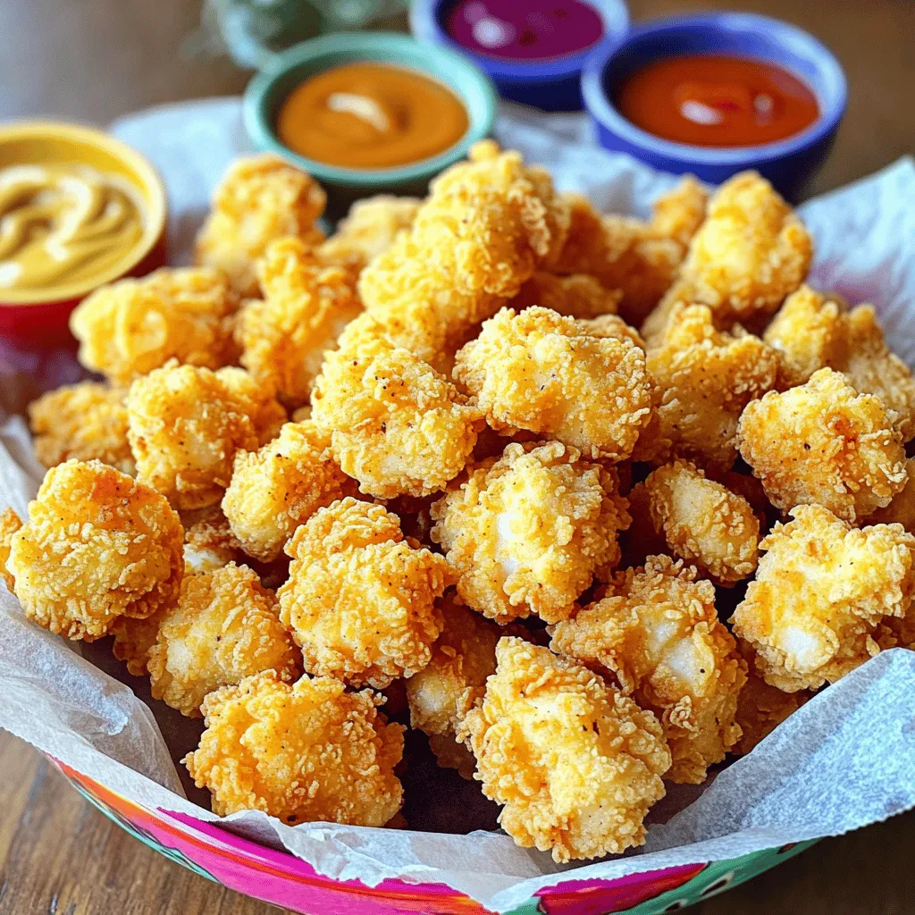 To make popcorn chicken, gather these simple ingredients: - 1 lb (450g) boneless chicken breast, cut into bite-sized pieces - 1 cup buttermilk - 1 teaspoon smoked paprika - 1 teaspoon garlic powder - 1 teaspoon onion powder - 1 teaspoon kosher salt - ½ teaspoon freshly ground black pepper - 1 cup all-purpose flour - ½ cup cornmeal - 1 teaspoon baking powder - ½ teaspoon cayenne pepper (optional for an extra kick) - Oil for frying (vegetable or canola preferred) If you want to mix it up, consider these swaps: - Use chicken thighs for a juicier bite. - Swap buttermilk with yogurt for a tangy flavor. - Try different spices like chili powder or oregano for unique tastes. - For a gluten-free option, use almond flour in place of all-purpose flour. This popcorn chicken is a tasty treat, but it’s good to know its nutrition. Each serving (about 4 pieces) has roughly: - Calories: 300 - Protein: 25g - Fat: 15g - Carbohydrates: 20g - Fiber: 1g This recipe provides a good protein source. Enjoy it as a snack or a meal. You can find the full recipe above to help you prepare this delightful dish! To make the marinade, start with a large bowl. Pour in 1 cup of buttermilk. Add 1 teaspoon of smoked paprika, garlic powder, onion powder, 1 teaspoon of kosher salt, and ½ teaspoon of black pepper. If you like heat, toss in ½ teaspoon of cayenne pepper. Whisk these until smooth. This mix adds flavor and moisture to your chicken. Now, take your 1 pound of chicken breast. Cut it into bite-sized pieces. Place the chicken in the buttermilk mixture. Make sure each piece is fully coated. Cover the bowl with plastic wrap or a lid. Refrigerate for at least 1 hour. If you can, let it sit overnight for deeper flavor. After marinating, it’s time to fry. In a medium bowl, mix 1 cup of flour, ½ cup of cornmeal, and 1 teaspoon of baking powder. Take the chicken out of the marinade, letting excess drip off. Dredge each piece in the flour-cornmeal mix until well coated. Heat oil in a skillet over medium heat. Aim for 350°F (175°C). Make sure the oil is deep enough to submerge the chicken pieces. Carefully add the chicken in batches to avoid overcrowding. Fry for about 4-5 minutes on each side. Look for a golden brown color and check the internal temp of 165°F (74°C). Once cooked, use a slotted spoon to move the chicken to a plate lined with paper towels. This helps drain excess oil. Serve your crispy popcorn chicken hot, with your choice of dipping sauces. Enjoy the delightful crunch! To get the best crispiness, focus on the oil temperature. Heat your oil to about 350°F (175°C). Use a thermometer to check this. If the oil is too hot, the chicken burns. If it's too cool, the chicken gets soggy. Fry in small batches. This helps keep the oil hot, ensuring even cooking. One common mistake is skipping the marinating step. Marinating adds flavor and moisture. Always let the chicken soak in the buttermilk mixture for at least one hour. Another mistake is overcrowding the pan. This lowers the oil temperature and leads to uneven frying. For frying, use a deep skillet or a heavy pot. A cast-iron skillet works great for even heat. Use a slotted spoon to remove the chicken. It allows excess oil to drip off easily. A thermometer is a must-have for checking oil temperature. You’ll find these tools essential for making perfect popcorn chicken. For the full recipe, check out the earlier section. {{image_4}} If you love heat, try adding spices to your popcorn chicken. You can use cayenne pepper in the marinade. This adds a nice kick. For more spice, mix in chili powder or hot sauce. Both options work well! Another fun idea is to toss the fried chicken in a spicy sauce. A mixture of hot sauce and melted butter makes a great coating. You can make popcorn chicken gluten-free with a few swaps. Instead of regular flour, use gluten-free flour or almond flour. Cornmeal is usually gluten-free, so keep that. Check the label to be sure! For the buttermilk, use a dairy-free option like almond milk mixed with vinegar. This way, everyone can enjoy popcorn chicken! Dipping sauces make popcorn chicken even better. Try honey mustard for a sweet touch. Ranch dressing is a classic choice, too. For something zesty, mix ketchup with sriracha. If you want something fresh, try a yogurt-based sauce with herbs like dill and parsley. Each sauce adds a unique taste to your bites. You can find more ideas in the Full Recipe. To keep your popcorn chicken fresh, store it in an airtight container. Let it cool completely before placing it inside. If you skip this step, steam can build up and make it soggy. Keep it in the fridge for up to three days. If you have leftovers, they are still tasty, but the crispiness may fade. When you're ready to enjoy your popcorn chicken again, you can reheat it easily. The best way is to use an oven. Preheat your oven to 375°F (190°C). Place the chicken on a baking sheet and heat for about 10 to 15 minutes. This method helps regain some of that crispiness. You can also use an air fryer for similar results, cooking it for about 5 to 7 minutes. If you want to save your popcorn chicken for later, freezing is a great option. Before freezing, make sure it's completely cool. Arrange the chicken on a baking sheet in a single layer. Freeze for about two hours until firm. Then transfer the pieces to a freezer bag. This method prevents them from sticking together. You can freeze them for up to three months. When you’re ready to eat, just reheat from frozen, adding a few extra minutes to your cooking time. Enjoy your delicious bites anytime! Popcorn chicken is a fun, bite-sized treat made from chicken breast. You cut the chicken into small pieces, coat them, and fry until golden. The name comes from its small size, resembling popcorn. This dish is popular for its crunchy texture and juicy center. People love it as a snack or a meal. You can enjoy it with dipping sauces like ranch or honey mustard. This makes it a hit at parties and gatherings. Yes, you can bake popcorn chicken! Baking is a healthier option. To do this, preheat your oven to 400°F (200°C). After coating the chicken, place them on a baking sheet lined with parchment paper. Spray the chicken lightly with cooking oil to help them crisp up. Bake for about 20-25 minutes, flipping halfway through. Check that the chicken is cooked through and golden. Baking gives you a tasty result with less oil. Get creative with your popcorn chicken serving! Here are some fun ideas: - Create a platter: Serve with various dipping sauces. - Make sliders: Place pieces in small buns with lettuce and sauce. - Add to salads: Toss in a salad for a crunchy topping. - Serve in a cone: Use paper cones for a fun street food vibe. - Pair with sides: Try with fries or coleslaw for a full meal. These ideas will impress your guests and make the dish even more enjoyable. For the complete recipe, check out the Full Recipe section! This blog post covered all you need to make great popcorn chicken. We explored key ingredients, marinade steps, and frying techniques. I shared tips to ensure perfect crispiness and avoided common mistakes. You learned about variations, storage methods, and answers to key questions. Popcorn chicken is a fun dish that can fit any taste. Enjoy creating your version today!