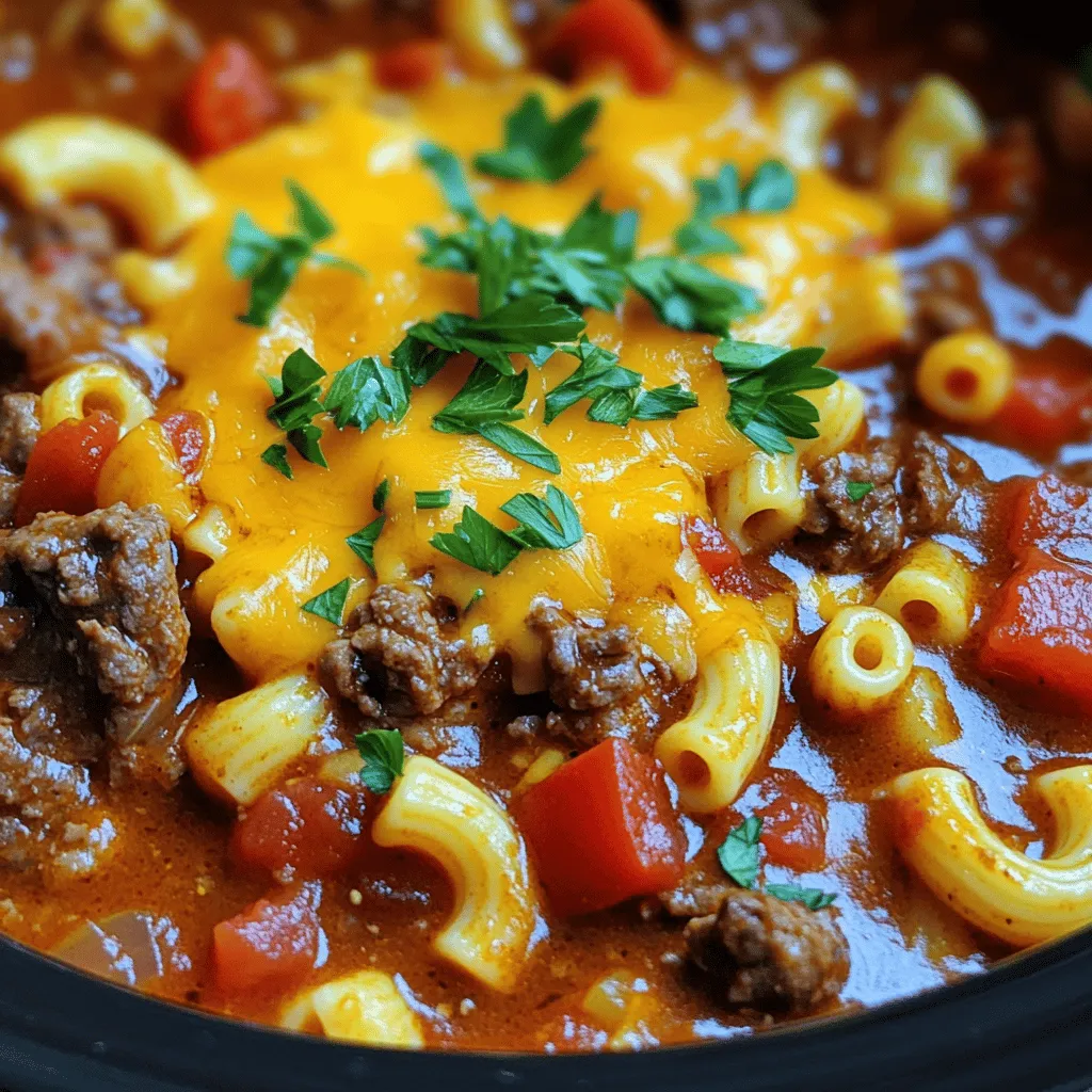 Crock Pot goulash is a warm, filling meal. It combines ground beef, pasta, and lots of flavor. The slow cooker makes it easy to prepare. You can throw in your ingredients and let the pot do the work. This dish is perfect for busy days or family gatherings. - 1 pound ground beef - 1 medium onion, finely chopped - 2 cloves garlic, minced - 1 bell pepper, diced (any color you prefer) - 1 can (15 oz) diced tomatoes (with juice) - 1 can (15 oz) tomato sauce - 2 cups beef broth - 1 cup elbow macaroni (uncooked) - 2 teaspoons Italian seasoning - 1 teaspoon paprika - Salt and pepper to taste - 1 cup shredded cheddar cheese (for topping) - Fresh parsley, chopped (for garnish) These ingredients come together to create a hearty dish. The ground beef gives it a rich flavor. The pasta soaks up all the tasty broth. You can make it your own by adding more spices or veggies. Don't forget the cheese on top! It melts and adds creaminess. The fresh parsley adds a nice touch too. This goulash is sure to please everyone at your table. Check out the Full Recipe to explore all the cooking steps and tips! Start by heating a large skillet over medium heat. Add 1 pound of ground beef to the skillet. When the meat begins to brown, add in a medium onion, finely chopped, and 2 cloves of minced garlic. Cook this mix until the beef is fully browned and the onion is soft. This should take about 5 to 7 minutes. If there is too much fat, drain it off. This step keeps your goulash tasty and healthy. Once the beef is ready, carefully transfer it to the crock pot. Next, add a diced bell pepper, one can of diced tomatoes (juice included), and one can of tomato sauce. Pour in 2 cups of beef broth to give it a rich flavor. Stir everything together. This helps ensure that each bite is packed with flavor. Then, add 1 cup of uncooked elbow macaroni, 2 teaspoons of Italian seasoning, 1 teaspoon of paprika, salt, and pepper to taste. Mix well so that the pasta gets coated with the sauce. You can choose to cook your goulash on low heat for 6 to 8 hours or on high heat for 3 to 4 hours. Both methods work well, but low heat makes the flavors blend better. When the cooking time is almost up, gently stir the goulash. This step helps integrate all the ingredients fully. After stirring, sprinkle the top with 1 cup of shredded cheddar cheese. Cover it again and let it sit for 5 to 10 minutes. This allows the cheese to melt smoothly. Serve hot and enjoy your hearty dish! To make your goulash burst with flavor, choose your seasonings wisely. Use Italian seasoning and paprika for warmth and depth. You can also try adding a dash of Worcestershire sauce for extra richness. When cooking, remember to brown the beef first. This step creates a nice crust that adds great flavor. Also, let it simmer gently. Slow cooking allows the tastes to blend beautifully. Getting the pasta just right is key. Add it to the crock pot during the last 30 minutes of cooking. This timing helps it soak up the sauce without becoming mushy. If you notice the pasta absorbing too much liquid, add a splash of beef broth or water. This keeps everything nice and creamy. Stir it gently to avoid breaking the pasta. For side dishes, consider a simple green salad or warm bread. These pair well with the rich goulash. When serving, use bowls that are large enough for a hearty portion. A cup of goulash is great for an adult, while kids may enjoy half that. Top each bowl with shredded cheese and parsley for a pop of color. This makes your dish look as good as it tastes. Don't forget to check out the Full Recipe for more details! {{image_4}} You can change the meat in this recipe. Ground turkey or chicken works well. These options keep the meal lighter but still tasty. If you want a vegetarian version, try using lentils or beans. These swaps help create a dish that fits your diet. Cheese adds a nice finish to goulash. You can use shredded cheddar, mozzarella, or even pepper jack for a kick. If you need dairy-free options, try vegan cheese. Nutritional yeast is another great choice for a cheesy taste without dairy. You can make goulash in an Instant Pot too. Cook the beef and onion first, then add the rest. Set it to high pressure for about 10 minutes. If you prefer baking, transfer the mix to a baking dish. Cover it and bake at 350°F for about 30 minutes. These methods give you more choices for your meal. You can store leftover Crock Pot Goulash in the fridge for up to three days. Make sure to cool it down first. Use an airtight container to keep it fresh. When you are ready to eat, reheat the goulash on the stove. Use low heat to avoid burning. Stir it often for even warmth. You can also microwave it in a bowl. Heat for one minute, then check if it’s hot enough. To freeze Crock Pot Goulash, let it cool completely first. Then, pour it into freezer-safe bags or containers. Press out as much air as you can before sealing. Label the bags with the date. You can freeze it for up to three months. When you’re ready to eat, take it out and thaw in the fridge overnight. You can also use the microwave for quick thawing. After thawing, reheat it on the stove or microwave. Stir it well to warm it evenly. Enjoy your tasty meal again! For the full recipe, check out the instructions provided earlier. You can boost flavor in many ways. Try adding: - Bay leaves for depth. - Worcestershire sauce for umami. - Red wine for richness. - Hot sauce for a kick. These extras bring new tastes to your goulash. Yes, you can easily make it vegetarian! Swap the ground beef for: - Lentils for protein. - Beans for heartiness. - Mushrooms for a meaty texture. Use vegetable broth instead of beef broth. This keeps your dish rich and tasty. To keep pasta firm, try these tips: - Add pasta during the last hour of cooking. - Stir gently to avoid breakage. - Use less broth if you like it thicker. These steps help your pasta stay just right. Yes, goulash often tastes better the next day. Letting it sit allows flavors to blend. Store it in the fridge overnight. Reheat gently on the stove or in the microwave. You can find the full recipe here for more details. This article covered how to make a simple and tasty Crock Pot goulash. We explored the main ingredients, step-by-step cooking instructions, and helpful tips. You learned about ingredient swaps and variations to suit your tastes. I shared storage tips to keep your leftovers fresh and answered common questions. Crock Pot goulash is a flexible dish. You can adjust it to fit your style. I hope you try this recipe, experiment, and enjoy every bite!