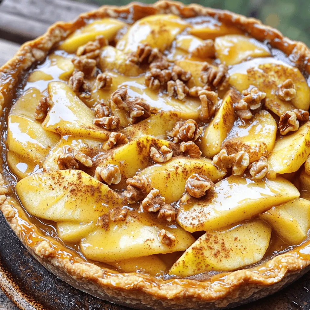 - Pre-made pie crust (9-inch) - Medium apples (5, Granny Smith or Honeycrisp) - Brown sugar (1 cup, packed) - Unsalted butter (1/2 cup) - Ground cinnamon (1 teaspoon) - Grated nutmeg (1/4 teaspoon) - Fresh lemon juice (1 tablespoon) - Whole milk (2 cups) - Granulated sugar (1/4 cup) - Cornstarch (2 tablespoons) - Egg (1 large) - Pure vanilla extract (1 teaspoon) - A pinch of salt When I make Toffee Apple Pie with Vanilla Custard, I love picking the right apples. Granny Smith or Honeycrisp apples work best. They add a nice balance of tartness and sweetness. You will need five medium apples. The pie crust can be pre-made for ease. It saves time and still tastes great. For the filling, I use one cup of packed brown sugar. This gives the pie its rich flavor. The toffee filling is where the magic happens. I melt half a cup of unsalted butter. Then, I mix in one teaspoon of ground cinnamon and a pinch of nutmeg. This adds warmth and depth to the pie. A tablespoon of fresh lemon juice brightens the flavors and keeps the apples from browning. For the vanilla custard, I use two cups of whole milk. A quarter cup of granulated sugar adds sweetness. To thicken the custard, I mix in two tablespoons of cornstarch. One large egg gives the custard a smooth texture. Lastly, one teaspoon of pure vanilla extract rounds out the flavor. Gather these ingredients before you start. Having everything ready makes cooking easier and more fun! - Preheat the oven to 375°F (190°C). - Slice and season apples with lemon juice, brown sugar, cinnamon, nutmeg, and cornstarch. To start this delicious treat, you need to prepare your apples right. You want to peel, core, and slice about five medium apples. I love using Granny Smith or Honeycrisp apples for their perfect balance of tartness and sweetness. Once sliced, toss them in a big bowl. Add fresh lemon juice, brown sugar, ground cinnamon, grated nutmeg, and cornstarch. This mix not only keeps the apples from browning but also adds a lovely flavor. - Melt butter and mix with brown sugar until dissolved. - Pour warm toffee over seasoned apples and stir gently. Next, let’s create the toffee filling. Melt half a cup of unsalted butter in a saucepan over medium heat. Once it’s melted, add one cup of packed brown sugar. Stir until it dissolves and bubbles. This warm toffee will be the star of your pie! Pour it carefully over the seasoned apples and stir gently. You want every apple slice coated in that sweet toffee goodness. - Pour apple filling into pie crust, sprinkle walnuts if desired. - Bake covered for 30 minutes, then uncovered for an additional 15-20 minutes. Now, grab your pre-made pie crust and pour the apple filling right into it. Spread the apples out evenly. If you like a little crunch, this is where you can sprinkle some chopped walnuts. Cover the pie loosely with foil. Bake it in your preheated oven for 30 minutes. After that, take off the foil and bake it for another 15 to 20 minutes. Look for that golden brown crust and tender apples. - Whisk together milk, sugar, and cornstarch in a saucepan. - Cook until thickened, then stir in egg and vanilla extract. While your pie bakes, let’s whip up some velvety vanilla custard. In a medium saucepan, whisk together two cups of whole milk, a quarter cup of granulated sugar, two tablespoons of cornstarch, and a pinch of salt. Cook this over medium heat, stirring all the time. In about five to seven minutes, it will thicken nicely. Once thick, remove it from heat. Whisk in one large egg and one teaspoon of pure vanilla extract until smooth. - Let the pie cool for 10 minutes before slicing. - Serve with a drizzle of vanilla custard. Once your pie is done baking, let it cool for about 10 minutes. This cooling time helps the filling set up a bit more. Then, slice into that beautiful pie and serve it warm. A generous drizzle of your vanilla custard on top makes it even better. Enjoy this warm, comforting treat! To make the best toffee apple pie, use a mix of apples. I suggest Granny Smith and Honeycrisp. This mix gives a great balance of sweet and tart flavors. Don't forget the lemon juice! It keeps the apples from browning and adds a nice zing. For a thick and creamy custard, mix the cornstarch well into the milk before heating. Stir constantly as it cooks. This keeps the custard smooth and thick. If you see lumps, it may curdle. To prevent this, remove the pan from heat before adding the egg. Stir quickly to blend it in. Serving the pie is fun! Top each slice with whipped cream or ice cream for extra delight. A sprinkle of cinnamon on top adds a lovely touch. You can also add a few apple slices or nuts on the plate for color. This makes the dessert look even more inviting! {{image_4}} You can add new flavors to your apple pie. Consider using spices like ginger or cardamom. These spices bring warmth and depth. They can make your pie taste unique and exciting. You can also try different sweeteners. Brown sugar gives a rich taste. But maple syrup or honey can add mild sweetness. Each sweetener changes the pie's flavor. Experiment with what you like best. The vanilla custard can change too. You can add flavors like almond or maple syrup for a twist. Almond gives a nice nutty taste, while maple adds a warm sweetness. If you want a dairy-free option, you have choices. Use almond milk or coconut milk as a base. These options provide rich flavors and creamy textures. Each variation makes your dessert special and fun. You can choose between homemade or store-bought pie crust. A homemade crust gives you control over ingredients. It can be flakier and tastier. Store-bought crusts save time and effort. They can still taste great. If you need a gluten-free option, don’t worry. You can find gluten-free pie crusts in stores or make your own with almond flour. This way, everyone can enjoy the pie! To store your leftover toffee apple pie, place it in the fridge. Cover it loosely with plastic wrap or foil. This keeps it fresh without making the crust soggy. The pie stays safe and tasty for about 3 to 4 days. When it comes to vanilla custard, you need to store it right, too. Pour the custard into an airtight container and seal it well. It will last in the fridge for up to 3 days. If you need to reheat it, do so slowly on low heat. Stir it often to keep it smooth and creamy. Yes, you can freeze the pie! Wrap it tightly in plastic wrap and then in aluminum foil. It can last up to 3 months in the freezer. When you are ready to eat, thaw it overnight in the fridge and then reheat it in the oven at 350°F (175°C) for about 20 minutes. For the custard, you can freeze it too. Just pour it into a freezer-safe container, leaving some space at the top for expansion. It can stay fresh for about 2 months. To thaw, move it to the fridge overnight. Reheat it gently on the stove, stirring to regain the creamy texture. What type of apples are best for pie? Granny Smith and Honeycrisp apples work best. They add a nice tartness. Their firm texture holds up well during baking. I prefer a mix of both for depth of flavor. Can I make toffee apple pie ahead of time? Yes, you can! Prepare the pie and store it in the fridge. Bake it the next day for the best taste. Just remember to cover it well to keep it fresh. How do I know when the custard is done cooking? The custard thickens and coats the back of a spoon. It should be smooth and glossy. Stir constantly to avoid lumps. Can I use a store-bought custard instead? Absolutely! Store-bought custard saves time and works well. Just heat it up before serving with your pie for a tasty treat. What can I do if my pie crust is soggy? If your crust is soggy, blind bake it first. This means baking it without filling. Bake it for a few minutes before adding the filling. How do I adjust baking times for larger or smaller pies? For larger pies, increase the baking time by 10-15 minutes. For smaller pies, reduce the time by about 5-10 minutes. Keep an eye on the crust to prevent burning. In this blog post, I covered making a delicious Toffee Apple Pie with vanilla custard. We discussed key ingredients, step-by-step baking instructions, and tips for perfecting the dish. Remember to use a mix of apple varieties for depth of flavor and don’t skip the lemon juice to keep your apples fresh. Whether you choose to make a homemade crust or try different custard flavors, baking this pie will impress your family and friends. Enjoy your sweet creation and share it with loved ones!