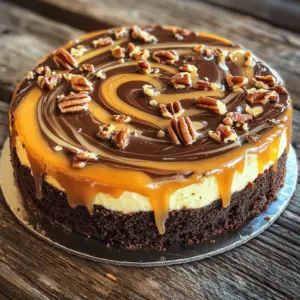 - 1 cup unsalted butter (2 sticks), plus extra for greasing - 2 cups granulated sugar - 4 large eggs, at room temperature - 1 teaspoon pure vanilla extract - 1 cup all-purpose flour - ¾ cup cocoa powder - ½ teaspoon salt - 16 oz cream cheese, softened to room temperature - 1 cup granulated sugar - 3 large eggs, at room temperature - 1 teaspoon pure vanilla extract - ½ cup sour cream, at room temperature - ½ cup caramel sauce (plus extra for topping) - ½ cup chocolate ganache (homemade or store-bought) - A handful of chopped pecans (optional for garnish) Start by preheating your oven to 350°F (175°C). Grease a 9-inch springform pan with butter. Line the bottom with parchment paper to stop sticking. Melt 1 cup of unsalted butter in a medium saucepan over low heat. Once melted, take it off the heat. Stir in 2 cups of granulated sugar until mixed well. Add 4 large eggs, one at a time, whisking each in. This adds air and makes it fluffy. Then, mix in 1 teaspoon of pure vanilla extract. In another bowl, whisk together 1 cup of all-purpose flour, ¾ cup of cocoa powder, and ½ teaspoon of salt. Slowly fold this dry mix into the wet mix with a spatula. Don't overmix! Pour this brownie batter into the springform pan and smooth the top. Bake for 25-30 minutes. Check if it's done by inserting a toothpick. It should come out with a few moist crumbs. In a large bowl, beat 16 oz of softened cream cheese with 1 cup of granulated sugar. Use an electric mixer until it's smooth. Add 3 large eggs, one at a time, mixing slowly. This keeps it creamy. Mix in 1 teaspoon of pure vanilla extract and ½ cup of sour cream. Gently fold in ½ cup of caramel sauce. This creates a lovely marbled look. Carefully pour the cheesecake mix over the cooled brownie layer in the springform pan. Use a spatula to smooth it out evenly. Bake the cheesecake for 50-60 minutes. The edges should set, but the center should jiggle slightly. This gives it a creamy texture. After baking, turn off the oven and leave the cheesecake inside for an hour to cool slowly. This helps avoid cracks. Cover the cheesecake with plastic wrap or foil. Refrigerate it for at least 4 hours, but overnight is best. This helps it firm up and the flavors meld. Once chilled, remove the cheesecake from the springform pan. Drizzle with chocolate ganache and extra caramel sauce. If you like, sprinkle chopped pecans on top for crunch. Serve each slice with a drizzle of caramel and a sprinkle of pecans for a nice touch. Enjoy your tasty creation! To get the best brownie texture, focus on mixing. Mix the butter and sugar until smooth. Add eggs one by one. Whisk each egg well to add air. This step matters for fluffiness. Don’t overmix after adding flour. This keeps brownies chewy. A toothpick test helps too. Look for moist crumbs, not wet batter. Bake just right; 25-30 minutes is ideal. Cracks in cheesecake can be sad. Start by using room-temperature ingredients. This helps the batter mix smoothly. Beat the cream cheese and sugar until creamy. Add eggs slowly, mixing gently. Avoid too much air in the batter. Bake it at a lower temperature. Turn off the oven and let it cool slowly inside. This gentle cooling helps prevent cracks. Making chocolate ganache is easy. Use equal parts chocolate and cream. Heat the cream until it simmers, then pour over the chocolate. Let it sit for a few minutes. Stir until smooth and shiny. For a thicker ganache, chill it slightly. Drizzle it over the cheesecake for a rich finish. You can also use store-bought ganache for convenience. {{image_4}} You can swap all-purpose flour for almond flour or coconut flour. This change makes the brownie layer gluten-free. Almond flour adds a nutty taste. Coconut flour absorbs more moisture, so use less. A good rule is to use half the amount when replacing. Toppings can change your cheesecake's look and taste. Try crushed Oreos for a fun crunch. You can also use fresh fruit like strawberries or raspberries. For a salty twist, sprinkle sea salt on the chocolate ganache. Each topping adds a new flavor layer. Want to mix it up? Add a splash of lemon juice or orange zest to the cheesecake layer. These flavors brighten the cake. You can also stir in a tablespoon of espresso powder for a coffee kick. Don’t be afraid to experiment with flavors you love! To keep your leftover caramel brownie cheesecake fresh, wrap it tightly. Use plastic wrap or aluminum foil. You can also store it in an airtight container. Place it in the fridge. It will stay good for about 4-5 days. If you want to freeze this cheesecake, slice it first. Wrap each slice well in plastic wrap. Then, put the wrapped slices in a freezer bag or container. This way, they stay fresh for up to 2 months. When you're ready to enjoy, just thaw it in the fridge overnight. Reheating cheesecake isn't always needed. If you prefer it warm, place a slice on a microwave-safe plate. Heat it for about 10-15 seconds. Check to avoid overheating, which can change the texture. Enjoy it warm or cold, as each bite is simply delicious! Yes, you can use low-fat cream cheese. The texture may change a bit. It might not be as rich, but it will still taste good. Just make sure it is softened before mixing. Check for a slight jiggle in the center. The edges should look set. A toothpick inserted in the edge should come out clean. This way, you ensure a creamy finish. You can use butterscotch sauce or chocolate sauce. Maple syrup is also a sweet option. Each will change the flavor but still taste great. Absolutely! This dessert is perfect for making ahead. It tastes even better after chilling overnight. Just store it in the fridge until you're ready to serve. Use a sharp knife to cut clean slices. Dip the knife in warm water for easy cutting. Serve each slice with a drizzle of caramel and some pecans on top for a pretty look. This blog post guides you through making a delightful brownie cheesecake. We covered the essential ingredients for both layers, ensuring a rich taste. You learned step-by-step how to bake, chill, and serve this treat. Tips helped avoid common pitfalls, and variations let you customize the recipe. Remember, proper storage keeps leftovers fresh. Enjoy this fun dessert, and impress others with your baking skills!