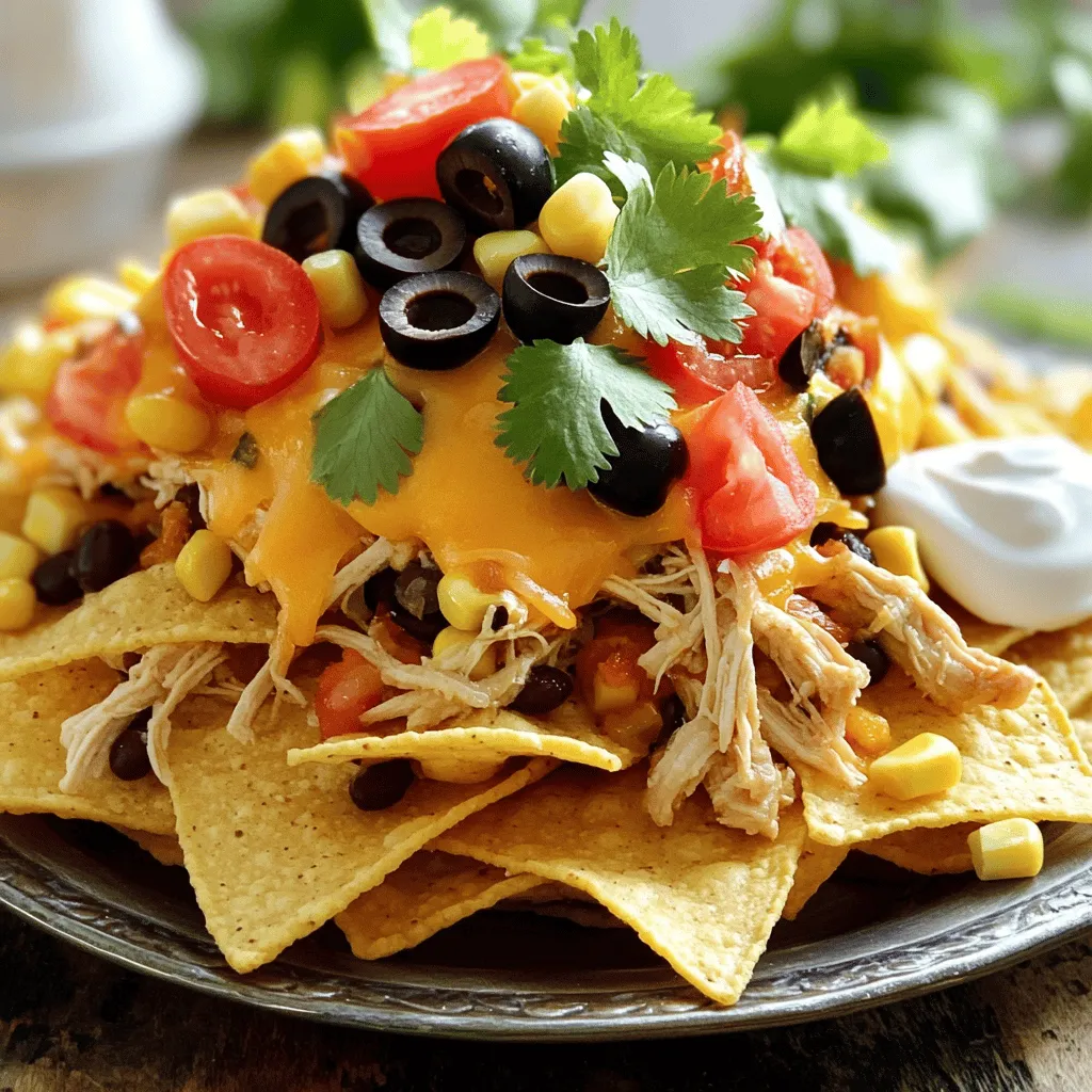 - 1.5 lbs boneless, skinless chicken thighs - 1 packet taco seasoning (about 1 oz) - 1 can black beans, rinsed and drained (15 oz) - 1 can corn, drained (15 oz) - 1 cup salsa (mild or spicy) - 1 ½ cups shredded cheddar cheese - 1 cup diced ripe tomatoes - 1 cup sliced black olives (optional) - Tortilla chips - Fresh cilantro, chopped - Sour cream (for serving) - Jalapeño slices (optional) I love how simple and fun this dish is. You start with chicken thighs. They are juicy and tender when cooked. Taco seasoning gives them that classic taco flavor. I always choose a brand I trust for a great taste. Black beans and corn add protein and texture. Salsa is the star of the show. You can choose mild or spicy, depending on your taste. Next, you have cheese. I use a mix of sharp cheddar and Monterey Jack for a creamy finish. Diced ripe tomatoes add freshness. If you like olives, slice them up for a briny kick. Tortilla chips are the base. They should be sturdy to hold the toppings. I also love garnishing with fresh cilantro. It brightens the dish. Sour cream cools it down, and jalapeños give it heat. For the full recipe, check out the instructions I shared earlier. To make Crockpot Taco Chicken Nachos, follow these clear steps. - Lay the chicken thighs in the slow cooker. - Sprinkle taco seasoning evenly over the chicken. - Add black beans, corn, and salsa to the chicken. - Gently fold ingredients together with a spatula. - Select cooking setting: low for 6-7 hours or high for 4 hours. - Ensure chicken is fully cooked and shreds easily when done. - Remove chicken from the slow cooker and shred using forks. - Return the shredded chicken to the mixture in the crockpot. - Preheat oven to 400°F (200°C). - Arrange tortilla chips on a baking sheet in a single layer. - Add chicken mixture to the tortilla chips, spreading it evenly. - Top with shredded cheese, covering as much as possible. - Bake for 10-15 minutes, or until cheese is melted and bubbly. Enjoy this flavorful dish from the Full Recipe and impress your family and friends! - Use a mix of cheeses for added flavor. Mixing cheddar, Monterey Jack, and pepper jack creates a great taste. - Keep nachos crispy by layering toppings carefully. Start with chips, add chicken, then sprinkle cheese, and finish with fresh toppings. - Utilize slow cooker liners for easy cleanup. This saves you time and effort after cooking. - Choose thick tortilla chips for better support. They hold up well against the toppings and prevent sogginess. - Offer a variety of toppings for personalization. Include items like diced avocado, fresh jalapeños, and different salsas. - Serve immediately for optimal taste and texture. Freshly baked nachos are best enjoyed hot and crispy. For the full recipe, check out the Savory Slow-Cooker Taco Chicken Nachos. {{image_4}} You can easily switch the chicken for shredded beef or ground turkey. This change gives a new taste that still feels familiar. If you want to try something different, use pinto beans or refried beans instead of black beans. This adds a creamy texture that pairs well with the nachos. To boost flavor, add diced bell peppers or jalapeños into the slow cooker. These veggies bring a nice crunch and a bit of heat. For a fresh kick, incorporate fresh lime juice before serving. This zesty touch brightens up the dish and makes it more exciting. If you want a vegetarian version, simply leave out the meat and add extra beans. This keeps the dish hearty and filling. You can also use vegan cheese and sour cream alternatives to make it plant-based. These swaps allow everyone to enjoy this tasty meal, no matter their diet. Store leftovers in an airtight container in the fridge. This keeps them fresh. You should eat them within 3-4 days for the best taste. You can freeze assembled nachos before baking. This is great for future meals. Just thaw them thoroughly before baking to ensure they cook evenly. For the best results, reheat nachos in the oven. This keeps them crispy. You can use the microwave for quick reheating, but they may not stay crispy. Following these tips helps you enjoy your crockpot taco chicken nachos longer! For the full recipe, refer to the beginning of the article. Yes, you can use frozen chicken in the crockpot. Just note that cooking time will increase. If you start with frozen chicken, cook on high for 4-5 hours or low for 7-8 hours. Always check that the chicken reaches 165°F for safety. To spice up your nachos, add sliced jalapeños or use spicy salsa. You can also mix in a dash of hot sauce or sprinkle red pepper flakes over the top before serving. Another fun option is to use pepper jack cheese instead of cheddar. The best toppings really make nachos pop! Here are some ideas: - Shredded lettuce - Diced onions - Fresh avocado or guacamole - Chopped green onions - Sour cream - Fresh cilantro Mix and match these toppings to find your favorite combos. Yes, you can prepare the mixture the night before. Lay the seasoned chicken and other ingredients in the slow cooker. Cover it and store it in the fridge. In the morning, just plug in the slow cooker and let it cook. This saves time and makes meal prep easier. To keep your nachos crispy, layer them wisely. Place chips in a single layer and add toppings lightly. Bake them just until the cheese melts. Serve them right away for the best crunch. You can also use thicker tortilla chips for better support. To wrap up, making taco nachos in a slow cooker is simple and fun. You start with juicy chicken thighs and classic toppings. A mix of cheese and spices adds great taste. Remember to layer your nachos to keep them crispy. Feel free to switch up ingredients for your taste. Store leftovers carefully, but enjoy them fresh for the best flavor. This dish is perfect for any gathering or just a cozy night in. Dive in and enjoy your creation!