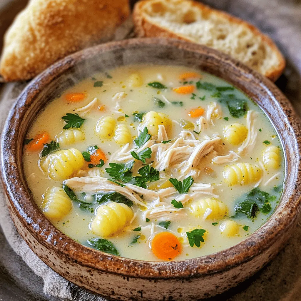 You will need the following items to make Slow Cooker Chicken Gnocchi Soup: - 1 lb boneless, skinless chicken breasts - 4 cups chicken broth - 2 cups carrots, diced into small pieces - 1 cup celery, finely diced - 1 medium onion, chopped - 3 cloves garlic, minced - 1 teaspoon dried thyme - 1 teaspoon dried rosemary - 1 teaspoon Italian seasoning - Salt and freshly ground pepper to taste - 1 cup heavy cream (or substitute with coconut cream for a lighter option) - 1 package (16 oz) potato gnocchi - 2 cups fresh spinach, chopped - 2 tablespoons fresh parsley, chopped (for a vibrant garnish) You can easily change some ingredients in this soup: - Chicken: Swap chicken breasts for thighs for more flavor. - Broth: Use vegetable broth for a meat-free option. - Cream: Coconut cream works well for a dairy-free soup. - Spinach: Kale or Swiss chard can replace spinach for added texture. - Herbs: Fresh herbs can enhance the flavor. Use what you have! Each ingredient adds to the soup's health and flavor: - Chicken: A great source of lean protein, keeping you full. - Carrots: Packed with vitamins and add a sweet flavor. - Celery: Adds crunch and has hydration benefits. - Garlic: Good for your heart and boosts flavor. - Spinach: Rich in iron and vitamins, it gives color and nutrition. - Heavy cream: Makes the soup rich and filling, but you can lighten it up! Using these fresh ingredients makes this dish not just tasty but also good for you. Enjoy every bowl! To start, grab your slow cooker. Place 1 pound of boneless, skinless chicken breasts at the bottom. This will be the base for our soup. Spread the chicken out evenly. This helps it cook well. Next, add the veggies. Dice 2 cups of carrots into small pieces. Finely dice 1 cup of celery. Chop 1 medium onion. Layer these over the chicken. This colorful mix adds flavor and texture. Now, carefully pour 4 cups of chicken broth over the chicken and veggies. Make sure everything is submerged. This broth will bring warmth and richness. Add 3 cloves of minced garlic for a nice kick. Sprinkle in 1 teaspoon each of dried thyme, rosemary, and Italian seasoning. Don’t forget to add salt and pepper to taste. Stir gently to mix the flavors. Cover the slow cooker with the lid. Set it to cook on low for 6-8 hours or on high for 4 hours. The chicken should be tender and ready to shred when done. Once cooking time is up, carefully remove the chicken with tongs. Place it on a cutting board. Use two forks to shred the chicken, then return it to the pot. Now, add 16 ounces of potato gnocchi and 1 cup of heavy cream. Stir well to combine. Increase the heat to high and let it cook for another 30 minutes. The gnocchi will float to the top when they are cooked. In the last 10 minutes, fold in 2 cups of chopped spinach. Stir until the spinach wilts and turns bright green. Taste the soup and adjust the seasoning if needed. Enjoy this flavorful comfort dish! To make your soup creamier, use heavy cream. You can also add a little more cream than the recipe states. If you want a lighter option, coconut cream works well too. It adds a nice flavor and helps thicken the soup. Stir in the cream slowly to avoid lumps. You can change the flavors to suit your taste. If you like it spicy, add red pepper flakes. For a more herbal taste, increase the thyme and rosemary. Don't forget to taste as you go. You can add more salt or pepper based on your choice. Fresh herbs like basil or dill can give a fresh twist too. Avoid cooking the chicken too long. It can become dry and tough. Instead of stirring too much, let the ingredients cook together. This helps the flavors blend. Don't skip the spinach; it adds color and nutrients. Lastly, use a good quality broth. It makes a big difference in taste! {{image_4}} If you want a lighter soup, substitute heavy cream with coconut cream. This swap reduces fat but keeps the rich taste. You could also use low-fat milk or almond milk for a different flavor. Try using more veggies, like zucchini or bell peppers, for extra nutrients. These options help make the soup healthier and just as tasty. Feel free to add any vegetables you love! Consider adding peas, green beans, or even kale. This will boost the soup's flavor and texture. If you want more protein, add white beans or chickpeas. They blend well with gnocchi and bring extra fiber. You could even toss in some cooked sausage or turkey for a heartier meal. For a gluten-free version, ensure you use gluten-free gnocchi. Many brands offer this option, so check your local store. You can also use sweet potato gnocchi for a twist. This keeps the flavor but makes the dish suitable for gluten-free diets. Always check labels on broths and seasonings to avoid gluten. Storing leftovers is easy. First, let the soup cool down. Then, pour it into airtight containers. Make sure to leave some space at the top. This allows the soup to expand when frozen. You can store it in the fridge for up to three days. To reheat, pour the soup into a pot. Heat it on medium-low until warm. Stir it often to keep it from sticking. You can also use the microwave. Heat it in a microwave-safe bowl. Cover it with a paper towel and heat in 1-minute intervals. Stir between each interval until hot. Freezing is a great option for later meals. Once the soup is cooled, pour it into freezer-safe bags. Lay the bags flat in the freezer. This saves space and makes it easier to thaw. The soup can last up to three months in the freezer. To use, thaw it overnight in the fridge. Then, reheat as mentioned above. Yes, you can use frozen chicken. Just add an hour to the cooking time. This will ensure the chicken cooks through and is tender. Keep an eye on the soup. If it looks watery, you may need to cook it longer. Frozen chicken works well, but fresh chicken gives the best taste. You can store leftovers in the fridge for up to three days. Be sure to use an airtight container. This keeps the soup fresh and tasty. When you're ready to eat, just reheat it on the stove or in the microwave. Yes, you can make this soup on the stovetop. Use a large pot and cook on medium heat. Start by sautéing the onions and garlic for flavor. Then, add chicken, broth, and veggies. Let it simmer for about 30 minutes. Cook the gnocchi separately, then add them in. This method is quicker but still gives great taste. This article covered all you need to make a great slow cooker soup. We discussed key ingredients, their benefits, and how to layer them. I gave you step-by-step instructions for perfect cooking. Then, I shared tips for creaminess and flavor adjustments. We explored health-conscious variations, storage methods, and common questions. In summary, you now have all the tools to create your own delicious soup! Enjoy your cooking adventure!
