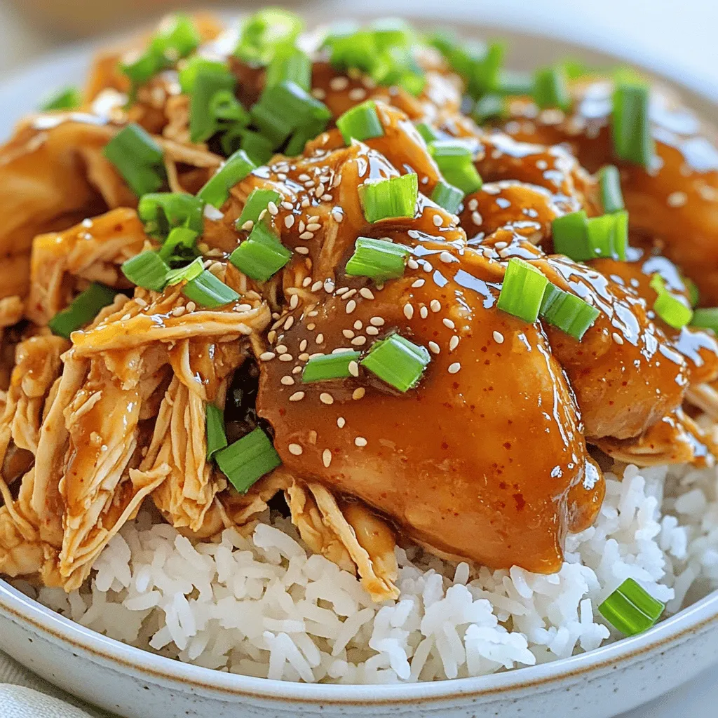 - 2 lbs boneless, skinless chicken thighs - 1/2 cup low-sodium soy sauce - 1/4 cup honey - 2 tablespoons gochujang (Korean red chili paste) - 3 cloves garlic, finely minced - 1 tablespoon fresh ginger, finely minced - 1 tablespoon sesame oil - 1/2 cup green onions, chopped (plus extra for garnish) - 1 tablespoon sesame seeds (for garnish) - Salt and pepper to taste - Boneless, skinless chicken thighs: They stay moist and tender during cooking. - Low-sodium soy sauce: It adds a salty depth without overwhelming the dish. - Honey: This brings sweetness and balances the heat. - Gochujang: This is the heart of the dish, adding spice and flavor. - Garlic and ginger: They enhance the aroma and add warmth. - Sesame oil: This adds a nutty flavor that rounds out the dish. - Green onions: They offer freshness and crunch as a garnish. - Sesame seeds: They provide a nice texture and visual appeal. - Soy Sauce: Kikkoman is a trusted brand for low-sodium soy sauce. - Honey: Local raw honey often has the best flavor and quality. - Gochujang: Look for brands like Chung Jung One for authentic taste. - Sesame Oil: Kadoya sesame oil delivers great flavor for your dishes. - Fresh Ingredients: Try to source organic garlic and ginger for the best taste. These ingredients come together to create a dish that’s packed with flavor. Enjoy exploring this recipe! First, grab a medium mixing bowl. Add 1/2 cup of soy sauce, 1/4 cup of honey, and 2 tablespoons of gochujang. Gochujang is a Korean chili paste that brings heat. Then, add 3 cloves of minced garlic and 1 tablespoon of minced ginger. Finally, mix in 1 tablespoon of sesame oil. Whisk these ingredients together until they blend well. This sauce will give your chicken that sweet and spicy kick. Now, take 2 pounds of boneless, skinless chicken thighs. Place them on a clean cutting board. Generously season both sides with salt and pepper. This step is key to making the chicken taste great. Next, transfer the seasoned chicken to your slow cooker. Pour the sauce over the chicken, making sure each piece gets coated. This ensures the chicken absorbs all that amazing flavor. Cover your slow cooker with its lid. Set it to low heat for 6-7 hours or high heat for 3-4 hours. Cooking it low and slow makes the chicken tender. The chicken should be easy to shred when it’s done. After cooking, remove the chicken and place it on a cutting board. Use two forks to shred the chicken into bite-sized pieces. Return the shredded chicken to the slow cooker. Stir it well to mix with the sauce. Now, it’s ready to serve! To get the best shredded chicken, use boneless, skinless thighs. They stay moist and tender. After cooking, let the chicken sit for a few minutes. This step keeps the juices locked in. Use two forks to shred the chicken. Pull apart the meat gently for nice, even pieces. Mix the shredded chicken back in the sauce. This adds flavor to every bite. If you want less heat, cut the gochujang in half. You can also add more honey to balance the spice. For extra kick, try adding a pinch of cayenne pepper. Taste as you go to find your perfect heat level. Remember, you can always add more spice, but it’s hard to take it out! Serve the chicken over fluffy steamed rice for a filling meal. You can also spoon it into fresh lettuce wraps for a fun twist. Garnish each plate with chopped green onions and a sprinkle of sesame seeds. For a pop of color, add lime wedges on the side. This adds a zesty flavor that brightens the dish. Use colorful veggies around the chicken on the platter for a beautiful display. {{image_4}} You can easily switch the chicken for other meats. Try using pork or beef. Both work well with the sweet and spicy sauce. If you prefer seafood, shrimp is a great option too. Just adjust the cooking time. Shrimp cooks much faster than chicken. Aim for 1 to 2 hours on low heat. To make this dish vegan, replace the chicken with tofu. Firm tofu holds up well in the slow cooker. First, press the tofu to remove extra water. Then cut it into cubes. Use the same sauce to coat the tofu. Cook it for 4 to 5 hours on low. You can also try tempeh for a nutty flavor. This dish is very versatile. You can serve it in many ways. One option is to make lettuce wraps. Use large leaves to hold the chicken and toppings. Another fun way is to make rice bowls. Layer the chicken over steamed rice. Add your favorite veggies for color and crunch. Don't forget to top with green onions and sesame seeds! To store leftovers, first let the chicken cool down. Place it in an airtight container. Make sure to cover it well. The chicken will stay fresh for about three to four days in the fridge. This way, you can enjoy it later without losing flavor. When you are ready to eat the leftovers, reheating is easy. You can use the microwave or the stove. If using a microwave, heat in 30-second bursts. Stir between each burst to heat evenly. If using the stove, place the chicken in a pan over low heat. Add a splash of water to keep it moist. Heat until warm, then serve! You can also freeze the sweet and spicy Korean chicken. Use a freezer-safe container or freezer bags. Make sure to remove as much air as possible. The chicken can last up to three months in the freezer. When you want to eat it, thaw it overnight in the fridge. Then, reheat as mentioned above. This way, you can enjoy a tasty meal anytime! Yes, you can use chicken breasts. They cook faster than thighs. The meat may dry out more easily. Thighs stay juicy and tender. If using breasts, check for doneness early. You might need to reduce cooking time by 30 minutes. Gochujang is a Korean red chili paste. It adds a deep, sweet heat to dishes. You can find it in Asian markets. Many grocery stores also carry it. Look in the international aisle. It often comes in a red tub. This recipe has a mild to medium spice level. Gochujang provides heat but also sweetness. You can adjust the spice by using less gochujang. If you want it spicier, add more. Everyone’s taste is different, so find what works for you. This blog post covered all you need for a successful dish. You learned about the complete ingredient list and the roles of key ingredients. We explored step-by-step instructions for preparing the sauce and cooking. I shared tips to perfect your shredded chicken and adjust spice levels. You saw fun variations, including vegetarian options, and ways to serve. Lastly, we discussed how to store leftovers properly. With this knowledge, you can cook with confidence and creativity. Enjoy your cooking journey!