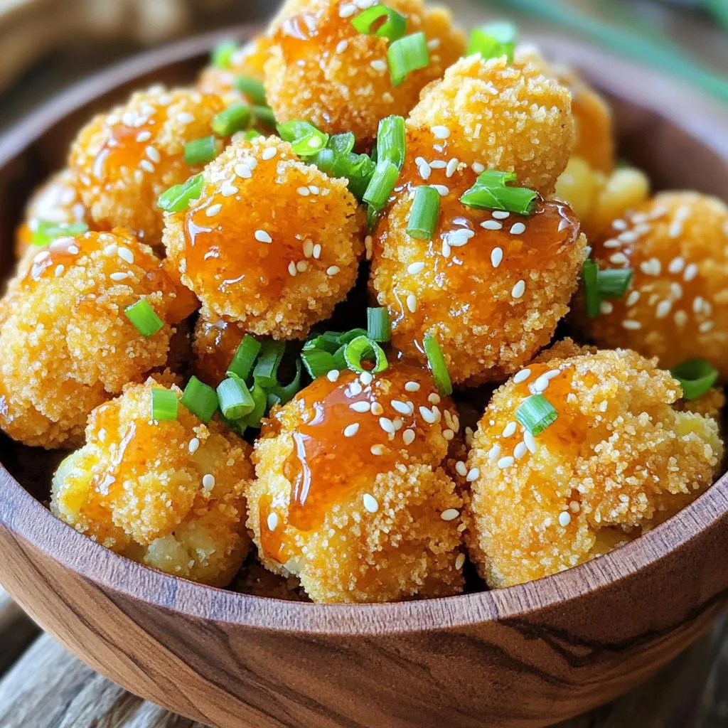 - 1 medium head of cauliflower, cut into bite-sized florets - 1 cup all-purpose flour - ½ cup honey - 4 cloves garlic, minced These ingredients are the stars of your crispy honey garlic cauliflower bites. The cauliflower gives you that nice crunch, while the honey and garlic add sweet and savory flavors that make each bite delicious. - 1 teaspoon garlic powder - 1 teaspoon onion powder - ½ teaspoon smoked paprika - ½ teaspoon salt - ¼ teaspoon black pepper - 1 cup breadcrumbs (preferably panko for extra crunch) These seasonings help elevate the taste of the cauliflower. Garlic powder and onion powder bring depth, while smoked paprika gives a hint of warmth. Panko breadcrumbs are key for that extra crunch we all love. - 2 tablespoons low-sodium soy sauce - 1 tablespoon sesame oil (optional for added richness) - Chopped green onions for garnish - Sesame seeds for garnish Optional ingredients can take your bites to the next level. Soy sauce adds umami, while sesame oil gives a rich flavor. Garnishes like green onions and sesame seeds add color and texture, making your dish look as good as it tastes. - Preheat oven to 425°F (220°C). - Line a baking sheet with parchment paper. This will make cleanup easy. - Combine flour, water, garlic powder, onion powder, smoked paprika, salt, and black pepper. - Whisk until you achieve a smooth, lump-free consistency. This batter will coat the cauliflower well. - Dip each cauliflower floret in the batter. Make sure it's fully coated. - Let excess batter drip off, then roll in breadcrumbs. Place on the lined baking sheet in a single layer. - Bake for 25-30 minutes. Flip the florets halfway to ensure they become crispy and golden. - In a saucepan, combine honey, minced garlic, soy sauce, and sesame oil if you like. - Simmer on medium heat for about 5 minutes. Stir until it thickens slightly. This sauce brings sweet and savory flavors. - Once the cauliflower bites are crispy, transfer them to a bowl. - Drizzle the honey garlic sauce over them and toss gently. Make sure each piece gets coated. - Garnish with chopped green onions and sesame seeds. This adds color and crunch. To make your cauliflower bites crispy, use panko breadcrumbs. Panko gives a light and airy crunch. Regular breadcrumbs can make the bites dense. Make sure you coat each floret evenly with batter. Dip it fully, then let excess batter drip off. After that, roll it in panko. A full coating traps the crunch inside. You can add sesame oil to the honey garlic sauce. This gives a rich depth of flavor that balances the sweetness. If you want a sweeter bite, adjust the honey. Add more honey for a sweeter flavor or less for a lighter taste. For a lovely serve, arrange the cauliflower bites in a small wooden bowl. Drizzle some extra honey garlic sauce on top. Then, sprinkle chopped green onions and sesame seeds for a pop of color. This makes the dish look more inviting and appetizing. {{image_4}} If you need a gluten-free option, use almond flour or chickpea flour in place of all-purpose flour. Both give a nice texture and flavor. For a vegan alternative to honey, try maple syrup or agave nectar. These sweeteners add similar sweetness without animal products. You can spice things up by adding cayenne or turmeric to the batter. A pinch of cayenne brings heat, while turmeric adds a warm color and earthy taste. Also, feel free to experiment with different sauces. Try a spicy sriracha sauce or a tangy barbecue sauce instead of the honey garlic. To complement the bites, serve them with a fresh salad or roasted veggies. They also pair well with rice or quinoa for a fuller meal. For dips, try ranch or blue cheese dressing. A simple yogurt dip can also balance the sweetness of the honey garlic sauce. To store your leftover crispy honey garlic cauliflower bites, let them cool first. Place them in an airtight container to keep them fresh. They will stay good in the fridge for about 3 to 4 days. If you want the best taste, eat them within two days. When reheating, I recommend using the oven or an air fryer. This helps them stay crispy. Preheat your oven to 350°F (175°C) and place the bites on a baking sheet. Heat them for about 10 to 15 minutes. Avoid using the microwave, as it can make them soggy. To freeze the cauliflower bites, first let them cool completely. Place them in a single layer on a baking sheet and freeze for about 1 hour. Once frozen, transfer them to a freezer-safe bag. They will keep well for up to 3 months. When ready to eat, thaw them in the fridge overnight and reheat as mentioned above. You can easily make these bites gluten-free. Use almond flour or chickpea flour in place of all-purpose flour. For the breadcrumbs, look for gluten-free options or crush rice crackers as a crunchy alternative. This way, you can enjoy the same crispy texture without gluten. Yes, you can prepare the honey garlic sauce ahead of time. Simply mix the honey, minced garlic, soy sauce, and sesame oil in a saucepan. After cooking, allow the sauce to cool. Store it in an airtight container in the fridge for up to one week. Just reheat it when you’re ready to use it. Several sauces pair great with these cauliflower bites. Consider ranch dressing for a creamy option. Sweet chili sauce adds a nice kick. You can also try a spicy mayo for heat. For something lighter, a yogurt-based sauce with herbs works well too. Mix and match to find your favorite! This blog shows how to make tasty cauliflower bites with a sweet and savory sauce. You learned about key ingredients, like cauliflower and honey, as well as essential seasonings. I provided steps for perfecting the batter and frying the bites to crisp perfection. Don't forget the tips for storage and reheating to keep them fresh. Experiment with different flavors and pairings to make this dish your own. Enjoy these healthy snacks at any meal or gathering!