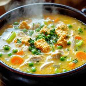 - 1 lb boneless, skinless chicken breasts - 1 medium onion, finely chopped - 2 cloves garlic, minced - 3 medium carrots, peeled and diced - 2 stalks celery, diced - 1 cup frozen peas - 4 cups chicken broth (low-sodium recommended) - 1 cup heavy cream - 1 teaspoon dried thyme - 1 teaspoon dried rosemary - 1/4 cup all-purpose flour - 2 tablespoons olive oil - 1/2 cup frozen pie crust pieces You need these main ingredients to make a tasty chicken pot pie soup. The chicken gives a hearty base, while the onion and garlic add depth. Carrots and celery bring sweetness and crunch. For creaminess, use heavy cream. The peas add a pop of color and flavor. - Salt and freshly cracked black pepper - Fresh parsley for garnish Seasoning is key to great flavor. Use salt and black pepper to taste. Fresh parsley not only brightens the soup but also adds a fresh touch. It makes your dish look appealing too. Don't skip these essential touches! 1. Start by heating olive oil in a large pot on medium heat. 2. Add finely chopped onion and minced garlic. Sauté them until the onion is clear and smells good, about 3-4 minutes. 3. Next, add diced chicken to the pot. Cook the chicken until it is no longer pink, which takes about 5-6 minutes. Stir it often to cook evenly. 1. Now, it's time to mix in the diced carrots and celery. Cook them for another 4-5 minutes until they soften a bit. 2. Sprinkle the all-purpose flour over the chicken and veggies. Stir well to coat everything. Let it cook for a minute to remove the raw flour taste. 3. Gradually pour in the chicken broth while stirring. This helps avoid lumps. Add dried thyme, dried rosemary, salt, and black pepper. Increase heat to bring the soup to a gentle simmer. 1. Once the soup simmers, lower the heat and slowly stir in the heavy cream. Let it cook for about 10 minutes to blend the flavors. 2. Add frozen peas and pie crust pieces to the pot, stirring gently. Cook for another 5 minutes until everything is hot and the pie crust pieces are soft. 3. Serve the soup hot in bowls. Don’t forget to garnish with fresh parsley for a bright touch. Using low-sodium chicken broth is key. It lets you control the salt levels. This broth lets the flavors shine without being too salty. I always recommend checking the label before buying. To ensure even cooking, cut your chicken and veggies into similar sizes. This helps everything cook at the same rate. Stir often while cooking. This prevents sticking and ensures even heat. For seasoning adjustments, taste as you go. Add a pinch of salt or pepper if needed. You can also try adding a dash of lemon juice for brightness. To make the soup thicker, increase the flour slightly or reduce the broth. For a creamier texture, add more heavy cream. You can also blend a portion of the soup and return it to the pot for a smooth finish. {{image_4}} You can make chicken pot pie soup your own by changing a few ingredients. If you want, swap out chicken for turkey or use leftover rotisserie chicken. Both options give great flavor. You can also change the veggies. Try adding corn or green beans for extra taste and color. Peas are a classic, but other vegetables work too. Get creative with what you have! The herbs and spices you use can change the whole dish. For a fresh twist, try adding sage or dill instead of thyme and rosemary. This small change can brighten the soup. You can also tweak the creaminess. If you want a lighter soup, use whole milk instead of heavy cream. For a rich flavor, consider half-and-half or coconut cream. Each choice gives you a new taste experience! To store leftover soup, let it cool first. Use an airtight container, and it will keep well in the fridge for about 3 to 4 days. When you want to reheat it, pour the soup into a pot. Heat it on medium until it warms through. Stir often to avoid sticking. You can also use the microwave. Heat it in 1-minute bursts, stirring in between, until hot. If you want to freeze portions, let the soup cool completely. Use freezer-safe containers or bags. Leave some space at the top for expansion. It can last for up to 3 months in the freezer. To thaw, move it to the fridge overnight. For quick thawing, run the container under cold water. When ready to reheat, use a pot on low heat. Stir gently as it warms up to avoid burning. How long does chicken pot pie soup last in the fridge? Chicken pot pie soup can last about three to four days in the fridge. Store it in an airtight container. Make sure it cools down first before sealing. This keeps the soup fresh and safe to eat. Can I make this soup ahead of time? Yes, you can make this soup ahead of time. It tastes even better after some time in the fridge. Just reheat it gently on the stove. If it thickens too much, add a little extra broth or cream. Is there a vegetarian version of chicken pot pie soup? You can make a vegetarian version easily. Swap the chicken for diced mushrooms or tofu. Use vegetable broth instead of chicken broth. Add more veggies like corn or green beans for texture and flavor. What goes well with chicken pot pie soup? Several things pair well with chicken pot pie soup. Fresh, crusty bread is a great choice. You could also serve a simple side salad for a light touch. For a twist, try cornbread for a fun, sweet side. This article covered how to create delicious chicken pot pie soup. We explored key ingredients like chicken, vegetables, and herbs. You learned step-by-step cooking methods and tips to enhance flavor. Variations allowed for personal touches, and storage info ensured long-lasting enjoyment. Now, you can easily make this comforting soup at home. Experiment with flavors and share it with others. Happy cooking!