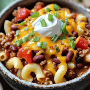- 1 pound ground beef or turkey - 1 can (15 oz) kidney beans, rinsed and drained - 1 can (15 oz) black beans, rinsed and drained - 1 can (14.5 oz) diced tomatoes with green chilies - 1 can (6 oz) tomato paste - 2 cups beef or vegetable broth - 1 cup elbow macaroni For the heart of this dish, the main ingredients are key. I often choose ground beef or turkey for a hearty base. Both options give great flavor. Then, I add kidney beans and black beans for extra protein and fiber. They make the chili mac filling and satisfying. Diced tomatoes add a juicy touch, while tomato paste thickens the mix. Finally, broth brings everything together, and elbow macaroni provides that comforting texture. - 1 tablespoon chili powder - 1 teaspoon ground cumin - 1 teaspoon smoked paprika - 1 teaspoon garlic powder - 1 teaspoon onion powder - Salt and pepper to taste To boost flavor, I rely on spices. Chili powder is a must for warmth. Ground cumin adds earthiness, while smoked paprika gives a hint of smoke. Garlic powder and onion powder add depth and sweetness. I adjust salt and pepper to bring all these flavors to life. - 1 cup shredded sharp cheddar cheese - 1/2 cup sour cream (for serving) - Green onions, sliced (for garnish) Once cooked, I love to top the chili mac with shredded sharp cheddar cheese. It melts beautifully, adding richness. A dollop of sour cream cools the heat and adds creaminess. Sliced green onions not only add color but also a fresh crunch. Together, these garnishes create a dish that looks as good as it tastes. Start by browning 1 pound of ground beef or turkey in a skillet. Use medium heat to cook until it is no longer pink. This will take about 5 to 7 minutes. Season it with salt and pepper for extra flavor. If there's any fat left, drain it from the skillet. Once cooked, transfer the meat to your slow cooker. This step gives your chili mac a hearty base. Now, add the good stuff! Into the slow cooker, put: - 1 can (15 oz) kidney beans, rinsed and drained - 1 can (15 oz) black beans, rinsed and drained - 1 can (14.5 oz) diced tomatoes with green chilies - 1 can (6 oz) tomato paste - 2 cups beef or vegetable broth Stir these ingredients well. This creates a rich, flavorful mixture. Next, mix in 1 cup of elbow macaroni along with: - 1 tablespoon chili powder - 1 teaspoon ground cumin - 1 teaspoon smoked paprika - 1 teaspoon garlic powder - 1 teaspoon onion powder Make sure everything combines evenly. This ensures every bite is packed with flavor! Cover your slow cooker with its lid. Set it to cook on low for 6 to 8 hours or on high for 3 to 4 hours. You want the macaroni to be tender and the chili to be hot. About 15 minutes before serving, add 1 cup of shredded sharp cheddar cheese. Stir gently until the cheese melts. This makes the dish creamy and rich. Don’t forget to taste and adjust the seasonings with salt and pepper as needed. Serve your loaded chili mac hot. Top it with sour cream and sliced green onions for a fresh touch. Enjoy this comforting meal! To make your chili mac even better, tweak the spices. You can add more chili powder if you love heat. A pinch of cayenne pepper or red pepper flakes also works well. These will give it a nice kick. Adding a splash of hot sauce at the end can really elevate your dish. If you want it smoky, try more smoked paprika. Mix and match until you find your best flavor. If you want to switch things up, use ground chicken or a plant-based meat. Both options taste great and keep the dish light. For perfect macaroni, add it halfway through cooking. This way, it won't get too soft. Stir gently when you add it to the pot. Pair your chili mac with a fresh salad or some cornbread. These sides add nice texture and flavor. For leftovers, try topping a baked potato with chili mac. It’s a fun twist! You can even make chili mac tacos with tortillas. Just scoop it in, and enjoy! {{image_4}} You can easily make a vegetarian version of Slow Cooker Loaded Chili Mac. Just replace the ground beef or turkey with plant-based protein like lentils or veggie crumbles. - For a heartier dish, add these vegetables: - Bell peppers - Zucchini - Corn These options will add color and nutrition. Plus, they taste great! If you love cheese, try different types for a richer flavor. Sharp cheddar is a classic choice, but you can switch it up with: - Pepper jack for a spicy kick - Mozzarella for a creamy texture - Gouda for a smoky flavor Mix in fresh herbs like basil or parsley for a gourmet touch. It will elevate your dish and impress your guests! Want some heat? Add jalapeños or a splash of hot sauce to give it a zesty kick. - You can also try different beans like: - Pinto beans for a creamier texture - White beans for a mild flavor Feel free to mix in barbecue sauce or salsa for a fun twist! These additions will make your chili mac truly unique. To store your leftover Slow Cooker Loaded Chili Mac, let it cool first. Use an airtight container for best results. This keeps the flavors fresh and prevents spills. You can refrigerate it for up to four days. Make sure to label the container with the date. This way, you know when to eat it! Freezing is a great option if you have more than you can eat. To freeze, let the chili mac cool completely. Then, pack it into freezer-safe containers. You can use freezer bags as well. Squeeze out the air to avoid freezer burn. It can last in the freezer for up to three months. When you are ready to eat, thaw it in the fridge overnight. To reheat, use a pot or microwave. Add a splash of broth to keep it moist. This helps keep the flavor and texture. When reheating your leftovers, the stove is the best method. Heat it on low, stirring often. This way, it warms evenly. If using a microwave, heat in short intervals. Stir between each interval to avoid hot spots. To keep the macaroni from getting soggy, don’t overheat. Just warm it enough until it’s hot. You want to enjoy that perfect texture! To make your Slow Cooker Loaded Chili Mac gluten-free, choose gluten-free pasta. Rice pasta or lentil-based pasta works well. You can also replace regular broth with gluten-free broth. Always check labels on canned goods to ensure they are gluten-free. For extra substitutions, use lentils instead of beans for added protein. You can swap the ground meat for a gluten-free meat alternative, like ground turkey or a plant-based option. These changes keep the dish tasty while meeting gluten-free needs. Yes, you can use canned chili in your Slow Cooker Loaded Chili Mac. Canned chili saves time and adds flavor. However, it may have more salt and spices than you want. Consider this when mixing with other ingredients. Adjustments to the recipe include reducing added spices like chili powder. You might want to taste the mixture before adding salt. This ensures the flavors blend well without overwhelming the dish. To adjust the spice level, you can add or reduce chili powder in the mix. Start with a smaller amount if you're unsure. Taste and add more if needed. This way, you control the heat. You can also add jalapeños or hot sauce for an extra kick. For milder flavors, consider adding sour cream while serving. This balances the heat and makes the meal creamy and rich. This blog post outlined how to make a delicious Slow Cooker Loaded Chili Mac. You learned about the key ingredients, tasty spices, and creative garnishes. The step-by-step instructions guided you through each process from browning meat to serving. Tips helped enhance your dish's flavor and showed variations like vegetarian options. Storing and reheating tips ensure your leftovers stay tasty. Enjoy making this comforting meal, and feel free to adapt it to your taste. Happy cooking!