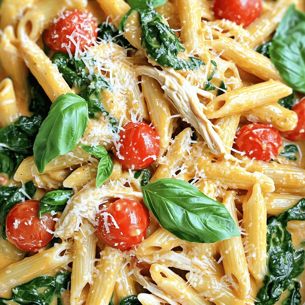 - 4 boneless, skinless chicken breasts - 1 cup cherry tomatoes, halved - 1 cup fresh spinach - 1 medium onion, diced - 3 cloves garlic, minced - 1 cup low-sodium chicken broth - 1 teaspoon Italian seasoning - 1/2 teaspoon red pepper flakes (optional) - 1/2 cup heavy cream - 12 ounces penne pasta - Salt and black pepper to taste - Grated Parmesan cheese for serving - Fresh basil leaves for garnish This list packs a punch of flavor. The chicken breasts are the stars, providing protein. Cherry tomatoes add sweetness and color. Fresh spinach brings a pop of green and nutrients. The onion and garlic give depth and aroma. For additional flavors, low-sodium chicken broth is a great base. Italian seasoning adds a classic touch. If you like some heat, red pepper flakes work well. Heavy cream makes this dish rich and creamy. The penne pasta holds all the tasty sauce. Finally, don’t forget the garnishes! A sprinkle of salt and pepper personalizes each plate. Grated Parmesan cheese adds a nutty finish. Fresh basil leaves are like a green bow on a gift, giving more flavor and a lovely look. 1. Start by placing the chicken breasts into the slow cooker. 2. Season the chicken with salt, black pepper, Italian seasoning, and red pepper flakes. 3. Next, add the diced onion and minced garlic on top. The onion and garlic add great flavor. 1. Layer the halved cherry tomatoes over the seasoned chicken. 2. Pour the low-sodium chicken broth into the slow cooker. Make sure the broth covers the chicken well. 3. Cover the slow cooker and set it to low for 6-7 hours or high for 3-4 hours. The chicken should be tender when done. 1. About 30 minutes before serving, stir in the fresh spinach and heavy cream. Mix gently. 2. While these flavors blend, cook the penne pasta according to the package instructions. Drain the pasta when done. 3. When the cooking time is up, use two forks to shred the chicken in the slow cooker. Mix it well with the sauce. 4. Add the drained penne pasta to the slow cooker. Stir to coat each piece with the creamy sauce. 5. Taste and adjust the seasoning with more salt and pepper, if needed. Serve the dish hot. Garnish with grated Parmesan cheese and fresh basil for added flavor. To get the best results from your slow cooker, I recommend using the low setting for 6-7 hours. This way, the chicken will become very tender. If you're short on time, the high setting works too, cooking in 3-4 hours. Make sure the chicken is fully covered by liquid. This keeps the chicken moist and helps it cook evenly. If it’s not covered, parts of the chicken may dry out. Always check the broth level before serving. Feel free to swap ingredients to keep it fresh. You can use diced bell peppers instead of tomatoes or add mushrooms for a different taste. If you want a stronger flavor, try adding more garlic or herbs like thyme or oregano. Adding a splash of lemon juice right before serving can brighten the dish. If you like heat, toss in more red pepper flakes for a spicy kick! Pair your Tuscan chicken pasta with a simple side salad. A mix of greens with a light vinaigrette works well. Garlic bread also makes a great side. When serving, consider portion control. Use a measuring cup for equal servings. This way, everyone gets the same amount, and it helps with leftovers! {{image_4}} You can switch up the chicken in this dish. Turkey works great as a lighter meat option. Just use 4 turkey breasts instead of chicken. You’ll get a similar taste with less fat. Tofu is a fun choice too. Cut firm tofu into cubes. Sauté it lightly before adding it to the slow cooker. You will still enjoy that creamy sauce and great flavors. Shrimp is another protein to consider. Use about a pound of shrimp. Add it in the last 30 minutes of cooking. This way, it stays tender and juicy. If you need a gluten-free meal, swap the penne pasta. Use gluten-free pasta made from rice or corn. It cooks similarly but check the package for timings. When using different pasta, cooking times may change. Test your pasta a few minutes before the package states. You want it to be al dente, not mushy. For a vegetarian take, skip the chicken altogether. Add more vegetables like zucchini, bell peppers, or mushrooms. This adds color and texture to your meal. You can also include protein alternatives like chickpeas or lentils. They blend well with the creamy sauce and add healthy fiber. This version is filling and full of flavor! After you enjoy your Slow Cooker Tuscan Chicken Pasta, store the leftovers in an airtight container. This keeps the dish fresh and tasty. Make sure to refrigerate within two hours to prevent bacteria growth. Properly stored, your meal lasts for up to four days in the fridge. If you want to save your pasta for later, freezing is a great option. To freeze, let the pasta cool completely. Then, place it in a freezer-safe container. Use a tight lid to prevent freezer burn. Your pasta can last up to three months in the freezer. When ready to eat, thaw it overnight in the fridge. Reheat it on the stove or in the microwave until hot. Leftover pasta can be just as fun. Try adding some veggies or extra cheese for a new twist. You can also turn it into a pasta bake by mixing it with more cheese and baking until bubbly. Another idea is to use it as a filling for wraps or quesadillas. This way, you make a whole new meal out of your leftovers. To make this dish, you need about 15 minutes for prep. Cooking time varies based on the heat setting. On low, it takes 6-7 hours. If you set it on high, it cooks in 3-4 hours. The chicken should be tender and fully cooked. Yes, you can prepare this meal ahead of time. You can season the chicken and chop the vegetables the night before. Store them in the fridge until you are ready to cook. Just add everything into the slow cooker when you want to start. This recipe is perfect for meal prep. If you want a lighter option, use half-and-half instead of heavy cream. You can also try coconut cream for a dairy-free choice. Another option is to blend silken tofu until smooth. This gives you a creamy texture without the heavy cream. In this post, we explored the tasty recipe for Slow Cooker Tuscan Chicken Pasta. We covered key ingredients, including chicken, tomatoes, and cream, as well as step-by-step instructions. I shared tips for using your slow cooker and offered variations to suit different diets. Remember, you can switch ingredients or adjust flavors. This dish is not only easy but also makes for great leftovers. Enjoy making this meal that’s comforting and satisfying. You have all the tools to create something special!
