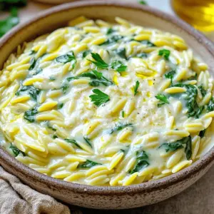 - 1 cup orzo pasta - 4 cups vegetable broth - 3 cloves garlic, finely minced - 1 cup heavy cream - 1 cup freshly grated Parmesan cheese - 1 cup fresh spinach, roughly chopped I love using orzo pasta in this dish. It's small, cute, and cooks quickly. You will boil it in vegetable broth. This adds a nice flavor. Garlic is key for that rich taste. Mince it finely to get the best aroma. Heavy cream makes the dish creamy and rich. Don’t forget the freshly grated Parmesan cheese. It gives a lovely cheesy flavor. Spinach adds color and nutrients. - ½ teaspoon freshly cracked black pepper - ½ teaspoon sea salt - ¼ teaspoon red pepper flakes (optional) - Fresh parsley, finely chopped Seasoning is important. Black pepper and sea salt enhance the flavors. Red pepper flakes add a bit of heat, but use them if you like spice. Finally, fresh parsley brightens the dish when you sprinkle it on top. 1. Pour 4 cups of vegetable broth into a medium saucepan. 2. Heat it over medium-high heat until it boils gently. 3. Add 1 cup of orzo pasta to the boiling broth. 4. Cook the orzo according to the package instructions, about 8-10 minutes. 5. Stir occasionally to keep it from sticking. 6. Once cooked, drain any extra broth if needed. 1. In a large skillet, heat 1 tablespoon of olive oil over medium heat. 2. Add 3 cloves of finely minced garlic to the skillet. 3. Sauté the garlic for 2-3 minutes until it smells great. 4. Make sure to stir it often to avoid burning. 5. Lower the heat and pour in 1 cup of heavy cream. 6. Let the mixture simmer for a few minutes, stirring sometimes. 7. Gradually mix in 1 cup of freshly grated Parmesan cheese. 8. Keep stirring until the cheese melts and the sauce is creamy. 1. Transfer the cooked orzo to the skillet with the creamy sauce. 2. Stir well so the orzo is fully coated in the sauce. 3. Season with ½ teaspoon of freshly cracked black pepper and ½ teaspoon of sea salt. 4. If you want some heat, add ¼ teaspoon of red pepper flakes. 5. Fold in 1 cup of roughly chopped fresh spinach. 6. Cook for an additional 2 minutes until the spinach wilts. 7. Taste your orzo and adjust the seasoning for the best flavor. 8. Let it rest for a minute before serving. - How to prevent orzo from sticking: Stir the orzo often while it cooks. This helps keep the pasta from clumping. Adding a splash of olive oil to the boiling broth can also help. - Ensuring the sauce is creamy: Use heavy cream for the best texture. Gradually add the Parmesan cheese while stirring. This keeps the sauce smooth and prevents lumps. Make sure to cook over low heat when you add the cream. This way, it won’t curdle. - Best presentation tips: Serve the creamy orzo in a shallow bowl. This shows off its lovely texture. Garnish with fresh parsley and an extra sprinkle of Parmesan. A drizzle of olive oil adds a nice touch, too. - Pairing ideas for the dish: Creamy garlic Parmesan orzo pairs well with grilled chicken or roasted vegetables. A fresh salad on the side adds crunch and balance. For a wine choice, a light white wine, like Pinot Grigio, complements this dish well. {{image_4}} You can make Creamy Garlic Parmesan Orzo even better by adding some fun extras. Here are a few options: - Protein options: - Cooked chicken adds heartiness. - Shrimp brings a nice touch of seafood. - Crispy bacon gives a smoky flavor. - Vegetables: - Mushrooms add a meaty texture. - Peas offer a sweet pop. - Roasted bell peppers bring color and taste. Feel free to mix and match! These add-ins make the dish your own. To boost flavor, think about adding herbs and spices. Here are some ideas: - Herbs and spices to consider: - Fresh basil adds a sweet, aromatic touch. - Thyme gives a lovely earthy flavor. - A dash of lemon zest brightens the dish. - Alternative cheeses: - Creamy goat cheese gives a tangy bite. - Fontina melts beautifully for a rich taste. - Feta adds a salty kick. These options can change the dish's profile and keep it exciting. Explore different flavors to find your favorite combination! To keep your creamy garlic Parmesan orzo fresh, let it cool to room temperature. Place it in a container with a tight lid. Glass or BPA-free plastic containers work best. If you have a lot, divide it into smaller portions. This way, you can enjoy it one meal at a time. When it’s time to eat the leftovers, reheat the orzo on the stove. Add a splash of vegetable broth or cream to restore its creaminess. Heat it over low to medium heat, stirring often. You want it warm, not hot. This helps keep the texture just right. The creamy orzo will last in the fridge for about three days. If it sits longer than that, it may not taste good. Always check for any strange smells or colors before eating. Can I use whole wheat orzo? Yes, you can use whole wheat orzo. It has a nuttier flavor and more fiber. The cooking time may be slightly longer, so check the package. Is this dish suitable for meal prep? Absolutely! Creamy garlic Parmesan orzo stores well. Just keep it in an airtight container in the fridge. Reheat it gently on low heat. How can I make it vegan? To make it vegan, use plant-based cream and skip the cheese. Nutritional yeast can add a cheesy flavor. Can I substitute heavy cream with something lighter? Yes, you can use half-and-half or coconut cream. These options will keep the dish creamy but lighter. What can I use if I don’t have Parmesan cheese? If you lack Parmesan cheese, try Pecorino Romano or a dairy-free cheese. Nutritional yeast also works well for a cheesy flavor. This blog post covered a delicious creamy orzo pasta. We explored the key ingredients, like orzo, garlic, and spinach. You learned how to prepare this dish in easy steps. We shared tips for a perfect cook and creative serving ideas. You can also customize the recipe with proteins and veggies. In closing, this dish is simple to make and offers many variations. Enjoy cooking and tasting your creamy orzo dish!