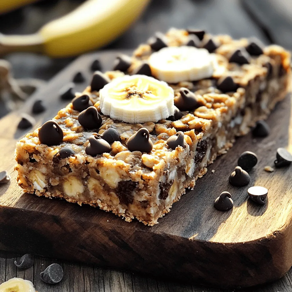 To make the Chocolate Chip Banana Oatmeal Bars, you will need: - 2 ripe bananas, thoroughly mashed - 1 cup old-fashioned rolled oats - 1/2 cup almond butter (or your choice of nut butter) - 1/4 cup honey or maple syrup - 1 tsp pure vanilla extract - 1/2 tsp baking powder - 1/2 tsp ground cinnamon - 1/4 tsp fine salt - 1/2 cup dark chocolate chips - Optional: 1/4 cup chopped walnuts or pecans Each bar contains key nutrients. It has healthy fats from the nut butter. The oats provide fiber. Bananas add potassium and natural sweetness. The dark chocolate gives a touch of indulgence. Each bar is roughly 120 calories. It has about 4 grams of protein and 5 grams of fiber. You can swap ingredients as needed: - Use peanut butter instead of almond butter if preferred. - Maple syrup can replace honey for a vegan option. - If you don’t have dark chocolate, use milk chocolate or white chocolate. - For a nut-free version, leave out nuts or use sunflower seed butter. These swaps keep the bars tasty and fun! 1. Preheat your oven to 350°F (175°C). 2. Lightly grease an 8x8-inch baking pan or line it with parchment paper. 3. In a large bowl, mash the ripe bananas until smooth. 4. Add almond butter, honey or maple syrup, and vanilla extract. 5. Mix with a fork or whisk until creamy. 6. Stir in rolled oats, baking powder, cinnamon, and salt. 7. Make sure no dry bits remain in the mixture. 8. Gently fold in dark chocolate chips and nuts, if using. 9. Spread the mixture evenly in the prepared pan. 1. Place the pan in your preheated oven. 2. Bake for 20 to 25 minutes. 3. Check for doneness by looking for golden edges. 4. Insert a toothpick in the center; it should come out mostly clean. 1. Let the bars cool in the pan for 10 minutes. 2. Use the parchment paper to lift the bars out. 3. Allow them to cool completely on a wire rack. 4. Once cool, slice into squares or bars. 5. Serve them plain or with banana slices on top. To make the best Chocolate Chip Banana Oatmeal Bars, follow these tips: - Use ripe bananas. They add more sweetness and flavor. - Measure oats correctly. Too many oats can make bars dry. - Mix well but don’t overmix. This keeps the bars light and fluffy. - Bake until golden brown. This gives them a nice texture and taste. Keep your bars fresh with these storage tips: - Store them in an airtight container. This helps them stay soft. - Place parchment paper between layers. This prevents sticking. - Refrigerate for longer freshness. They stay good for up to one week. - You can freeze them too. Wrap in plastic wrap and keep in a freezer bag. Enjoy your bars in fun ways: - Serve warm with a glass of milk. - Add a dollop of yogurt on top. - Pair with fresh fruit for added flavor. - Cut into small squares for snacks or treats. These ideas make your bars even more enjoyable! {{image_4}} You can change up the flavor of your bars easily. Swap almond butter for peanut or cashew butter. Each nut butter gives a unique taste. You can add nuts, too, like walnuts or pecans. They bring a nice crunch. Try adding dried fruit like raisins or cranberries for a sweet twist. You can also mix in seeds, like chia or flaxseeds, for extra health benefits. To make these bars healthier, you can replace honey or maple syrup with a sugar substitute. Use stevia or monk fruit sweetener if you want fewer calories. These options still add sweetness without the extra sugar. You can reduce the chocolate chips as well. This keeps the bars tasty but lowers the sugar content. To make your bars gluten-free, check that your oats are certified gluten-free. Most oats are safe, but it’s good to double-check. For vegan options, use maple syrup instead of honey. Choose a plant-based butter or omit it entirely for a simple recipe. These changes help everyone enjoy the bars, no matter their diet. To keep your chocolate chip banana oatmeal bars fresh, store them in an airtight container. You can leave them at room temperature for up to three days. For longer freshness, place them in the fridge. They can last about a week this way. Make sure they cool fully before storing. This helps avoid sogginess. If you want to enjoy these bars later, freezing is a great option. First, cut the bars into squares. Then, wrap each piece tightly in plastic wrap. Place them in a freezer-safe bag or container. They will stay good for up to three months. When you’re ready to eat, just thaw them in the fridge overnight. To enjoy warm bars, you can reheat them easily. Place a bar in the microwave for about 10-15 seconds. Check to see if it’s warm enough. If not, heat for another few seconds. You can also warm them in the oven. Set the oven to 350°F (175°C) and heat for about 5-7 minutes. This will make them soft and gooey again! Yes, you can use other fruits. Applesauce, berries, or even pumpkin work great. Just make sure the fruit is mashed or pureed. This keeps the right texture. Each fruit brings its own flavor, too. So, feel free to experiment! To adjust for fewer servings, cut the ingredients in half. Use a smaller pan, like a 6x6 inch one. This keeps the baking time similar, about 20 minutes. Always check for doneness with a toothpick. Adjusting ensures you get fresh bars every time. You can use any nut butter you like. Peanut butter, cashew butter, or sunflower seed butter are great options. Each will change the taste a bit, but they all work well. Just make sure the substitute is smooth for best results. These bars last about a week when stored in an airtight container. Keep them at room temperature or in the fridge for extra freshness. If you freeze them, they can last up to three months. Just thaw before enjoying! This post covered the key steps to make delicious bars. We looked at ingredients, like nut butters and sugar options. I shared tips for baking, storing, and serving your bars. You can even try fun variations! With these easy steps, you can feel confident in your baking skills. Remember to adjust for your taste and needs. Enjoy creating your own bars and sharing them with others!