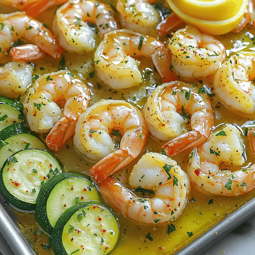 - 1 pound large shrimp, peeled and deveined - 2 medium zucchinis, sliced into half-moons - 4 cloves garlic, finely minced - 1/4 cup unsalted butter, melted - 2 tablespoons extra virgin olive oil - 1 teaspoon freshly grated lemon zest - 1 tablespoon fresh lemon juice - 1 teaspoon smoked paprika - 1 teaspoon dried oregano - Salt and freshly ground black pepper, to taste - Fresh parsley, finely chopped (for garnish) This dish shines with its simple yet bold flavors. The shrimp brings a sweet briny taste, while the zucchini adds a fresh crunch. Garlic, lemon, and spices elevate the dish, making it truly memorable. When choosing shrimp, go for large ones. They cook quickly and have a nice bite. Zucchini is best when firm and bright. The garlic should be fresh to give the most flavor. You can swap in other ingredients, too. Try bell peppers or asparagus for a different twist. - Preheat oven to 400°F (200°C) - Line baking sheet with parchment paper Start by heating your oven. This step ensures your shrimp and zucchini cook evenly. While the oven warms, cover your baking sheet with parchment paper. This makes cleanup easier and stops sticking. - Combine melted butter, olive oil, minced garlic, lemon zest, lemon juice, smoked paprika, oregano, salt, and pepper Next, make the garlic butter mixture. In a large bowl, mix melted butter and olive oil. Add minced garlic, lemon zest, and lemon juice. Then, sprinkle in smoked paprika and oregano. Finish with salt and pepper. Whisk everything together until it smells great. - Toss shrimp in garlic butter mix and marinate for 15 minutes - Lightly drizzle zucchini with olive oil, salt, and pepper Now, it’s time to marinate the shrimp. Add them to the garlic butter mix and toss gently. Let them sit for 15 minutes. This helps the shrimp soak up all the flavors. While they marinate, grab your zucchini. Drizzle it with olive oil and sprinkle with salt and pepper. Toss to coat them well. - Place zucchini on one side and shrimp on the other side of the baking sheet Once the shrimp are ready, arrange the zucchini on one side of your baking sheet. Place the marinated shrimp on the other side. Keep them separate to cook properly. - Bake for 10-12 minutes until shrimp are pink and zucchini is tender Put the baking sheet in the oven. Bake for 10-12 minutes. The shrimp will turn pink and opaque, while the zucchini becomes tender. Keep an eye on them! - Garnish with fresh parsley before serving When done, take the sheet out of the oven. Sprinkle fresh parsley on top. This adds a nice touch and enhances the dish’s look. Your sheet pan garlic butter shrimp and zucchini is now ready to enjoy! Marinating shrimp is key. It adds flavor and keeps them moist. Use the garlic butter mix for this. Let them sit for 15 minutes. This short time helps the shrimp soak up the taste. For the best texture, choose large shrimp. They stay juicy and cook evenly. Do not overcook them. When shrimp turn pink and opaque, they are done. Watch closely to avoid rubbery shrimp. Slice zucchini into half-moons. This shape helps them cook evenly. Aim for uniform pieces to ensure they roast well together. Season the zucchini with olive oil, salt, and pepper. This simple mix enhances its natural flavor. Toss the slices gently for even coating. Cook them until tender and slightly caramelized. This adds a nice sweetness to the dish. For a stunning presentation, use a large, shallow bowl. Arrange the shrimp and zucchini side by side. Drizzle any leftover garlic butter on top. This adds flavor and makes the dish shine. Pair this meal with a light white wine or iced tea. A fresh salad on the side complements the dish nicely. Enjoy the burst of flavors and beautiful colors! {{image_4}} Cooking is all about creativity. You can easily change this dish to fit your taste. Here are some fun variations to try. You can swap shrimp for other proteins. Chicken works great in this recipe. Use boneless, skinless chicken thighs or breasts. Scallops are another tasty option. They cook quickly and have a sweet flavor. You can also change the veggies. Try bell peppers for a sweet crunch. Asparagus adds a nice green touch. Broccoli or carrots could work too. Mix and match to find your favorite combo! Want more flavor? Add extra seasonings. A pinch of garlic powder or onion powder can boost taste. Fresh herbs like thyme or basil also add depth. If you like heat, sprinkle in some chili flakes. They add a spicy kick that pairs well with shrimp. You can also use hot sauce for a zesty twist. This dish can fit many diets. For gluten-free needs, just check your butter and seasonings. Most are naturally gluten-free. If you follow a low-carb or ketogenic diet, this dish is perfect. Shrimp and zucchini are low in carbs. You can replace the butter with a healthy fat like avocado oil. Enjoy a tasty meal that meets your dietary needs! To keep shrimp and zucchini fresh, store them in an airtight container. Place them in the fridge right after your meal. Leftovers will stay good for up to three days. Make sure to cool the dish down before sealing it. When reheating, use the oven or stovetop. The oven keeps the shrimp and zucchini from getting soggy. Heat at 350°F (175°C) for about 10 minutes. If using the stovetop, warm gently over low heat. To avoid overcooking the shrimp, heat just until warm. Shrimp cook fast, so keep an eye on them. Yes, this dish can be frozen! To freeze, place the leftovers in a freezer-safe container. Leave some space for expansion. Label it with the date and eat within three months. When you’re ready to eat, thaw it overnight in the fridge. Reheat as mentioned above for the best taste. To devein shrimp, first, use a sharp knife. Make a cut along the back of the shrimp. You will see a dark vein. This is the digestive tract. Carefully pull it out with your fingers or the knife. Rinse the shrimp under cold water afterward. This method is quick and keeps your shrimp clean and fresh. Yes, you can use frozen shrimp. Just make sure to thaw them first. Place the shrimp in a bowl of cold water. Let them sit for about 15-20 minutes. If you have more time, leave them in the fridge overnight. After thawing, pat them dry with paper towels before cooking. This helps ensure they cook evenly. Absolutely! This recipe works well for meal prep. You can cook a larger batch and store it. Place the shrimp and zucchini in airtight containers. They will last in the fridge for up to three days. Just reheat them in the oven or microwave before serving. This makes it easy to enjoy a tasty meal later. You can serve this dish with many sides. Here are a few ideas: - Rice: White or brown rice pairs well. - Quinoa: A healthy, protein-packed option. - Salad: A fresh mixed green salad adds crunch. - Bread: Crusty bread is great for soaking up garlic butter. These sides will complement the shrimp and zucchini nicely. Shrimp are fully cooked when they turn pink and opaque. They should also curl slightly into a C shape. If they remain gray or translucent, they need more time. Be careful not to overcook them. Overcooked shrimp can become tough and rubbery, which is not pleasant. This recipe for sheet pan garlic butter shrimp and zucchini is simple and tasty. You learned about the key ingredients, easy steps, and helpful tips. Remember to marinate the shrimp for the best flavor and texture. You can also mix in different veggies or proteins to make it your own. Enjoy this dish warm, and don’t forget to pair it with your favorite sides. With fresh ingredients and straightforward steps, you can create a delicious meal that family and friends will love.