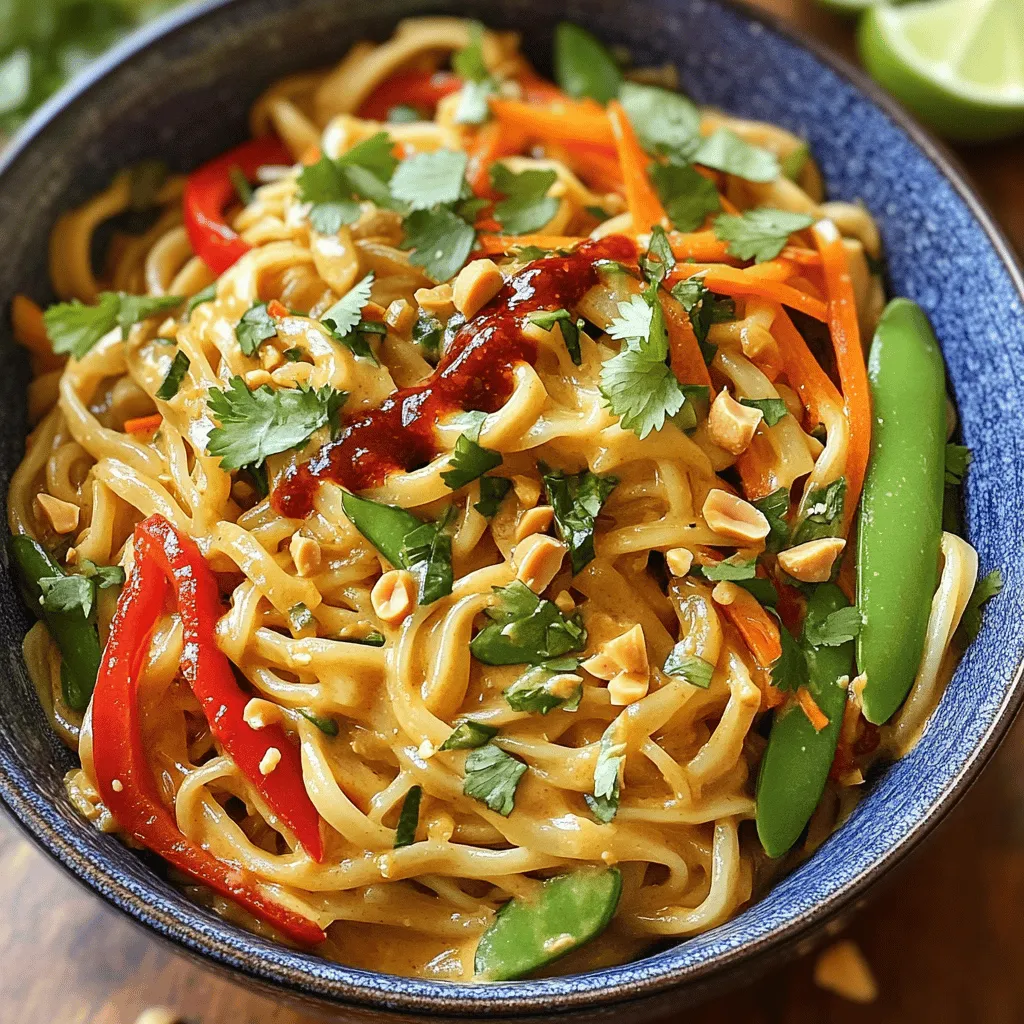 - 8 oz rice noodles - 1 cup coconut milk - 1/2 cup natural peanut butter - 2 tablespoons sesame oil - 1 red bell pepper, thinly sliced - 1 large carrot, peeled and julienned - 1 cup snap peas, trimmed - 3 green onions, chopped (white and green parts separated) - 3 tablespoons soy sauce (low-sodium recommended) - 2 tablespoons sriracha sauce - 1 tablespoon fresh lime juice - 1 teaspoon freshly grated ginger - 1 clove garlic, minced - Fresh cilantro and chopped peanuts for garnish - Lime wedges for serving Gathering the right ingredients is key to making these spicy Thai peanut noodles. You'll need rice noodles, coconut milk, and peanut butter as your base. The rice noodles offer a chewy texture. Coconut milk gives a creamy feel, while peanut butter adds nutty flavor. Next, add your vegetables for crunch and color. Red bell pepper and carrot bring sweetness. Snap peas add freshness, and green onions give a mild onion taste. For seasoning, soy sauce adds saltiness. Sriracha brings heat, but you can adjust it to your liking. Fresh lime juice brightens the dish, while ginger and garlic add warmth and depth. Finish with cilantro and peanuts for garnish. Lime wedges are perfect for an extra zing. All these ingredients come together in one pot for a delightful meal. - Boil water and cook the rice noodles. - Drain and set aside. Start by bringing a large pot of water to a boil. When the water bubbles, add the rice noodles. Cook them according to the package instructions. It's best to remove them just before they become fully tender. They will soften more later. After cooking, drain the noodles in a colander and set them aside. - Heat sesame oil in a large pot. - Add and sauté red bell pepper, carrot, green onions (white parts), and snap peas. In a large pot or deep skillet, pour in two tablespoons of sesame oil. Heat the oil over medium heat. When the oil shimmers, toss in the sliced red bell pepper, julienned carrot, the white parts of the green onions, and snap peas. Stir them for about 3 to 4 minutes. You want them to be tender-crisp and bright in color. - Combine coconut milk, peanut butter, soy sauce, sriracha, lime juice, ginger, and garlic in a bowl. - Whisk until smooth and uniform. Grab a mixing bowl. Add one cup of coconut milk, half a cup of peanut butter, three tablespoons of soy sauce, two tablespoons of sriracha, one tablespoon of fresh lime juice, one teaspoon of grated ginger, and one clove of minced garlic. Use a whisk to blend these ingredients well until the sauce is smooth and creamy. - Pour the peanut sauce into the sautéed vegetables. - Stir to coat the vegetables evenly. Now, pour the peanut sauce into the pot with the sautéed vegetables. Stir everything together carefully. You want to make sure the sauce coats all the veggies nicely. - Add drained noodles and gently toss together. - Heat on low for an additional 2-3 minutes. Next, add the drained noodles to the pot. Gently toss everything together, making sure the noodles soak up the sauce. Let the dish heat on low for about 2 to 3 minutes. This helps everything blend together perfectly. - Remove from heat and garnish with cilantro and peanuts. - Serve with lime wedges. Once everything is warm, take the pot off the heat. Serve the spicy Thai peanut noodles in bowls. Top each bowl with fresh chopped cilantro and crushed peanuts. Don’t forget to add lime wedges on the side. The lime adds a nice zing of freshness! - Cook rice noodles in boiling water for about five minutes. - Remove them before they are fully soft. - Rinse noodles under cold water to stop the cooking process. - This keeps them from getting mushy later. - Adjust sriracha based on your heat preference. - Use less sriracha for a milder taste. - Try sweet chili sauce for a different flavor. - Add fresh jalapeños for more heat if desired. - Serve in clear bowls to show off the colors. - Top each bowl with fresh cilantro and crushed peanuts. - Add an extra lime wedge on the side for fun. - These small touches make the dish pop visually. {{image_4}} You can easily add protein to your spicy Thai peanut noodles. Chicken, shrimp, or tofu are great choices. If you use chicken, cut it into small pieces and sauté it first. Cook until it is no longer pink. For shrimp, toss them in during the last few minutes of cooking. They cook quickly. If you prefer tofu, use firm tofu, diced into cubes. Sauté it with the veggies for a crispy texture. Adjust cooking times based on your choice. Chicken may need about 5-7 minutes, shrimp about 3-4 minutes, and tofu can cook for 4-5 minutes. Fresh veggies add color and nutrition. You can swap or add other vegetables such as bok choy, broccoli, or zucchini. These choices keep the dish vibrant and full of flavor. If you want more crunch, try adding cabbage or bean sprouts. Remember to cut them into small pieces for even cooking. Use what you have on hand to make this dish your own. If you need gluten-free options, choose gluten-free soy sauce like tamari. Many brands offer this tasty alternative. Rice noodles are naturally gluten-free, but always check the label. You can also try gluten-free pasta made from rice or quinoa. This way, everyone can enjoy the dish without worry. To store your spicy Thai peanut noodles, let them cool first. Place the noodles in an airtight container. This keeps them fresh and safe. You can enjoy leftovers for up to three days. Always check for any off smells before eating. For reheating, the best way is on the stove. Add a splash of water or broth to the pan. This helps the noodles stay moist. Heat them on low, stirring gently. You can also use the microwave. Place the noodles in a bowl and cover it. Heat for one minute, then stir. Repeat until hot, but don’t overheat. Yes, you can freeze this dish! But it’s best to freeze before adding fresh garnishes. Place cooled noodles in a freezer-safe container. They will stay good for about two months. When ready to eat, thaw in the fridge overnight. Reheat as usual, adding a splash of liquid if needed. It takes about 25 minutes to make these noodles. You spend 10 minutes prepping and 15 minutes cooking. This quick time makes it great for busy days. Yes, you can make this dish ahead. Cook it and let it cool before storing. Keep it in an airtight container in the fridge. It tastes great for two days after cooking. Reheat it on the stove or in the microwave. Store leftover peanut noodles in a sealed container. Make sure to put them in the fridge. They stay fresh for up to two days. If you want to keep them longer, freeze them. Use freezer-safe containers for best results. You can swap rice noodles for other types. Try whole wheat or soba noodles. Each noodle adds a different taste and texture. Just check the cooking time as it may change. To make this dish vegan, swap the honey for maple syrup. Use soy sauce or tamari for the sauce. Check that the peanut butter has no added ingredients. These simple swaps keep the flavors intact while meeting dietary needs. This recipe for Spicy Thai Peanut Noodles combines simple ingredients for a big flavor. You learned how to prepare the noodles, sauté veggies, and make a creamy peanut sauce. We also discussed storage tips and how to customize your dish. Enjoy this meal fresh, or save leftovers for later. With easy swaps, you can create variations that fit your taste. Get cooking and enjoy every delicious bite!