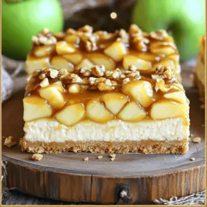 - 1 ½ cups graham cracker crumbs - ½ cup unsalted butter, melted - 2 tablespoons packed brown sugar - 1 teaspoon ground cinnamon - 16 oz cream cheese, softened - ½ cup granulated sugar - 1 teaspoon pure vanilla extract - 2 large eggs - 2 cups peeled and diced apples - ½ teaspoon ground nutmeg - 1 cup caramel sauce - ½ cup chopped nuts (optional) Gathering the right ingredients is key to making great caramel apple cheesecake bars. I love using fresh apples for this recipe. They bring a bright taste and a nice texture. You can use any sweet apples, like Honeycrisp or Fuji. Graham cracker crumbs form the base of the bars. They give a nice crunch. The butter, brown sugar, and cinnamon mix create a lovely flavor. Make sure the butter is melted, so it blends well. For the creamy filling, softened cream cheese is a must. It combines well with sugar and vanilla to create a smooth texture. Adding eggs one at a time helps keep the filling light and fluffy. Don't forget the spices! Ground nutmeg gives warmth to the cheesecake. It pairs well with the apples and caramel. Lastly, the caramel sauce adds sweetness and richness. You can use store-bought or make your own for extra flair. If you want a nutty crunch, add chopped nuts on top. Walnuts or pecans work great. With these ingredients, you will create a dessert that’s perfect for fall, and everyone will love it! - Preheat the oven to 350°F (175°C). - Prepare the baking pan with parchment paper. Leave some paper hanging over the edges for easy removal. - In a medium bowl, mix graham cracker crumbs, melted butter, brown sugar, and cinnamon. - Press the mixture into the bottom of the pan, making a solid crust. Bake for 10 minutes. - In a large bowl, beat the cream cheese and granulated sugar until smooth. - Add the vanilla extract and mix it in. Then add the eggs one at a time, mixing gently. - Carefully fold in the diced apples, nutmeg, and optional nuts. - Pour the cheesecake mixture over the cooled crust. Spread it out evenly. - Drizzle half of the caramel sauce over the top. Use a knife to swirl it into the batter. - Bake for 25-30 minutes or until the edges are set, but the center still jiggles. - Let the bars cool completely in the pan. Chill in the fridge for at least 4 hours before cutting. To make your caramel apple cheesecake bars perfect, avoid overmixing the batter. When you add eggs, mix just until blended. This keeps the bars tender. After baking, cooling is key. Let the bars cool in the pan first. Then, chill them in the fridge for at least four hours. This helps the flavors blend well. When it comes to serving, some garnishes really shine. Drizzle extra caramel sauce on top for sweetness. Chopped nuts give a nice crunch. Thin apple slices add a fresh touch. Pair these bars with a warm cup of coffee or tea. The flavors balance wonderfully, making each bite satisfying. Having the right tools makes baking easier. Use a good electric mixer for smooth batter. A 9x13 inch baking pan works best for these bars. Don’t forget parchment paper! It helps remove the bars easily after baking. Just leave some paper hanging over the sides. This way, you can lift them out without a mess. {{image_4}} You can change the fruit in your bars. Try pears or berries for a new taste. Chopped chocolate chips add a rich flavor. You might want to sprinkle in some spices, like ginger or cardamom, for warmth. Each fruit or spice can bring a unique twist to this classic recipe. For a gluten-free option, use gluten-free graham crackers. Many brands offer these, so you can still enjoy the crust. If you need a vegan version, look for plant-based cream cheese. These swaps keep the flavor and texture delicious while meeting your dietary needs. In fall, try adding pumpkin to your cheesecake mix. Blend in a cup for a cozy touch. For summer, mix in fresh fruits like strawberries or peaches. These changes keep your dessert fresh and fun throughout the year. Enjoy customizing your bars with the seasons! To keep your caramel apple cheesecake bars fresh, refrigerate them right away. Place the bars in an airtight container. They should stay fresh for about five days. You can also freeze these bars. Cut them into squares and wrap each tightly in plastic wrap. Then, put them in a freezer bag. They will last up to three months in the freezer. When you want to enjoy them, move them to the fridge for a few hours to thaw. In the refrigerator, these bars are best enjoyed within five days. After that, they may lose some flavor and texture. Look for signs of spoilage like a sour smell or an off taste. If you see any mold, discard the bars immediately. Freshness matters for the best experience. To serve the bars warm, preheat your oven to 350°F (175°C). Place the bars on a baking sheet and heat for about 10 minutes. This warms them up without losing their texture. You can also use the microwave. Heat a single bar for about 15-20 seconds. Be careful not to overheat; you want to keep the creamy texture and flavors intact. Enjoy! You want to watch for the edges of the bars. They should look set and firm. The center can still have a slight jiggle. This soft center is normal and helps keep the bars creamy. If the edges puff up, that means they may be overcooked. Trust your eyes and remember, they will firm up as they cool. Yes, you can make these bars one to two days ahead. This helps the flavors mix well. Just let them cool fully, then chill in the fridge. They taste even better after a night in the fridge. This makes them perfect for parties or family gatherings. To cut the bars cleanly, use a sharp knife. Dip the knife in hot water, then dry it off. This helps create smooth cuts without ruining the bars. Wipe the knife between cuts to keep the edges nice. For best results, cut them after they have chilled completely. In this post, we explored how to make delicious apple cheesecake bars. You learned about the key ingredients, easy step-by-step instructions, and helpful tips. We looked at variations for different tastes and dietary needs. Storing and reheating these bars can be simple. Remember, the right technique can make a big difference in flavor and texture. Enjoy every bite of your tasty creation, whether at a party or a quiet night at home. Happy baking!