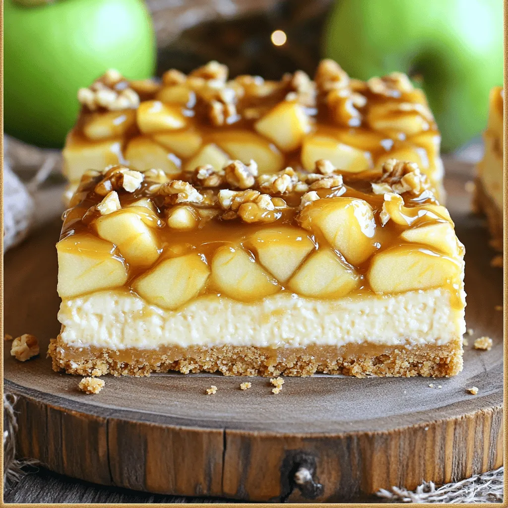 - 1 ½ cups graham cracker crumbs - ½ cup unsalted butter, melted - 2 tablespoons packed brown sugar - 1 teaspoon ground cinnamon - 16 oz cream cheese, softened - ½ cup granulated sugar - 1 teaspoon pure vanilla extract - 2 large eggs - 2 cups peeled and diced apples - ½ teaspoon ground nutmeg - 1 cup caramel sauce - ½ cup chopped nuts (optional) Gathering the right ingredients is key to making great caramel apple cheesecake bars. I love using fresh apples for this recipe. They bring a bright taste and a nice texture. You can use any sweet apples, like Honeycrisp or Fuji. Graham cracker crumbs form the base of the bars. They give a nice crunch. The butter, brown sugar, and cinnamon mix create a lovely flavor. Make sure the butter is melted, so it blends well. For the creamy filling, softened cream cheese is a must. It combines well with sugar and vanilla to create a smooth texture. Adding eggs one at a time helps keep the filling light and fluffy. Don't forget the spices! Ground nutmeg gives warmth to the cheesecake. It pairs well with the apples and caramel. Lastly, the caramel sauce adds sweetness and richness. You can use store-bought or make your own for extra flair. If you want a nutty crunch, add chopped nuts on top. Walnuts or pecans work great. With these ingredients, you will create a dessert that’s perfect for fall, and everyone will love it! - Preheat the oven to 350°F (175°C). - Prepare the baking pan with parchment paper. Leave some paper hanging over the edges for easy removal. - In a medium bowl, mix graham cracker crumbs, melted butter, brown sugar, and cinnamon. - Press the mixture into the bottom of the pan, making a solid crust. Bake for 10 minutes. - In a large bowl, beat the cream cheese and granulated sugar until smooth. - Add the vanilla extract and mix it in. Then add the eggs one at a time, mixing gently. - Carefully fold in the diced apples, nutmeg, and optional nuts. - Pour the cheesecake mixture over the cooled crust. Spread it out evenly. - Drizzle half of the caramel sauce over the top. Use a knife to swirl it into the batter. - Bake for 25-30 minutes or until the edges are set, but the center still jiggles. - Let the bars cool completely in the pan. Chill in the fridge for at least 4 hours before cutting. To make your caramel apple cheesecake bars perfect, avoid overmixing the batter. When you add eggs, mix just until blended. This keeps the bars tender. After baking, cooling is key. Let the bars cool in the pan first. Then, chill them in the fridge for at least four hours. This helps the flavors blend well. When it comes to serving, some garnishes really shine. Drizzle extra caramel sauce on top for sweetness. Chopped nuts give a nice crunch. Thin apple slices add a fresh touch. Pair these bars with a warm cup of coffee or tea. The flavors balance wonderfully, making each bite satisfying. Having the right tools makes baking easier. Use a good electric mixer for smooth batter. A 9x13 inch baking pan works best for these bars. Don’t forget parchment paper! It helps remove the bars easily after baking. Just leave some paper hanging over the sides. This way, you can lift them out without a mess. {{image_4}} You can change the fruit in your bars. Try pears or berries for a new taste. Chopped chocolate chips add a rich flavor. You might want to sprinkle in some spices, like ginger or cardamom, for warmth. Each fruit or spice can bring a unique twist to this classic recipe. For a gluten-free option, use gluten-free graham crackers. Many brands offer these, so you can still enjoy the crust. If you need a vegan version, look for plant-based cream cheese. These swaps keep the flavor and texture delicious while meeting your dietary needs. In fall, try adding pumpkin to your cheesecake mix. Blend in a cup for a cozy touch. For summer, mix in fresh fruits like strawberries or peaches. These changes keep your dessert fresh and fun throughout the year. Enjoy customizing your bars with the seasons! To keep your caramel apple cheesecake bars fresh, refrigerate them right away. Place the bars in an airtight container. They should stay fresh for about five days. You can also freeze these bars. Cut them into squares and wrap each tightly in plastic wrap. Then, put them in a freezer bag. They will last up to three months in the freezer. When you want to enjoy them, move them to the fridge for a few hours to thaw. In the refrigerator, these bars are best enjoyed within five days. After that, they may lose some flavor and texture. Look for signs of spoilage like a sour smell or an off taste. If you see any mold, discard the bars immediately. Freshness matters for the best experience. To serve the bars warm, preheat your oven to 350°F (175°C). Place the bars on a baking sheet and heat for about 10 minutes. This warms them up without losing their texture. You can also use the microwave. Heat a single bar for about 15-20 seconds. Be careful not to overheat; you want to keep the creamy texture and flavors intact. Enjoy! You want to watch for the edges of the bars. They should look set and firm. The center can still have a slight jiggle. This soft center is normal and helps keep the bars creamy. If the edges puff up, that means they may be overcooked. Trust your eyes and remember, they will firm up as they cool. Yes, you can make these bars one to two days ahead. This helps the flavors mix well. Just let them cool fully, then chill in the fridge. They taste even better after a night in the fridge. This makes them perfect for parties or family gatherings. To cut the bars cleanly, use a sharp knife. Dip the knife in hot water, then dry it off. This helps create smooth cuts without ruining the bars. Wipe the knife between cuts to keep the edges nice. For best results, cut them after they have chilled completely. In this post, we explored how to make delicious apple cheesecake bars. You learned about the key ingredients, easy step-by-step instructions, and helpful tips. We looked at variations for different tastes and dietary needs. Storing and reheating these bars can be simple. Remember, the right technique can make a big difference in flavor and texture. Enjoy every bite of your tasty creation, whether at a party or a quiet night at home. Happy baking!