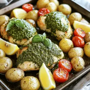- 4 boneless, skinless chicken breasts - 1 cup basil pesto (store-bought or homemade) - 1 lb baby potatoes, halved - 2 tablespoons olive oil - 1 teaspoon garlic powder - 1 teaspoon paprika - Salt and pepper, to taste - 1 cup cherry tomatoes, halved - Fresh basil leaves, for garnish - Lemon wedges, for serving Gathering fresh ingredients is key to this dish. I love using baby potatoes for their sweetness and texture. You can use store-bought basil pesto, but homemade adds a special touch. If you have time, make it from scratch! The garlic powder and paprika give a nice kick. When you prep your chicken, be sure to use good quality breasts. It helps make the dish juicy. The cherry tomatoes add a pop of color and taste. Fresh basil leaves and lemon wedges are perfect for the finishing touch. They brighten the dish and add freshness. With the right ingredients, you set the stage for a meal that everyone will love. This dish is simple yet full of flavor. Each bite is a delight! - Preheat the oven to 400°F (200°C). - Line a large sheet pan with parchment paper. - In a big bowl, combine halved baby potatoes with: - 2 tablespoons olive oil - 1 teaspoon garlic powder - 1 teaspoon paprika - Salt and pepper, to taste - Toss until evenly coated. Spread the potatoes on the sheet pan. - In a small bowl, mix 1 cup basil pesto with a pinch of salt and pepper. - Coat each chicken breast with the pesto sauce. Make sure they are well covered. - Roast the potatoes in the oven for 15 minutes. - Take the pan out and add the chicken and halved cherry tomatoes. - Drizzle any remaining pesto over the top. - Return the pan to the oven and roast for another 25-30 minutes. - Make sure the chicken reaches 165°F (75°C) and the potatoes are golden brown. - Once done, let the pan rest for a few minutes. Garnish with fresh basil leaves and serve with lemon wedges. To ensure your chicken reaches 165°F (75°C), use a meat thermometer. Insert it into the thickest part of the breast. This way, you know it’s safe to eat. If you have larger chicken breasts, add 5 to 10 minutes to the cooking time. This helps them cook through without drying out. Check them around 30 minutes, then adjust if needed. To boost the potato flavor, try adding herbs like rosemary or thyme. You could also sprinkle some Parmesan cheese before serving. For crispy potatoes, spread them out on the pan. Avoid stacking them on top of each other. This allows them to roast evenly and get that nice crunch. You can also flip them halfway through cooking for extra crispiness. For a warm and inviting look, serve the dish right from the sheet pan. Make it pop by adding fresh basil leaves and lemon wedges. You can also pair this meal with a fresh salad or garlic bread. The bright flavors of the salad will balance well with the pesto chicken. {{image_4}} If you want to change the protein, you can use shrimp or tofu. Shrimp cooks fast, so reduce the cooking time. Bake shrimp for about 15-20 minutes. Tofu needs a bit more prep. Press the tofu to remove water, then cube it. Bake for 25-30 minutes. This way, you keep the meal tasty and healthy. Adding more vegetables can boost flavor and color. Bell peppers and zucchini work great. Cut bell peppers into strips and slice zucchini into rounds. Toss them with olive oil, salt, and pepper. Spread them on the pan with the potatoes. They will roast nicely and add extra nutrition. You can switch up the pesto for a fun twist. Try sun-dried tomato pesto for a rich taste. Mix in nuts or cheese to your pesto for extra flavor. You can also use herbs like oregano or thyme for a unique flavor. Experiment with different spices to find your favorite mix. Before you store your Pesto Chicken and Roasted Potatoes, let the dish cool down. Cooling helps prevent moisture build-up. To cool, just leave the sheet pan on the counter for about 30 minutes. Avoid covering it while it cools. This way, the steam can escape, and your dish stays fresh. For storing leftovers, place the chicken and potatoes in a container. Use an airtight container to keep out air and moisture. If you have extra cherry tomatoes or basil, store them separately. This helps keep their taste and texture fresh. You can keep the dish in the fridge for up to three days. If you want to store it longer, consider freezing it. To reheat your dish safely, use the oven or microwave. For the oven, preheat to 350°F (175°C). Place the chicken and potatoes on a baking sheet. Cover with foil to keep them moist. Heat for about 20 minutes or until warm throughout. If using a microwave, place a portion on a plate. Heat in short intervals, stirring in between. This helps keep the flavors and textures intact. Enjoy your tasty leftovers! Yes, you can use frozen chicken. Just remember to thaw it first. This helps the chicken cook evenly. You can thaw it in the fridge overnight or use the microwave setting. Cooking frozen chicken without thawing may lead to uneven results. You can store leftovers in the fridge for up to four days. Make sure to place them in an airtight container. This keeps the chicken and potatoes fresh. If you want to keep them longer, freeze them. They can last up to three months in the freezer. Absolutely! Making your own basil pesto is easy and fun. You need fresh basil, garlic, pine nuts, Parmesan cheese, and olive oil. Blend these ingredients until smooth. Adjust the flavors to your taste. Homemade pesto can be more vibrant and fresher than store-bought. The best way is to use a meat thermometer. Insert it into the thickest part of the chicken. It should read 165°F (75°C) for safe consumption. If you don’t have a thermometer, cut into the chicken. The juices should run clear, with no pink showing. Yes, you can use regular potatoes. Just cut them into smaller chunks. This ensures they cook evenly with the chicken. Baby potatoes are great for their size, but any potato will work. Adjust the cooking time as needed to ensure they are tender. This recipe combines tender chicken with vibrant flavors and easy prep. You learned how to season baby potatoes and coat chicken with pesto for a tasty meal. Roasting it all together brings out the best flavors. Keep experimenting with different proteins and veggies. Try your favorite spices or homemade pesto. Remember, cooking is all about having fun and making it yours. Enjoy your time in the kitchen!
