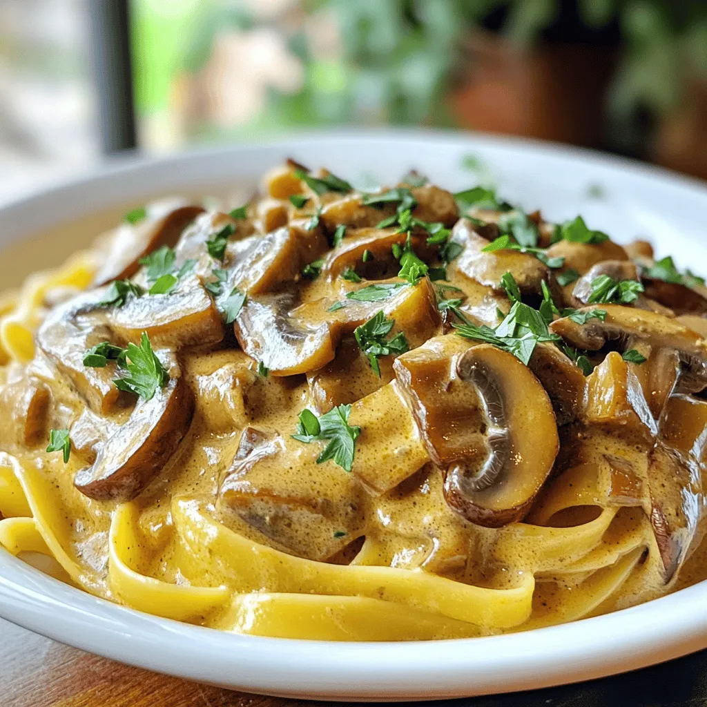 - 2 cups seitan, thinly sliced - 2 cups mushrooms (cremini or button), sliced - 1 cup coconut milk Seitan is a great meat substitute. It has a chewy texture that mimics meat. I prefer using thinly sliced seitan for this dish. It soaks up the flavors well and adds heartiness. Mushrooms provide a rich, earthy taste. You can use cremini or button mushrooms based on your preference. Coconut milk gives the sauce a creamy feel, making it rich and smooth. - 1 tablespoon extra virgin olive oil - 1 teaspoon dried thyme - 1 teaspoon smoked paprika - Sea salt and black pepper Olive oil is key for sautéing. It adds flavor and helps cook the onions and garlic. Dried thyme gives a nice herbal note. Smoked paprika adds warmth and depth to the dish. Don't forget sea salt and freshly cracked black pepper. They enhance all the flavors and make the dish pop. - Cooked pasta or rice - Fresh parsley for garnish This stroganoff pairs well with cooked pasta or rice. They soak up the creamy sauce nicely. I love to finish the dish with fresh parsley. It adds a pop of color and a fresh taste. Enjoy this meal warm, and share it with friends or family for a hearty dinner! - Preparing seitan and vegetables Start by slicing your seitan into thin strips. This helps it absorb flavors well. Next, finely dice one medium onion and mince three cloves of garlic. Slice two cups of mushrooms. You can use cremini or button mushrooms. - Making the cornstarch slurry In a small bowl, mix two tablespoons of cornstarch with two tablespoons of cold water. Stir until smooth. This will help thicken the sauce later. - Sautéing onions and garlic Heat one tablespoon of extra virgin olive oil in a spacious skillet over medium heat. Once the oil shimmers, add the diced onion. Sauté for about five minutes until the onion is soft and translucent. Then, add the minced garlic and cook for another minute until you smell its aroma. - Adding mushrooms and seitan Now, add the sliced mushrooms to the skillet. Sauté them for about five to seven minutes. You want them to turn golden brown and release their moisture. After that, introduce the thinly sliced seitan, one teaspoon of dried thyme, one teaspoon of smoked paprika, and one tablespoon of soy sauce. Cook this mixture for another five minutes, stirring occasionally. - Pouring in vegetable broth and coconut milk Pour in one cup of vegetable broth and stir well. Bring the mixture to a gentle simmer. Once simmering, reduce the heat slightly and add one cup of coconut milk. Stir to mix everything thoroughly. - Thickening the stroganoff Gradually pour the cornstarch slurry into the skillet while stirring. This will help thicken your sauce. Let the stroganoff simmer for another five minutes. Adjust the thickness to your liking. Season with sea salt and freshly cracked black pepper to taste. To make your vegan mushroom and seitan stroganoff shine, start with the mushrooms. Sauté them properly. Heat your oil until it shimmers. Add the sliced mushrooms and let them cook until they turn golden brown. This step brings out their natural flavor. Next, balance your seasonings. Use thyme and smoked paprika to add depth. These spices enhance the dish's richness. Taste as you go. Adjust salt and pepper to find your perfect balance. For the right thickness in your sauce, pay attention to the cornstarch slurry. Mix cornstarch with cold water until smooth. Gradually add it to the skillet while stirring. This helps thicken the sauce without lumps. If you prefer creaminess, consider your plant-based milk choice. Coconut milk makes the dish rich and smooth. You can also try almond or oat milk. Each will change the creaminess level, so experiment to find your favorite. Use a spacious skillet or a large pan for this recipe. A non-stick surface helps prevent sticking and makes cleanup easier. For stirring and serving, a wooden spoon works well. It won't scratch your pan and gives you good control. Use a ladle to serve the stroganoff over pasta or rice. This keeps your presentation neat and tidy. {{image_4}} You can easily swap ingredients in this dish. If you need gluten-free options, try using chickpea or lentil-based pasta instead of seitan. These alternatives offer great texture and protein. You can also use tempeh or portobello mushrooms for a hearty base. For plant-based cream, coconut milk works well, but try cashew cream or oat milk for a different flavor. Both options keep it creamy and rich. If you want a nut-free or soy-free dish, avoid using soy sauce. Instead, use coconut aminos, which add a similar umami flavor without soy. For a low-carb option, serve the stroganoff over zucchini noodles or cauliflower rice. This keeps the meal light while still satisfying. To make this stroganoff even better, add more vegetables. Carrots and bell peppers add color and crunch. You can also toss in spinach for extra nutrients. Experiment with different herbs and spices. Rosemary, basil, or even a pinch of cayenne can change the flavor profile. These additions can make your dish unique and exciting each time you cook it. To store your stroganoff, let it cool first. Then, place it in an airtight container. Keep it in the fridge for up to four days. Label the container with the date. This way, you can track how fresh it is. You can freeze stroganoff if you want to save some for later. Use a freezer-safe container and leave some space at the top. The sauce may expand when it freezes. It’s best to freeze it within two days of cooking. To thaw, move the container to the fridge overnight. You can also use the microwave for quick thawing. When reheating, use low heat on the stove. Add a splash of vegetable broth or water to loosen the sauce. In the fridge, vegan mushroom and seitan stroganoff lasts about four days. In the freezer, it can last up to three months. Always check for any off smells or changes in texture before eating. Enjoy your delicious meal! Yes, you can easily make this dish gluten-free. Instead of seitan, use jackfruit or mushrooms. Both add great texture and flavor. You can also find gluten-free seitan made from pea or rice protein. Just check the label before you buy! If you want a different taste, try almond milk or oat milk. These options work well and bring a unique flavor. For a creamier texture, use cashew cream or soy cream. Both will keep your stroganoff rich and delicious. Want a kick? Add chili flakes or cayenne pepper. Start with a small amount and taste as you go. You can also toss in some diced jalapeños for fresh heat. Experiment until you find your perfect spice level! This blog covered a delicious stroganoff recipe. We explored key ingredients like seitan, mushrooms, and coconut milk. I provided detailed steps for prepping and cooking, along with helpful tips for flavor and texture. You learned about ingredient swaps and dietary adjustments to suit your needs. Lastly, I shared important storage info to keep leftovers fresh. Remember, cooking is about creativity. Don’t be afraid to adjust and experiment. Enjoy making this dish and share your results!