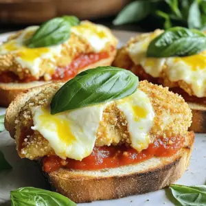 - 2 boneless, skinless chicken breasts - 1 cup Italian-style breadcrumbs - 1/2 cup grated Parmesan cheese - 1 teaspoon garlic powder - 1 teaspoon Italian seasoning - 1/2 teaspoon salt - 1/2 teaspoon black pepper - 1 cup marinara sauce (store-bought or homemade) - 1 cup shredded mozzarella cheese - 4 slices of your favorite sandwich bread (ciabatta or brioche recommended) - 2 tablespoons olive oil - Fresh basil leaves - Side salad - Crispy fries - Garlic bread The ingredients for this dish come together to create a crispy delight. Each item plays a key role in building flavor and texture. The chicken breasts provide protein, while the breadcrumbs and cheese add crunch and richness. For garnishes, fresh basil adds a lovely aroma. Pair your sandwiches with a side salad or crispy fries for a complete meal. Garlic bread is also a great option. Enjoy crafting this tasty dish! 1. Preheat your air fryer to 375°F (190°C). This helps cook the chicken evenly. 2. In a shallow dish, mix these items: - 1 cup Italian-style breadcrumbs - 1/2 cup grated Parmesan cheese - 1 teaspoon garlic powder - 1 teaspoon Italian seasoning - 1/2 teaspoon salt - 1/2 teaspoon black pepper This mix adds great flavor to your chicken. 3. Dry the chicken breasts with paper towels. This step helps the coating stick. 4. Brush both sides of each chicken breast with 2 tablespoons of olive oil. This oil gets the breadcrumbs nice and crispy. 5. Dredge each chicken breast in the breadcrumb mix. Press down lightly to make sure it sticks well. 6. Place the coated chicken breasts in the air fryer basket. Make sure they are in a single layer and not touching. This helps them cook evenly. 7. Air fry the chicken for 12-15 minutes. Flip them halfway through. They are done when golden brown and the internal temperature reaches 165°F (74°C). 8. In the last 2 minutes, spoon 1 cup of marinara sauce over the chicken. Top with 1 cup of shredded mozzarella cheese. Cook until the cheese is melted and bubbly. 9. While the chicken cooks, toast 4 slices of your favorite sandwich bread (ciabatta or brioche) in the air fryer for 2-3 minutes. They should turn golden brown and crisp. 10. To build your sandwiches, place the chicken on the toasted bread. Add fresh basil leaves for extra flavor if you like. 11. Cap your sandwiches with the top slice of bread. Serve hot for the best taste! Using an air fryer can make cooking fun and easy. Here are some tips to get the best results: - Preheat your air fryer: Set it to 375°F (190°C) before cooking. This helps the chicken cook evenly. - Do not overcrowd: Place chicken breasts in a single layer. This allows hot air to circulate and cook the chicken well. - Use olive oil: Brushing chicken with olive oil helps the coating stick and become crispy. A crispy coating makes your sandwich delightful. Follow these steps for the best crunch: - Dry the chicken: Pat the chicken dry with paper towels. This removes moisture and helps the breadcrumbs stick. - Press the breadcrumbs: After dredging the chicken in the breadcrumb mix, press down lightly. This ensures the coating sticks well during cooking. - Use the right mixture: Combine Italian-style breadcrumbs with grated Parmesan cheese for extra flavor and crispiness. Cooking times can vary based on your air fryer. Here are some guidelines: - Chicken breasts: Air fry for 12-15 minutes. Flip them halfway to ensure even cooking. - Final touches: Add marinara sauce and mozzarella cheese in the last 2 minutes. This allows the cheese to melt perfectly. - Check doneness: Ensure the chicken reaches an internal temperature of 165°F (74°C). Use a meat thermometer for accuracy. These tips will help you create the best Air Fryer Chicken Parmesan Sandwiches. Enjoy your cooking! {{image_4}} You can easily change some ingredients to fit your taste. For a lighter option, use baked chicken instead of fried. You can swap Italian breadcrumbs for panko for extra crunch. If you want less salt, use low-sodium marinara sauce. You can also use fresh herbs instead of dried ones for a fresh taste. Want a twist? Use spicy breadcrumbs for a kick! The type of bread can change your sandwich game. Ciabatta or brioche works great for a soft, buttery bite. You can also try whole grain bread for a nutty flavor. If you like a bit of crunch, sourdough is a good choice. For a gluten-free option, use gluten-free bread. Each bread adds its own unique flavor and texture. Add more to your sandwich for extra flavor. Try sliced tomatoes for freshness. Avocado adds creaminess and healthy fats. You can also add roasted red peppers for a sweet touch. If you like spice, jalapeños or banana peppers work well. Don't forget about pickles for a tangy crunch! Mix and match toppings to create your perfect sandwich. To store your chicken Parmesan sandwiches, let them cool first. Place them in an airtight container. You can keep them in the fridge for up to three days. If you want to keep them longer, consider freezing. Just be sure to wrap them well in plastic wrap before placing them in a freezer bag. Reheating is easy! You can use your air fryer again for the best results. Heat it to 350°F (175°C). Place the sandwich in the basket for about 5-7 minutes. Check it often to avoid burning. You can also use a microwave, but it may not keep the bread crisp. For freezing, wrap each sandwich tightly in plastic wrap. Then place them in a freezer bag. They can last up to three months in the freezer. To enjoy later, thaw in the fridge overnight before reheating. This keeps the flavors fresh and the bread nice. Yes, you can use frozen chicken breasts. However, you need to thaw them first. Thawing the chicken helps it cook evenly. You can thaw chicken in the fridge overnight or use the microwave. After thawing, follow the same steps in the recipe. To check if the chicken is ready, use a meat thermometer. The thickest part of the chicken should reach 165°F (74°C). If you don’t have a thermometer, cut into the chicken. The meat should be white, not pink. If it’s still pink, cook it a bit longer. Many sides go well with Chicken Parmesan Sandwiches. Here are some tasty options: - Side Salad: A fresh salad adds crunch and flavor. - Crispy Fries: French fries are a classic choice. - Garlic Bread: Toasted garlic bread pairs well with the marinara sauce. - Roasted Vegetables: Veggies add color and nutrition to your meal. These sides balance the meal and keep it fun! In this blog post, we explored key ingredients for Chicken Parmesan Sandwiches and how to prepare them. You learned step-by-step instructions for cooking and assembling. We also shared tips for achieving that perfect crispy coating. You can customize your sandwich with various ingredient swaps and toppings. Lastly, proper storage and reheating methods are covered. Remember, with a little patience and care, you can make a delicious meal your family will love. Enjoy your time in the kitchen!