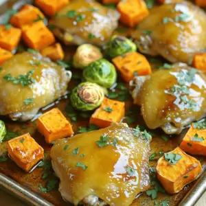 - 4 bone-in chicken thighs, skin-on - 2 large sweet potatoes, peeled and diced into 1-inch cubes - 2 tablespoons olive oil - 1/4 cup pure maple syrup - 2 tablespoons Dijon mustard - 1 teaspoon garlic powder - 1 teaspoon smoked paprika - 1/2 teaspoon ground cinnamon - Salt and pepper to taste - 1 cup Brussels sprouts, halved - Fresh parsley, finely chopped 1. Preheating the oven: Start by preheating your oven to 425°F (220°C). This step is key for roasting. A hot oven helps the chicken and sweet potatoes cook evenly. 2. Mixing the marinade: In a small bowl, whisk together pure maple syrup, Dijon mustard, garlic powder, smoked paprika, ground cinnamon, and a pinch of salt and pepper. This mix will give your chicken a sweet and spicy flavor. 1. Coating the sweet potatoes: Take a large bowl and add your diced sweet potatoes. If you're using Brussels sprouts, add them too. Pour in half of the maple marinade and drizzle one tablespoon of olive oil over the sweet potatoes. Toss gently until all pieces are coated well. 2. Arranging on the baking sheet: On a large baking sheet, place the chicken thighs on one side. Drizzle the remaining tablespoon of olive oil over the chicken. Season it with salt, pepper, and a light sprinkle of garlic powder. Spread the sweet potato mixture on the other side of the baking sheet for even roasting. 1. Baking instructions: Place the baking sheet in the preheated oven. Bake for 35-40 minutes. Your chicken should reach an internal temperature of 165°F (75°C). The sweet potatoes should be tender and caramelized. 2. Broiling for crispiness: For added crispiness, switch your oven to broil for the last 2-3 minutes. Keep a close eye on the chicken to avoid burning. After cooking, let your dish rest for 5 minutes. This resting time helps the flavors come together. Enjoy your tasty sheet pan meal! To boost the taste of your chicken, consider adding extra spices. You can use rosemary or thyme for a fresh touch. For a bit of heat, sprinkle in some cayenne pepper. To get that perfect crispy skin, make sure to pat the chicken dry with paper towels. This helps the skin crisp up nicely. Also, let the chicken rest before serving. This keeps the juices inside. Baking chicken and veggies on a sheet pan is easy and fun. Arrange the chicken in a single layer. This helps it cook evenly. Spread the sweet potatoes out too. Crowding the pan can lead to steaming instead of roasting. To check if the chicken is done, use a meat thermometer. The internal temperature should be 165°F (75°C). You can also cut into the thickest part of the chicken. If the juices run clear, it’s ready. For a cozy look, serve the dish right from the pan. You can also place it on a nice serving platter for a fancier feel. Drizzle a little extra maple syrup over the chicken just before serving. This adds sweetness and makes it look great. Consider pairing this dish with a simple salad or steamed green beans. These sides balance the sweet flavors and add freshness to your meal. {{image_4}} You can switch up the protein in this dish. Try using bone-in chicken breasts instead of thighs. If you want a lighter option, use turkey thighs. If you prefer a meat-free meal, roasted chickpeas or tofu work well, too. For vegetables, sweet potatoes are great, but you can mix in others. Carrots add sweetness and color. Cauliflower florets bring a nice texture. Broccoli can also be a tasty addition. If you want a sweeter dish, add more maple syrup. For a savory twist, reduce the maple syrup and add balsamic vinegar instead. You can also play with spices. Add cayenne pepper for heat or extra garlic for depth. Herbs can brighten the flavor. Fresh thyme or rosemary adds nice notes to the chicken. You can also sprinkle fresh basil or cilantro just before serving for that pop of freshness. This dish can easily fit into a gluten-free diet. Just ensure your Dijon mustard is gluten-free. Most brands are safe, but check the label for any hidden gluten. For those on a low-carb diet, skip the sweet potatoes and use zucchini or bell peppers instead. They roast well and keep the dish colorful and tasty. Store leftovers in an airtight container. This keeps the dish fresh. You can refrigerate it for up to four days. For longer storage, freeze the portions. Use freezer-safe bags or containers. Make sure to remove as much air as possible. This prevents freezer burn and keeps flavors intact. To reheat, use an oven or microwave. For the oven, preheat to 350°F (175°C). Place the chicken and sweet potatoes in a baking dish. Cover with foil to keep moisture in. Heat for about 20 minutes or until warm. If using a microwave, place portions on a safe plate. Heat in short bursts, checking often. This helps keep the texture and flavor. In the fridge, this dish lasts about four days. After that, it may spoil. Look for changes in color or smell. If the chicken has a slimy texture, throw it away. Sweet potatoes should remain firm and not mushy. Always trust your senses to guide you on freshness. To make your chicken skin crispy, focus on a few key steps. First, start with bone-in, skin-on chicken thighs. The bones help keep the meat juicy. Pat the skin dry with paper towels before cooking. This removes excess moisture. Next, season the skin with salt. Salt draws out moisture and helps crisp the skin. Finally, broil the chicken for the last few minutes of cooking. This adds a great crunch. Yes, you can use boneless chicken. However, it will change the cooking time. Boneless pieces cook faster than bone-in thighs. Check the chicken at 25 minutes. If it reaches 165°F (75°C), it is done. The texture may also differ. Boneless chicken can be less juicy but still tasty. Adjust your cooking time based on the size of the pieces. This dish pairs well with several sides. Here are some ideas: - Steamed green beans: They add a fresh crunch. - Quinoa or rice: These grains soak up the flavors. - Simple salad: A light salad balances the meal. - Crusty bread: Perfect for mopping up juices. Feel free to mix and match! This meal combines tasty chicken thighs, sweet potatoes, and a flavorful marinade. You learned ways to enhance flavors and tried new cooking methods. Variations let you customize the dish to fit your needs. Storing and reheating tips help you enjoy leftovers without losing taste. With these steps, you can create a delicious sheet pan meal any night. Try this recipe and make it your own!