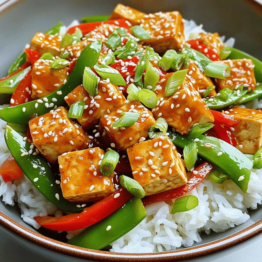 - 14 oz block of firm tofu, pressed and cut into 1-inch cubes - 2 tablespoons vegetable oil (such as canola or sunflower) - 3 cloves garlic, finely minced - 1 tablespoon fresh ginger, grated finely - 1 red bell pepper, sliced into thin strips - 1 cup snap peas, trimmed and cleaned - 2 green onions, sliced (white and green parts separated) - 3 tablespoons soy sauce (or tamari for a gluten-free option) - 1 tablespoon sriracha (adjust according to your spice tolerance) - 1 tablespoon sesame oil - 1 tablespoon honey or maple syrup (for a vegan option) When I create Minute Chili Garlic Tofu Stir-Fry, I focus on fresh, bright flavors. The firm tofu acts as a great base. It soaks up all the taste from the sauces. I love pressing the tofu first. It removes excess water, ensuring the tofu gets nice and crispy. I use vegetable oil for frying. It has a high smoke point, which helps brown the tofu quickly. Garlic and ginger are key. They add a punch of flavor when sautéed. I like to mince the garlic finely for a burst of taste. For vegetables, I choose red bell pepper and snap peas. The red bell pepper adds sweetness and color. Snap peas give a nice crunch. I also slice green onions. I use the white parts while cooking and save the green parts for garnish. Sauces bring everything together. Soy sauce or tamari adds umami. I adjust the heat with sriracha. A bit of sesame oil gives a nutty finish. Honey or maple syrup balances the spice. This mix makes each bite a flavorful delight! - Pressing the tofu: Start by removing extra moisture. Place the tofu between paper towels. Use a heavy item, like a skillet, to press down. Let it sit for about 15 minutes. - Cutting into cubes: Once pressed, take the tofu and cut it into 1-inch cubes. This size helps it cook evenly. - Browning the tofu: Heat 2 tablespoons of vegetable oil in a large skillet. Wait until the oil shimmers. Add the tofu cubes in a single layer. Cook for 4-5 minutes. Turn occasionally until golden brown on all sides. Remove the tofu and set it aside. - Sautéing garlic and ginger: In the same skillet, add 3 cloves of minced garlic and 1 tablespoon of grated ginger. Stir for about 30 seconds until you smell the nice aroma. Be careful not to burn them. - Stir-frying vegetables: Now, add the sliced red bell pepper and snap peas. Stir-fry for 2-3 minutes. You want them to be tender but still bright and crisp. - Adding sauces and seasonings: Return the browned tofu to the skillet. Pour in 3 tablespoons of soy sauce, 1 tablespoon of sriracha, 1 tablespoon of sesame oil, and 1 tablespoon of honey or maple syrup. Stir well to coat everything. Heat for an extra 2 minutes. - Finishing touches: Toss in the chopped white parts of 2 green onions. Mix gently. Serve the stir-fry over cooked rice or quinoa. Top it off with sesame seeds and the green parts of the green onions for a fresh look. Tofu can be tricky if you don't prep it right. Pressing is key to getting rid of moisture. Place the tofu between two paper towels. Add a heavy weight on top, like a cast-iron skillet. Let it sit for about 15 minutes. This step helps the tofu absorb flavors better. To achieve golden, crispy tofu, use high heat when you cook it. After pressing, cut the tofu into 1-inch cubes. When you add it to the hot oil, make sure the cubes are in a single layer. Cook for about 4-5 minutes. Turn them occasionally until they are golden brown on all sides. Want more spice? Adjust the sriracha to fit your taste. Start with 1 tablespoon and add more if you like heat. Sriracha gives the dish a nice kick. If you prefer a touch of sweetness, consider alternatives to honey. Maple syrup works well for a vegan option. Both options blend nicely with the soy sauce and sesame oil. To make your stir-fry shine, serve it over rice or quinoa. Both options soak up the sauce well. For a fun twist, use deep bowls for serving. Garnish with sesame seeds for crunch and green onion slices for color. Add a lime wedge on the side for a fresh taste. Diners can squeeze it over their dish just before eating. This brightens the flavors and makes the meal even more delicious! {{image_4}} You can swap tofu for chicken or shrimp if you want. Both add great flavor. To use chicken, cut it into bite-sized pieces. Cook it until golden, just like the tofu. For shrimp, add it in the last few minutes of cooking. This way, it stays juicy. If you're looking for plant-based options, use tempeh instead. Tempeh has a nutty taste and is very filling. Feel free to mix up the veggies in this stir-fry. Broccoli works well; it adds crunch and color. Bell peppers give sweetness and a nice bite. You can also use seasonal veggies. Try asparagus in spring or zucchini in summer. Just remember to cut them into small pieces for quick cooking. If you need gluten-free options, use tamari instead of soy sauce. It tastes similar and is safe for gluten-free diets. To make it vegan, replace honey with maple syrup. This keeps your dish sweet and tasty. Always check labels to ensure your sauces fit your diet. To keep your stir-fry fresh, store leftovers in an airtight container. Place it in the fridge within two hours of cooking. This helps prevent harmful bacteria. When reheating, use a skillet or microwave. Heat until it’s hot throughout. Stir to ensure even warming. Yes, you can freeze stir-fry! However, some veggies may lose their crunch. For best results, freeze the tofu and sauce separately. Cut the tofu into cubes and place it in a freezer bag. Squeeze out excess air to prevent freezer burn. For the sauce, store it in a jar. It’s best to freeze sauces in small portions. Leftovers can last in the fridge for about three to four days. Check for signs of spoilage, like a sour smell or a slimy texture. If you see any mold, toss it out. Always trust your senses when it comes to food safety. Making Minute Chili Garlic Tofu Stir-Fry takes about 25 minutes total. Here’s the breakdown: - Prep Time: 15 minutes - Cook Time: 10 minutes You’ll spend most of your time pressing the tofu and chopping the veggies. Once you start cooking, everything comes together quickly. Yes, you can make this stir-fry ahead of time. For meal prepping: - Cook and Cool: Make the stir-fry, let it cool, then store it in an airtight container. - Refrigerate: Keep it in the fridge for up to 3 days. When ready to eat, just reheat it on the stove or in the microwave. This makes it easy for busy days! If you need a soy sauce substitute, here are a few options: - Tamari: Great for a gluten-free option. - Coconut Aminos: A sweeter, soy-free choice. - Liquid Aminos: A mild alternative with similar flavor. These options work well in the recipe and keep the taste delicious! In this article, we explored how to make Minute Chili Garlic Tofu Stir-Fry. We covered the main ingredients, step-by-step instructions, and helpful tips for tasty results. You learned how to perfect tofu and enhance its flavor with sauces and spices. You also found variations to suit your tastes and dietary needs. Lastly, we discussed storage tips for leftovers. With these insights, you can create a quick, satisfying meal any day. Enjoy your cooking and the delightful meal you create!