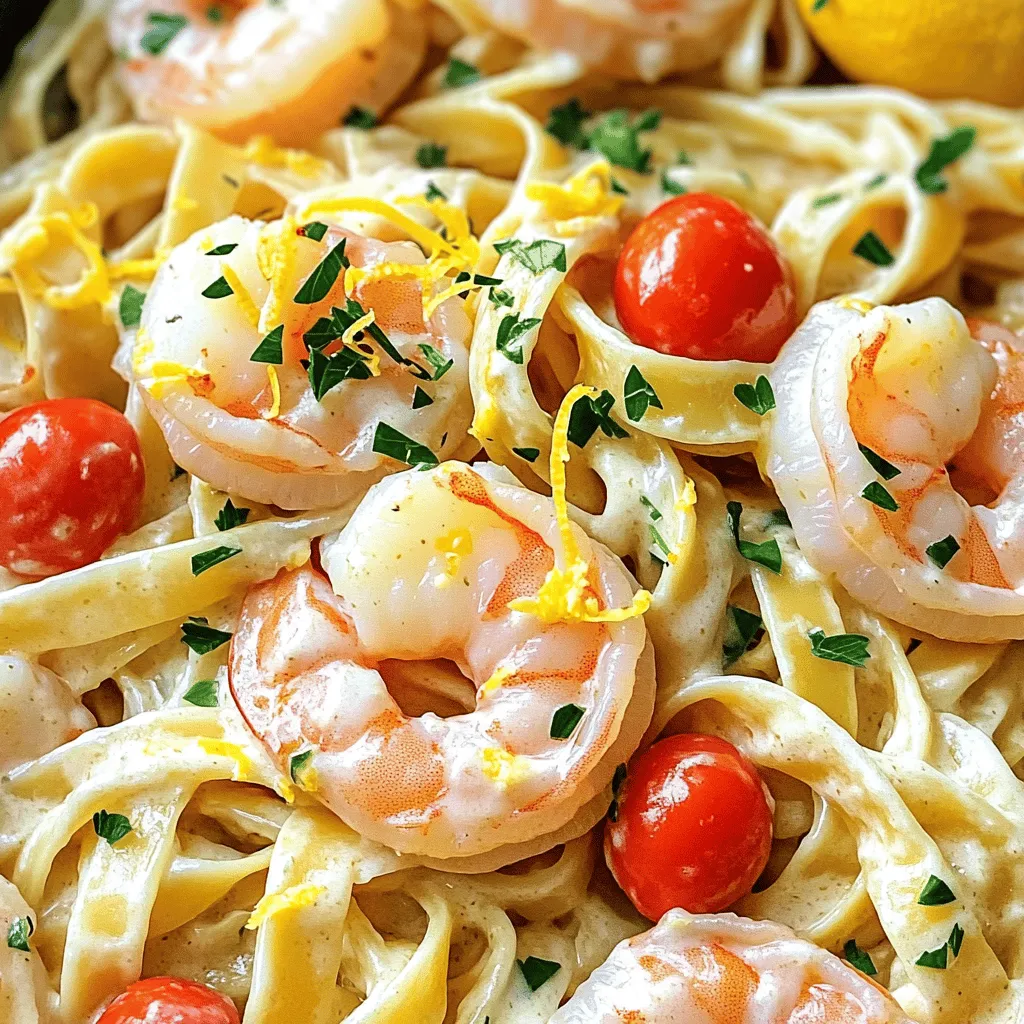 To make this One-Pot Creamy Lemon Garlic Shrimp Pasta, you will need the following fresh ingredients: - 8 oz fettuccine or spaghetti - 1 lb large shrimp, peeled and deveined - 4 cups vegetable broth - 1 medium onion, finely chopped - 4 cloves garlic, minced - 1 cup heavy cream - 1 lemon, zested and juiced - 1 cup cherry tomatoes, halved - 1/2 cup grated Parmesan cheese - 2 tablespoons olive oil - 1 teaspoon red pepper flakes (optional for a little heat) - Salt and pepper to taste - Fresh parsley, chopped, for garnish These ingredients come together to create a rich and creamy dish. The shrimp adds protein, while the lemon brightens the flavor. The heavy cream makes the sauce creamy, and the Parmesan cheese gives it an extra kick. Feel free to add the red pepper flakes if you like a bit of spice. This simple yet flavorful list makes cooking easy and fun. Enjoy the process of gathering these items and preparing a delightful meal! 1. Heat olive oil and sauté onions Start by heating 2 tablespoons of olive oil in a large pot or deep skillet over medium heat. Add 1 medium onion, finely chopped. Sauté it for about 3-4 minutes. You want the onion to be soft and clear. 2. Add garlic and shrimp Next, stir in 4 cloves of minced garlic. If you like heat, add 1 teaspoon of red pepper flakes. Cook for 1 more minute. This lets the garlic release its yummy smell. Now, add 1 pound of large shrimp that are peeled and deveined. Cook these for about 2-3 minutes. They should start to turn pink. Season with salt and pepper to taste. 3. Incorporate vegetable broth and pasta Carefully pour in 4 cups of vegetable broth. Bring this to a gentle boil. Once boiling, toss in 8 ounces of fettuccine or spaghetti. Stir it often so it doesn't stick. Cook according to the package instructions, usually about 8-10 minutes. 4. Add cream, lemon, and tomatoes When the pasta is al dente, reduce the heat. Now, mix in 1 cup of heavy cream, the zest and juice from 1 lemon, and 1 cup of halved cherry tomatoes. Stir everything well. Let it simmer gently for 2-3 minutes. This helps the sauce thicken and the tomatoes soften. 5. Stir in Parmesan cheese Take the pot off the heat. Add in 1/2 cup of grated Parmesan cheese. Stir until it melts into the sauce. This will make your dish creamy and rich. Taste your dish and adjust the seasoning if needed. If you want more zing, add a splash of lemon juice. Serve the pasta hot, garnished with fresh parsley for a nice pop of color and flavor. To get the best flavor from your One-Pot Creamy Lemon Garlic Shrimp Pasta, focus on fresh ingredients. Use fresh garlic and vibrant lemons for a bright taste. Sauté the onions until they are soft and sweet. This step builds a great base for your dish. Perfectly cooked shrimp are key. Cook the shrimp just until they turn pink. Overcooking makes them tough and chewy. Aim for 2-3 minutes in the pot. The shrimp will continue to cook slightly when you add the cream and pasta. To enhance your dish, garnish with fresh parsley. It adds color and freshness. You can also sprinkle extra grated Parmesan on top. A lemon wedge on the side gives a nice touch. Pair this meal with a crisp green salad. A light side helps balance the creamy pasta. Garlic bread is another great option for dipping into the sauce. Enjoy your meal with a glass of white wine if you like! {{image_4}} You can easily change the pasta in this dish. If you need a gluten-free option, use brown rice pasta or quinoa pasta. Both work well and keep the dish tasty. You can also switch proteins. Instead of shrimp, try chicken or tofu. Cook chicken pieces the same way as shrimp. If you choose tofu, use firm tofu and sauté until golden. Both options will bring a new twist to your meal. To boost the dish's flavor, add fresh herbs like basil or thyme. These herbs can bring a fresh taste that pairs well with lemon. You can also sprinkle in some Italian seasoning for more depth. Adjust the creaminess by adding more or less heavy cream. If you want a lighter dish, use half-and-half instead of cream. You can also skip the cream entirely and use a splash of pasta water to help the sauce stick to the noodles. To store your One-Pot Creamy Lemon Garlic Shrimp Pasta, follow these steps: - Cool the dish: Let it sit at room temperature for about 30 minutes. - Use airtight containers: Transfer the pasta into a container that seals tightly. This keeps it fresh. - Label the container: Include the date you stored it. In the fridge, this dish stays good for 3 to 4 days. After that, the shrimp may lose its taste and texture. When you're ready to enjoy your leftovers, follow these tips for the best results: - Stovetop method: Place your pasta in a pan over medium heat. Add a splash of broth or cream to keep it creamy. Stir often until heated through. - Microwave method: Put the pasta in a microwave-safe bowl. Cover it with a damp paper towel. Heat for 1-2 minutes, stirring halfway. This keeps the pasta from drying out. These methods help maintain the creamy texture and rich flavors of your dish. Enjoy your meal again just as much as the first time! Yes, you can make this dish ahead of time. Cook the pasta and shrimp as directed. Let it cool, then store it in an airtight container in the fridge. When ready to eat, just reheat it on the stove over low heat. Add a splash of broth or cream to help it stay creamy. To make this dish spicier, simply add more red pepper flakes. Start with a little extra, then taste it. If you want more heat, keep adding until you reach your desired spice level. You can also add some chopped fresh chili peppers for a fresh kick. If you want to substitute heavy cream, use half-and-half or whole milk. They will change the texture slightly but still work well. For a lighter option, try using unsweetened almond milk or coconut milk. Keep in mind that these will alter the flavor a bit. This blog post showed you how to create a delicious dish with shrimp and pasta. We covered the key ingredients, step-by-step cooking, and helpful tips. You learned about ingredient swaps and flavor boosts to make it your own. Storing and reheating the dish properly keeps it fresh. Use these details to impress your family or friends. Enjoy making this dish and sharing it with others. Remember, cooking is all about love and creativity.