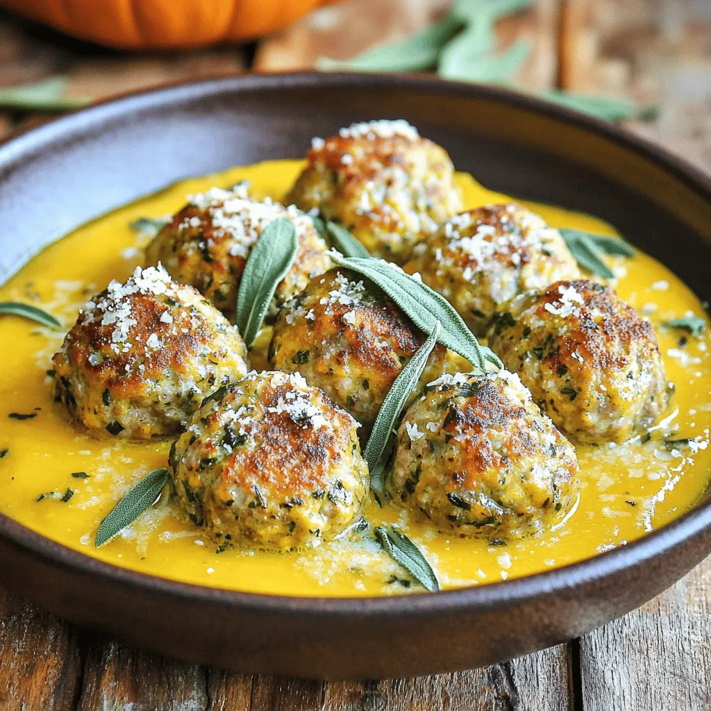 - 1 lb ground turkey - 1/2 cup breadcrumbs - 1/4 cup grated Parmesan cheese - 1 large egg - 2 cloves garlic, minced - 1 tsp onion powder - 1 tsp salt - 1/2 tsp black pepper - 1/4 tsp red pepper flakes (optional) - 1 cup pumpkin puree - 1 cup chicken broth - 1/4 cup heavy cream - 1 tbsp fresh sage, chopped (or 1 tsp dried sage) - 1 tbsp olive oil When making turkey meatballs in pumpkin sage sauce, these ingredients are key. Each one builds flavor and texture. Ground turkey gives a lean base. Breadcrumbs keep the meatballs tender. Parmesan adds a nice saltiness. - Red pepper flakes can add some heat. - Use dried sage if fresh isn’t available. These optional ingredients let you customize the dish. You can choose how spicy or herbal you want it. - Try using garlic powder for extra flavor. - Italian seasoning can enhance the taste. - Fresh herbs like thyme or rosemary also work well. These seasonings can bring new life to your turkey meatballs. I love how a simple change can make a dish feel fresh. Mixing in different spices opens up new flavor profiles. First, grab a big bowl. Add 1 pound of ground turkey. Then, mix in 1/2 cup of breadcrumbs and 1/4 cup of grated Parmesan cheese. Crack 1 large egg into the bowl. Toss in 2 cloves of minced garlic, 1 teaspoon of onion powder, 1 teaspoon of salt, and 1/2 teaspoon of black pepper. If you like spice, add 1/4 teaspoon of red pepper flakes. Use your hands or a spoon and mix gently. Be careful not to overmix. This keeps your meatballs tender. Now, preheat your oven to 400°F (200°C). While it warms up, scoop out some of the turkey mixture. Roll it into balls about 1 inch wide. Place them on a baking sheet lined with parchment paper. Make sure they have space in between. You should make about 24 meatballs. Once the oven is hot, bake them for 20 to 25 minutes. They should turn golden brown and reach an internal temperature of 165°F (74°C). While the meatballs bake, let's make the sauce. In a large skillet, heat 1 tablespoon of olive oil over medium heat. Add 1 cup of pumpkin puree, 1 cup of chicken broth, and 1/4 cup of heavy cream. Stir everything until it blends well. Bring the mix to a gentle simmer. After that, stir in 1 tablespoon of chopped fresh sage. If you don't have fresh sage, use 1 teaspoon of dried. Let the sauce cook for about 5 minutes. Stir it occasionally until it thickens slightly. When the meatballs are done, take them out of the oven. Carefully move them into the skillet with the sauce. Gently swirl the meatballs in the sauce. Let them simmer together for 5 more minutes. This helps the meatballs soak up those tasty flavors. Now, it’s time to serve your dish. Place the warm turkey meatballs on a plate. Sprinkle some extra grated Parmesan cheese on top. You can also add fresh sage leaves for a nice touch. Enjoy your meal! - Use fresh ingredients for the best flavor. Fresh garlic and sage shine in this dish. - Mix the meatball ingredients gently. Overmixing can make them tough. - Form uniform meatballs, about 1 inch wide. This helps them cook evenly. - Bake until golden brown. This adds flavor and texture to the meatballs. - Add a pinch of nutmeg for warmth. Nutmeg pairs well with pumpkin and sage. - Stir in a splash of balsamic vinegar. This will add a nice tang to the sauce. - For a spicy kick, include more red pepper flakes. Adjust to your taste preference. - Serve meatballs in a shallow bowl. This lets the sauce shine and looks nice. - Garnish with extra Parmesan. A sprinkle of cheese adds color and flavor. - Add fresh sage leaves on top. This not only looks great but boosts the herbal taste. {{image_4}} You can easily make turkey meatballs gluten-free. Instead of regular breadcrumbs, use gluten-free breadcrumbs. Many stores offer these options. You can also use ground oats or almond flour. These choices keep the texture light and tasty. To make this dish dairy-free, swap out the Parmesan cheese. Nutritional yeast adds a cheesy flavor without dairy. For the heavy cream, use coconut cream or a dairy-free cream alternative. These swaps keep the sauce creamy and delicious. If you want a different protein, consider using ground chicken or lean beef. Both work well in this recipe. For a vegetarian option, use lentils or chickpeas. Mash them lightly and combine with the spices. This way, you can enjoy the same flavors in a meat-free dish. After you enjoy your turkey meatballs in pumpkin sage sauce, store leftovers in the fridge. Place them in an airtight container. This helps keep them fresh. They will last about 3 to 4 days. If you want to enjoy them later, check that they cool down first before sealing the container. This way, moisture does not build up. You can freeze turkey meatballs too! To do this, let them cool completely. Then, place them in a freezer-safe bag or container. Make sure to remove as much air as possible. This helps prevent freezer burn. They can stay frozen for up to 3 months. When you are ready to eat, defrost in the fridge overnight. To reheat turkey meatballs, you have a few options. The oven is a great choice. Preheat it to 350°F (175°C). Place the meatballs in a baking dish and cover with foil. Heat for about 15 to 20 minutes. You can also use the microwave. Heat them in a microwave-safe dish for 1 to 2 minutes. Make sure to check that they are hot all the way through. Enjoy! Yes, you can use ground turkey breast. It has less fat than regular ground turkey. This option makes the meatballs leaner. Just keep in mind, they may be a bit drier. Adding a little more cream or sauce can help with moisture. To thicken the sauce, you can simmer it longer. Let it cook until it reduces. Another option is to mix a little cornstarch with water and stir it in. This quick method thickens the sauce nicely without changing the flavor. Several sides match well with these meatballs. Consider serving them with: - Mashed potatoes - Rice - Quinoa - Fresh green salad - Roasted vegetables These options balance the rich sauce and add texture to your meal. Leftovers can last in the fridge for about 3 to 4 days. Store them in an airtight container. If you want to keep them longer, consider freezing them. They can last for up to 3 months in the freezer. Just thaw and reheat when ready to enjoy! This post covered all you need to create delicious turkey meatballs in pumpkin sage sauce. We discussed the key ingredients, step-by-step instructions, and tips for the best results. Variations for diets like gluten-free and dairy-free were also included. Plus, we explored storage info and answered your most common questions. With these insights, you can impress anyone at your next meal. Enjoy cooking and make it your own!