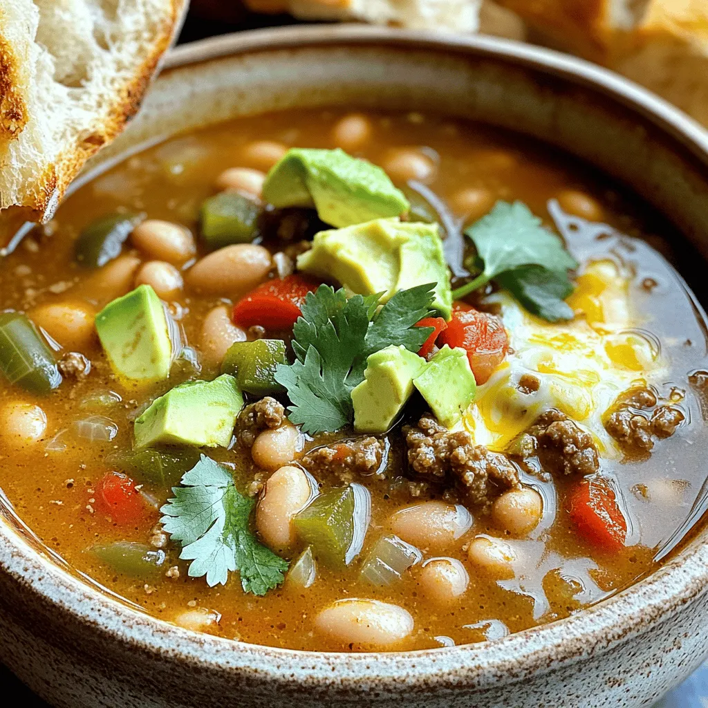 - 1 lb ground beef - 1 cup pinto beans, soaked overnight and drained - 2 cups green chiles, roasted and chopped - 1 medium onion, finely diced - 2 cloves garlic, minced - 4 cups beef broth - 1 can (14 oz) diced tomatoes, undrained - Shredded cheese - Diced avocado - Sour cream - Fresh cilantro - 1 teaspoon ground cumin - 1 teaspoon chili powder - Salt and freshly ground black pepper Gather these ingredients before you start cooking. The ground beef gives the soup a hearty base. Pinto beans add a creamy texture and a boost of fiber. The green chiles bring a nice kick. Use mild chiles if you prefer less heat. Diced tomatoes add sweetness and moisture. Onions and garlic bring depth to the flavor. Beef broth ties it all together, making your soup rich and savory. For toppings, shredded cheese adds creaminess, while diced avocado offers a fresh touch. Sour cream can cool the heat, and cilantro gives a burst of flavor. Feel free to mix and match these toppings. Adjust the spices to your taste. Cumin and chili powder give warmth and earthiness, while salt and pepper enhance all the flavors. With these ingredients ready, you will create a comforting bowl of Pinto Bean Green Chile Beef Soup. - Soaking pinto beans: Start by soaking 1 cup of pinto beans overnight. This helps them cook faster and makes them soft. The next day, drain the beans and set them aside. - Roasting and chopping green chiles: Next, you will need 2 cups of green chiles. If you want a mild soup, choose mild chiles. For a spicier kick, go for the hot ones. Roast them on a grill or stovetop until the skin blisters. Once cooled, chop them into small pieces. - Sautéing onions and garlic: In a large pot, heat 2 tablespoons of olive oil over medium heat. Add 1 medium diced onion and 2 minced garlic cloves. Sauté them for about 3-4 minutes. You want the onion to turn soft and fragrant. - Browning ground beef: Now, turn the heat to medium-high. Add 1 pound of ground beef to the pot. Use a wooden spoon to break it apart. Cook until the beef is brown and no longer pink, about 5-7 minutes. If there is extra fat, drain it away. - Combining ingredients and simmering: Stir in your roasted green chiles, soaked pinto beans, 1 teaspoon of ground cumin, 1 teaspoon of chili powder, 1 can of diced tomatoes (with juice), and 4 cups of beef broth. Mix everything well. Increase the heat to bring the soup to a gentle boil. When it boils, lower the heat and let it simmer uncovered for about 45 minutes. This helps the beans soften and the flavors blend. - Tasting and seasoning: After simmering, taste the soup. Add salt and freshly ground black pepper to make it just right for you. - Serving instructions: When the beans are tender and the soup looks rich, take it off the heat. Ladle the soup into bowls. For a nice touch, garnish with fresh cilantro. You can also add toppings like shredded cheese, diced avocado, or sour cream. Serve with warm bread for a cozy meal! To make your soup shine, pick the right green chiles. You can choose between mild or hot. If you like heat, go for hot chiles. If you want a gentle kick, choose mild. This choice shapes the overall taste. When browning the beef, start with a hot pot. This helps the meat caramelize well. Stir the beef often to break it apart. This gets a nice brown color and adds flavor. For sautéing vegetables, use medium heat. This allows the onions and garlic to soften without burning. Cook them until they are clear and fragrant. This step builds the soup's base flavor. To prevent beans from sticking, stir often. As the soup simmers, the beans can settle to the bottom. Keep an eye on it and give it a gentle mix. This helps the beans cook evenly. When serving, ladle the soup into bowls. This makes it look inviting. Pair it with warm bread or crispy chips for dipping. The crunch adds a fun texture. For garnish, sprinkle fresh cilantro on top. You can also add shredded cheese or diced avocado. These toppings not only look great but add flavor. A dollop of sour cream can make it even creamier. {{image_4}} For a vegetarian option, swap ground beef for a plant-based meat substitute. You can also use extra beans or lentils for protein. This keeps the soup hearty and filling. To make it gluten-free, ensure that your beef broth is labeled as gluten-free. Many brands offer options that fit this need. You can easily change the flavors of your soup. Try adding spices like smoked paprika or cayenne for extra heat. For a unique twist, mix in fresh herbs such as oregano or thyme. Don’t forget about the vegetables! Adding chopped bell peppers or corn can boost both flavor and nutrition. To give your soup a Southwest flair, toss in some diced jalapeños or a splash of lime juice. You can also use chipotle peppers for a smoky touch. If you want to enhance the Mexican flavors, consider adding fresh cilantro and a sprinkle of queso fresco. These additions make the dish even more vibrant and tasty. To store leftover soup, let it cool first. Pour the soup into an airtight container. Seal it tightly and place it in the fridge. This soup stays fresh for up to three days. When ready to eat, check for any off smells or changes in color. If it seems fine, you’re good to go! Freezing the soup is easy. First, cool it completely. Then, use freezer-safe containers or bags. Leave some space at the top for expansion. Label each container with the date. The soup can freeze well for up to three months. When you're ready to eat, just take it out and thaw it in the fridge overnight. For reheating, you have a few good options. The stove is my favorite. Pour the soup into a pot and heat it over medium-low heat. Stir often until it’s hot. You can also use the microwave. Place the soup in a microwave-safe bowl and cover it with a paper towel. Heat it in short bursts, stirring in between. This keeps the texture nice and avoids hot spots. Enjoy the flavors as they come back to life! Yes, you can use canned pinto beans. They save time and are easy to use. Just rinse them well before adding to the soup. This will help remove excess salt and keep flavors fresh. If you don’t have green chiles, use bell peppers or jalapeños. You can also use canned green chilies if you have them. These options will still give your soup a nice flavor. To spice up your soup, add more green chiles. You can also sprinkle in cayenne pepper or hot sauce. Adjust it slowly to find the heat level you like best. This soup goes great with warm crusty bread or tortilla chips. You might also enjoy it with a fresh salad or cornbread. These sides add texture and balance to your meal. The soup lasts about three to four days in the fridge. Just keep it in an airtight container. For longer storage, consider freezing it for up to three months. This blog post guides you through making a hearty Pinto Bean Green Chile Beef Soup. You learned about the key ingredients, cooking steps, and tips to enhance flavor. My final thought? Experiment with toppings and variations. This soup fits any taste. Try it your way, whether vegetarian or spiced up. Enjoy the rich flavors and comforting warmth of this dish. Store and reheat leftovers for even more delicious meals. Get ready to impress your family and friends with this easy recipe!