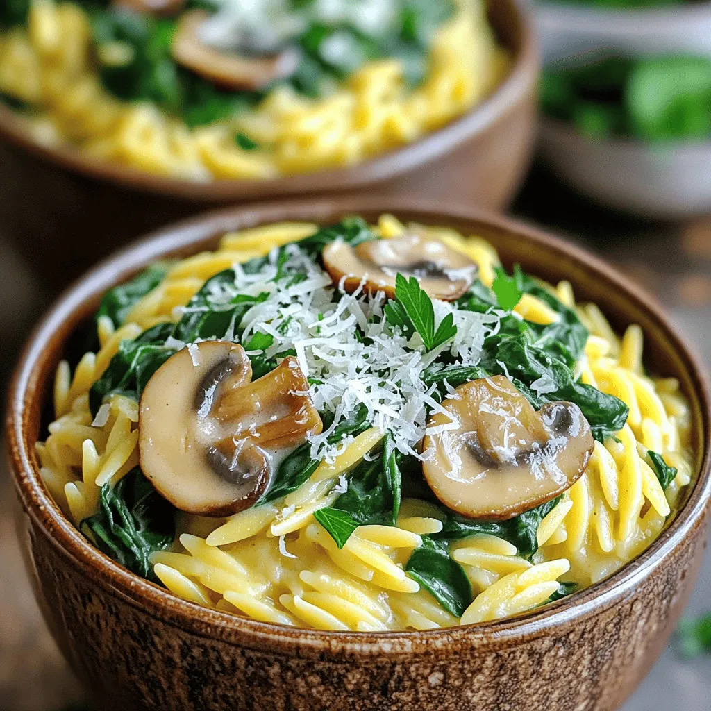 - 1 cup orzo pasta - 2 tablespoons extra virgin olive oil - 1 medium onion, finely diced - 3 cloves fresh garlic, minced - 8 oz cremini mushrooms, sliced - 4 cups vegetable broth - 1 cup heavy cream - 3 cups fresh baby spinach - ½ teaspoon dried thyme - Salt and freshly ground black pepper to taste - ½ cup freshly grated Parmesan cheese - Fresh parsley, chopped (for garnish) You will need a large pot for this dish. A wooden spoon works well for stirring. A sharp knife and cutting board help with prepping your ingredients. A measuring cup ensures you use the right amounts. Finally, keep a serving spoon handy for dishing out your creamy orzo. To boost flavor, try adding cooked chicken or shrimp. You can also mix in sun-dried tomatoes for a tangy twist. For extra veggies, consider adding peas or roasted bell peppers. If you love spice, a pinch of red pepper flakes will add some heat. Start by heating two tablespoons of extra virgin olive oil in a large pot. Use medium heat until the oil shimmers. Add one finely diced medium onion. Sauté for about three to four minutes. You want the onion to be soft and clear. Next, add three minced garlic cloves. Stir them in and let them cook for one minute. This will fill your kitchen with a lovely aroma. Now it’s time to add eight ounces of sliced cremini mushrooms. Stir them in well. Cook for five to seven minutes. Keep stirring often. You want the mushrooms to become soft and start to turn golden. This step adds depth to your dish. Once the mushrooms are ready, add one cup of orzo pasta to the pot. Stir it well to coat the orzo in the mix. Let it toast for about one minute. This step enhances the nutty flavor of the orzo. Next, pour in four cups of vegetable broth. Bring the mixture to a gentle boil. Once boiling, reduce the heat. Let it simmer uncovered for about ten to twelve minutes. Stir occasionally until the orzo is al dente. By following these steps, you build a rich and flavorful base for your creamy mushroom spinach orzo. Enjoy the process! To make your sauce creamy, use high-quality heavy cream. It adds richness. Stir it in after cooking the orzo. This keeps the sauce smooth and thick. If you want more flavor, add more Parmesan cheese. It melts well and blends nicely. Cook orzo just until it is al dente. This means it should have a slight bite. Stir it often while it cooks. This helps it cook evenly and prevents sticking. If the mixture gets too thick, add a splash of broth. It will help loosen the sauce. Store leftovers in an airtight container. Keep it in the fridge for up to three days. When reheating, add a little broth or cream. This will bring back the creamy texture. Heat gently on the stove or in the microwave. Stir well to mix everything again. {{image_4}} You can boost your dish by adding protein. Chicken or shrimp works well. For chicken, use cooked, diced breast. Stir it in just before serving. For shrimp, add peeled and deveined shrimp during the last few minutes of cooking. They cook quickly and soak up flavors. Both options make your dish heartier and more filling. If you want a vegan dish, swap heavy cream for coconut milk or cashew cream. Both give a rich texture without dairy. Coconut milk adds a hint of sweetness. Cashew cream brings a nutty flavor. To make cashew cream, blend soaked cashews with water until smooth. This keeps your orzo creamy and delicious while being plant-based. You can change the veggies based on the season. In spring, add peas or asparagus for a fresh taste. In summer, cherry tomatoes or zucchini brighten the dish. In fall, consider roasted butternut squash or kale. In winter, use hearty greens like Swiss chard. This allows you to enjoy fresh flavors all year round. Plus, it keeps your meal exciting! Pair your creamy mushroom spinach orzo with a light salad. A simple arugula salad works well. A squeeze of lemon adds freshness. You can also serve it with crusty bread. Garlic bread or focaccia are great choices too. These pairings enhance the flavors of your dish. To impress your guests, use deep, elegant bowls for serving. A sprinkle of extra Parmesan cheese adds a classy touch. You can also add a few fresh spinach leaves on top. This adds color and makes the dish look inviting. A drizzle of olive oil can also enhance the look. Roasted vegetables make a perfect side dish. Try roasted carrots or zucchini for a tasty addition. For protein, grilled chicken or shrimp works well too. If you want a lighter option, serve a side of steamed broccoli. Each of these sides balances the creaminess of the orzo. Yes, you can make this dish gluten-free. Simply swap the orzo pasta for a gluten-free pasta. Many brands offer gluten-free orzo made from rice or corn. Make sure to check the packaging for cooking times, as they may vary. To store leftovers, let the orzo cool to room temperature. Place it in an airtight container and refrigerate. It will stay fresh for about three days. Reheat it on the stove or in the microwave. Add a splash of broth or cream to keep it creamy. You can use different cheeses to change the flavor. Try mozzarella for a stretchier texture. Feta adds a salty touch, while goat cheese gives a tangy taste. Grated cheddar works too, giving a rich and bold flavor. Yes, you can prepare this dish in advance. Cook the orzo and let it cool. Store it in the fridge for up to two days. When ready to eat, heat it gently on the stove. Add fresh spinach and cream just before serving for the best taste. This blog covered how to make One Pot Creamy Mushroom Spinach Orzo. We went over ingredients, tools, and optional add-ins for flavor. I shared step-by-step cooking instructions and tips for a creamy sauce. You learned about variations, serving ideas, and answers to common questions. Incorporate these tips to create a dish that your family will love. Enjoy each bite as you make this easy, tasty meal.