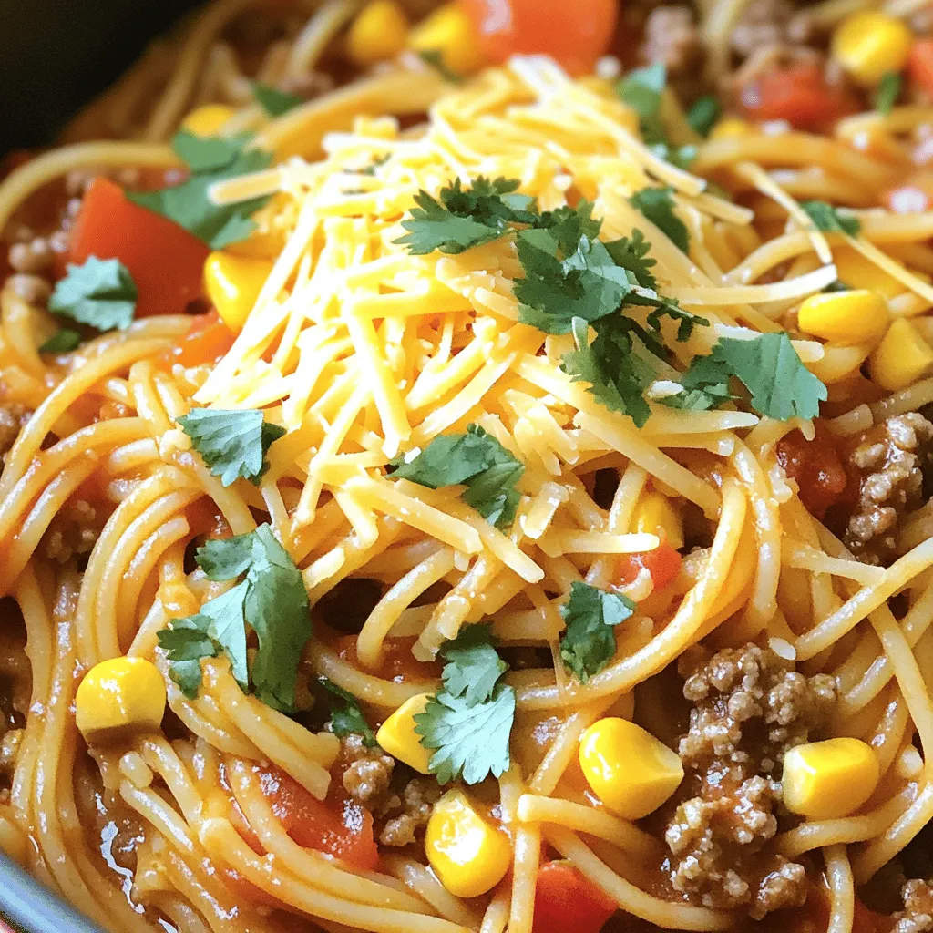 - 12 oz spaghetti - 1 lb ground beef - 1 medium onion, diced - 2 cloves garlic, minced - 1 bell pepper, diced - 1 can (14 oz) diced tomatoes - 1 cup beef broth - 1 cup frozen corn - 1 can (15 oz) black beans, rinsed and drained - 2 tablespoons taco seasoning - 1 teaspoon smoked paprika - Salt and pepper to taste - 2 tablespoons olive oil - Shredded cheddar cheese for topping - Fresh cilantro for garnish The key to a great dish lies in the ingredients. You start with spaghetti as the base. It cooks right in the pot, soaking up all the flavors. Then, you need ground beef for a hearty protein. It gives the meal depth and richness. Next, add a medium onion and garlic. They provide a wonderful aroma and flavor. A bell pepper adds color and sweetness. Use any color you prefer; they all work well. Don't forget the diced tomatoes. They add moisture and tang. The beef broth enhances the meaty flavor and helps the spaghetti cook. Frozen corn gives a touch of sweetness and texture. For the beans, use black beans. They are nutritious and filling. Taco seasoning and smoked paprika bring warmth and spice. Adjust salt and pepper to your taste. Finally, drizzle in olive oil to keep everything moist. Top with shredded cheddar cheese for creaminess. Finish with fresh cilantro for a bright touch. Each ingredient plays a role in making this dish easy and flavorful! Start by heating olive oil in a large pot over medium heat. Once the oil is hot, add the diced onion. Sauté the onion for about three to four minutes. You want it soft and see-through. Next, stir in the minced garlic and diced bell pepper. Cook for another two minutes. This will make your kitchen smell great! Now it’s time to add the ground beef. Break it apart with a spoon as you add it to the pot. Cook the beef for about five to seven minutes. Stir it often until it turns brown and is no longer pink. If there's a lot of fat, drain it from the pot to keep things light. Once the beef is browned, sprinkle in the taco seasoning and smoked paprika. Don’t forget to add salt and pepper to taste. Mix it all well so the spices coat the meat. Cook for one more minute. This step adds a lot of flavor! Next, pour in the canned diced tomatoes, beef broth, frozen corn, and black beans. Then add the uncooked spaghetti. Make sure to stir everything well. Check that the spaghetti is fully submerged in the liquid. This helps it cook evenly. Bring the mixture to a rolling boil. Once it's boiling, reduce the heat to a gentle simmer. Cover the pot and let it simmer for about 12 to 15 minutes. Stir occasionally to prevent sticking. You’ll know it’s done when the spaghetti is tender. After cooking, take the pot off the heat. Let the dish rest for a few minutes to thicken up. For a cheesy finish, stir in half of the shredded cheddar cheese until it melts. This will give your cowboy spaghetti a creamy touch! To boost the taste of One-Pot Cowboy Spaghetti, add spices like cumin or chili powder. A pinch of cayenne will give it a kick. You can also mix in fresh herbs like oregano or thyme for more depth. After cooking, let the dish rest for a few minutes. This resting time helps all the flavors meld together, making each bite even better. When sautéing, keep the heat medium to avoid burning the onion and garlic. Stir often to cook them evenly. For perfect pasta texture, cook the spaghetti until it is al dente. This means it should be soft but still firm to the bite. Remember, the pasta will continue to cook a bit after you remove it from heat. Top your Cowboy Spaghetti with shredded cheddar cheese for creaminess. Fresh cilantro adds color and a burst of flavor. You can serve it with cornbread or a side salad for a complete meal. For a fun cowboy theme, consider adding cowboy beans or grilled corn on the cob. {{image_4}} You can easily switch the ground beef for ground turkey or chicken. Both options are leaner but still tasty. If you want a vegetarian dish, use lentils or mushrooms. They add great texture and flavor. If you're looking for a healthier choice, try whole wheat spaghetti. It gives more fiber and a nutty taste. For gluten-free options, use gluten-free spaghetti or any short pasta. Bowtie or penne works well in this dish, too, and is fun to eat. Feel free to add more veggies! Zucchini, spinach, or carrots can boost nutrition and flavor. You can also use seasonal produce like bell peppers in summer or squash in fall. This way, you can change it up and keep meals fresh and exciting. To store leftovers, let the spaghetti cool first. Then, transfer it to an airtight container. This helps keep it fresh. You can store it in the fridge for up to 3 days. After that, it might lose its taste and texture. To freeze One-Pot Cowboy Spaghetti, use a freezer-safe container. Make sure to leave some space at the top, as it will expand. The dish can stay good in the freezer for up to 3 months. When you’re ready to eat it, thaw it overnight in the fridge. You can reheat the spaghetti in two ways: the microwave or the stovetop. For the microwave, place it in a bowl and cover it. Heat in 1-minute bursts until hot. On the stovetop, gently warm it in a pan over low heat. Add a splash of beef broth or water to keep it moist. Stir often to prevent sticking. One-Pot Cowboy Spaghetti takes about 30 minutes to cook. You spend 10 minutes prepping the ingredients. Cooking takes about 20 minutes. This quick meal fits into a busy schedule. Yes, you can make this dish ahead of time. Cook the spaghetti and let it cool. Store it in an airtight container in the fridge for up to three days. To reheat, add a splash of broth to keep it moist. You can use ground turkey or chicken for a leaner choice. For a vegetarian option, try lentils or black beans. Both options keep the dish hearty and satisfying. To add heat, include diced jalapeños or crushed red pepper flakes. You can also use a spicier taco seasoning. Start with a little, then taste and adjust as needed. Yes, you can add more vegetables! Try zucchini, spinach, or mushrooms. Just chop them small and add them with the garlic and bell pepper. This adds flavor and nutrition. This blog post covered a tasty One-Pot Cowboy Spaghetti recipe. We explored the ingredients, cooking methods, tips, and storage info. You learned how to create a dish full of flavor and fun. Try different meats and veggies to make it your own. Remember to let it rest for better taste. Enjoy making this dish and impressing your friends. Cooking can be a joy, and this meal is an easy way to start. Now, grab your ingredients and get cooking!