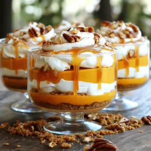 To create these tasty trifles, you’ll need: - 1 cup pumpkin puree - 1 cup cream cheese, softened, at room temperature - 1/2 cup powdered sugar - 1 teaspoon pure vanilla extract - 1 teaspoon pumpkin pie spice - 1 cup heavy cream - 1 cup graham cracker crumbs - 1/2 cup caramel sauce (store-bought or homemade) These ingredients give the trifles their rich flavor and creamy texture. The pumpkin puree adds warmth, while the cream cheese provides a smooth base. Consider adding these to enhance your trifles: - 1/2 teaspoon ground cinnamon, for garnish - Whipped cream, for topping - Chopped pecans, for garnish These toppings add a nice crunch and visual appeal. A sprinkle of cinnamon brings out the pumpkin spice flavor. If you need to swap ingredients, here are some ideas: - Use Greek yogurt instead of cream cheese for a lighter option. - Try maple syrup in place of powdered sugar for a natural sweetener. - Substitute almond milk for heavy cream if you want a dairy-free version. These substitutions can help you customize the trifles to your taste or dietary needs. Don't be afraid to experiment! Start by grabbing a medium mixing bowl. Add 1 cup of softened cream cheese. Then, add 1/2 cup of powdered sugar. Next, pour in 1 teaspoon of pure vanilla extract and 1 teaspoon of pumpkin pie spice. Use an electric mixer on medium speed. Mix until smooth and creamy. Make sure there are no lumps left in the mix. This will be the base of your trifle. In a separate large bowl, pour in 1 cup of heavy cream. Use a whisk or an electric mixer to whip the cream. Whip until you see soft peaks forming. This should take about 2 to 3 minutes. When the cream is ready, gently fold it into the pumpkin cream cheese mixture. Be careful not to deflate the cream. We want to keep it light and fluffy for our trifles. Now, let’s build our trifles. Get your individual serving glasses or bowls ready. Start by adding about 2 tablespoons of graham cracker crumbs to the bottom of each glass. This is your tasty base. Next, spoon about 3 tablespoons of the creamy pumpkin mixture on top. Spread it smoothly. Drizzle a thin layer of caramel sauce over the pumpkin layer. Repeat this layering: more graham cracker crumbs, then more pumpkin mix, and another drizzle of caramel. Keep layering until each glass is filled. Finish with a lovely layer of the pumpkin mixture on top. Finally, add a dollop of whipped cream on each trifle. Sprinkle a dash of ground cinnamon and some chopped pecans for crunch. Cover the trifles with plastic wrap and place them in the fridge. Chill for at least 2 hours to let the flavors mix together. To get that smooth, creamy texture, mix the cream cheese first. Blend it with powdered sugar, vanilla, and pumpkin pie spice. Use an electric mixer for even results. Mix until there are no lumps. Next, whip the heavy cream until soft peaks form. This should take 2 to 3 minutes. Gently fold the whipped cream into the pumpkin mixture. Be careful not to deflate the cream. This folding keeps your trifle light and fluffy. Layering is key to a good trifle. Start with graham cracker crumbs at the bottom of each glass. This base adds texture and flavor. Next, spoon in the pumpkin cream mixture. Spread it evenly for a nice look. Drizzle caramel sauce over the pumpkin layer. Repeat this process. Add more graham cracker crumbs and pumpkin cream until each glass is full. Finish with a layer of pumpkin cream on top. This creates a beautiful finish. For a great presentation, use a decorative tray for your trifles. This makes them look inviting. Add a dollop of whipped cream on top of each trifle. Sprinkle with ground cinnamon and chopped pecans for extra flavor. For a fancy touch, drizzle extra caramel sauce over the whipped cream. This adds a delightful shine. Chill the trifles for at least 2 hours before serving. This helps the flavors blend together. Enjoy this delicious treat with friends or family. {{image_4}} You can give your trifles a twist by adding more spices. Try adding nutmeg or ginger for a warm touch. You can also use maple extract instead of vanilla for a richer flavor. Just a little change can make a big difference. If you like it spicy, add more pumpkin pie spice to the mix. This will enhance the pumpkin flavor and add depth. If you need a gluten-free option, swap out the graham crackers. Use gluten-free cookies or crushed nuts for the base. You can also check the caramel sauce. Make sure it’s gluten-free if you buy it. This way, everyone can enjoy the treat without worry. Want to serve these trifles in jars? It's a fun idea! Use small mason jars for a cute touch. Layer the ingredients just like you would in glasses. This makes it easy to grab and eat. Plus, it looks great at parties. You can even give them as gifts! To keep your Pumpkin Caramel Cheesecake Trifles fresh, store them in the fridge. Use an airtight container to avoid drying out. If you used clear glasses, cover them with plastic wrap. This keeps the trifles moist and tasty. Always place them on a flat shelf to prevent spills. When stored properly, your trifles will stay fresh for up to three days. After that, the texture may change. The whipped cream can lose its fluffiness, and the flavors may fade. It’s best to enjoy them within this time for the best taste. You can freeze these trifles for later enjoyment. However, the texture may change. To freeze, place them in airtight containers. Avoid the whipped cream and toppings before freezing. Thaw in the fridge before serving. Enjoy them within a month for the best flavor and quality. Yes, you can make these trifles a day in advance. This helps the flavors blend. Store them in the fridge, covered with plastic wrap. They will taste even better after chilling overnight. Serve the trifles in clear glasses or bowls. This allows everyone to see the beautiful layers. Top each trifle with whipped cream, a sprinkle of cinnamon, and some chopped pecans. This adds a nice crunch and flavor. For a special touch, drizzle more caramel sauce over the whipped cream. To lighten the trifles, you can use reduced-fat cream cheese. You can also swap heavy cream for whipped coconut cream. Use a sugar substitute in place of powdered sugar if you want to cut down on sugar. Adding fresh fruit like apple slices can also boost the health factor while adding flavor. In this article, we explored how to craft delicious Pumpkin Caramel Cheesecake Trifles. We covered the key ingredients, preparation steps, and essential tips for perfect layering. You learned about various flavor variations and how to customize the recipe for different dietary needs. Lastly, we discussed storage tips to keep your trifles fresh. Making these trifles is fun and easy. Now you can enjoy a tasty treat that impresses everyone! Enjoy your dessert adventure!