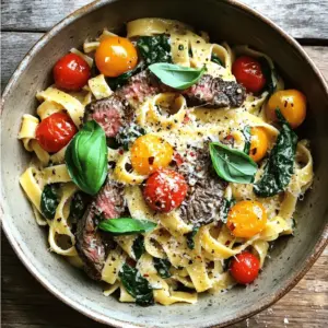 - 8 oz fettuccine pasta - 1 lb flank steak or sirloin, thinly sliced - 4 cloves garlic, minced - 1 cup cherry tomatoes, halved - 1 cup fresh spinach leaves - ½ cup heavy cream - ½ cup freshly grated Parmesan cheese - 2 tablespoons olive oil - 1 teaspoon crushed red pepper flakes - Salt and freshly ground black pepper to taste - Fresh basil leaves for garnish I love using fresh, quality ingredients for garlic steak pasta. The fettuccine is the perfect base for this dish. It holds the sauce well and gives you that nice bite. Flank steak or sirloin adds a rich flavor. Thin slices cook quickly and stay tender. Garlic is a key player here. It brings a warm aroma and deep taste. Cherry tomatoes add a pop of color and sweetness. They soften and burst, making the sauce more vibrant. Spinach adds a nice green touch and boosts nutrition. Heavy cream is essential for a creamy sauce. It helps blend all the flavors and makes it rich. Freshly grated Parmesan cheese adds a salty depth. A sprinkle of crushed red pepper flakes gives a slight kick. Don’t forget salt and pepper! They enhance every ingredient. Fresh basil leaves are the perfect garnish. They add fragrance and a touch of freshness. Using these ingredients will make your garlic steak pasta a true delight. - Step 1: Boiling and draining fettuccine Fill a large pot with water. Add a good amount of salt. Bring the water to a rolling boil. Add the fettuccine and cook as the package says, until it is al dente. When done, drain the pasta and save about ½ cup of the water. - Step 2: Reserving pasta water for sauce This starchy water helps make the sauce creamy. Set it aside for later. - Step 3: Heating oil and seasoning the steak While the pasta cooks, heat 1 tablespoon of olive oil in a large skillet. Season the sliced steak with salt and black pepper. - Step 4: Cooking the steak until golden brown When the oil shimmers, add the steak in one layer. Cook for about 2-3 minutes on one side. Flip the steak and cook for another 2-3 minutes. Remove it from the skillet and cover with foil to keep warm. - Step 5: Sautéing garlic and red pepper flakes In the same skillet, add the other tablespoon of olive oil. Add minced garlic and red pepper flakes. Sauté for about 30 seconds until the garlic smells great. - Step 6: Adding cherry tomatoes and spinach Next, add halved cherry tomatoes. Cook for 2-3 minutes until they soften. Stir in fresh spinach leaves until just wilted. - Step 7: Incorporating heavy cream and steak Turn the heat to medium-low. Pour in the heavy cream and mix well. Add the cooked steak back into the skillet. - Step 8: Merging pasta with sauce and adjusting consistency Now, add the cooked fettuccine and freshly grated Parmesan cheese. Toss everything together. If the sauce is too thick, add some reserved pasta water until it’s creamy. To cook the best al dente pasta, use a large pot of boiling salted water. Add the fettuccine and stir it well. Follow the package instructions, but test the pasta a minute early. It should be firm but not hard. Drain and save some pasta water for later. When cooking steak, aim for the right doneness. For medium-rare, cook flank steak for about 4-6 minutes total. A meat thermometer should read 130°F. Adjust cooking time for your preferred doneness. To boost flavor, add fresh herbs and spices. Basil, parsley, or oregano can make your dish more exciting. Experiment with garlic powder or even a dash of lemon zest for zing. For cheese variations, try using pecorino Romano or a sprinkle of feta. These cheeses add unique flavors and textures to your pasta. For a stunning plate, twirl the pasta using a fork before serving. This creates a beautiful nest of noodles. Place the steak slices on top for a nice display. Garnish your dish with fresh basil leaves and extra Parmesan. A little drizzle of olive oil can enhance the look and flavor too. Aim for a colorful plate that invites everyone to dig in. {{image_4}} You can change the protein in garlic steak pasta. If you prefer chicken, use thin slices of chicken breast. Simply sear it like the steak. For shrimp lovers, add peeled shrimp to the sauce. Cook them until they turn pink. If you want a vegetarian version, tofu is a great choice. Press and cube firm tofu, then sauté it until golden. Mushrooms also work well. Slice them and cook until they are tender and juicy. Fettuccine is a classic choice, but you can switch it up. Linguine or spaghetti are both tasty options. They will hold the sauce well, making every bite delicious. If gluten is a concern, choose gluten-free pasta. There are many great brands available. Just cook them according to package instructions for the best results. The creamy sauce is great, but you can play with it. Try different cream alternatives, like half-and-half or coconut cream. These options will add unique flavors to your dish. Adding vegetables can boost nutrition and taste. Bell peppers, zucchini, or broccoli make great additions. You can also spice things up. A pinch of paprika or a dash of lemon juice can elevate the flavor. Store your garlic steak pasta in the fridge. Use an airtight container. This keeps it fresh for up to three days. Make sure to let it cool before sealing. Avoid packing it too tightly. This helps to keep the pasta from clumping together. You can freeze garlic steak pasta for up to three months. To freeze, place it in a freezer-safe container. Leave some space at the top for expansion. When you're ready to eat, thaw it overnight in the fridge. Reheat it on the stove over low heat. Add a splash of water or cream to help it warm up. This keeps the flavors and texture nice. If you use the microwave, heat it in short bursts. Stir in between to keep it from drying out. Can I make garlic steak pasta in advance? Yes, you can make garlic steak pasta ahead of time. Cook the pasta and steak, then store them in separate containers. Keep the sauce in another container. When you're ready to eat, heat everything up together. Add a splash of water or cream to refresh the sauce. How do I prevent the steak from becoming tough? To keep the steak tender, slice it thinly against the grain. This helps break down the muscle fibers. Also, avoid overcooking it. Cook just until it’s browned and no longer pink. Let it rest before slicing to keep juices in. Is this recipe suitable for a gluten-free diet? No, but you can easily make it gluten-free. Use gluten-free pasta instead of regular fettuccine. Check the sauce ingredients for any hidden gluten. Most of the other ingredients are gluten-free, but always read labels. Can I make a dairy-free version of this dish? Yes, you can make it dairy-free. Swap heavy cream for coconut milk or a plant-based cream. Use nutritional yeast instead of Parmesan cheese for a cheesy flavor. This keeps the dish creamy and tasty without dairy. What sides pair well with garlic steak pasta? Garlic steak pasta pairs well with a simple green salad. Garlic bread also makes a great side. You can serve roasted vegetables for a healthy contrast. These sides will enhance the meal and add extra flavors. Can this dish be served as a meal prep option? Yes, garlic steak pasta is great for meal prep. Store servings in airtight containers. It keeps well in the fridge for 3 to 4 days. Reheat in the microwave or on the stove with a splash of water for moisture. In this blog post, we explored how to make delicious garlic steak pasta. We covered essential ingredients like fettuccine, steak, and spices. You learned step-by-step instructions for cooking, seasoning, and combining each element. We also shared tips for enhancing flavors and making variations. Remember, cooking is about creativity. Adjust the recipe to fit your tastes. With a few simple steps, you can create a tasty dish that impresses anyone. Enjoy your cooking adventure!