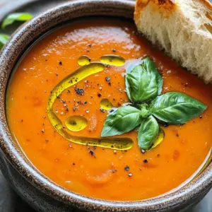 - 2 lbs ripe tomatoes, halved - 1 medium onion, quartered - 4 cloves garlic, unpeeled - 3 tablespoons olive oil - 1 teaspoon salt - 1/2 teaspoon freshly ground black pepper - 1 teaspoon dried oregano - 4 cups vegetable broth - 1 cup fresh basil leaves, tightly packed - 1 tablespoon balsamic vinegar - Additional fresh basil leaves for garnish - Optional: Crusty bread for serving The key elements in this roasted tomato basil soup make it rich and tasty. First, the ripe tomatoes bring sweetness and flavor. For the best taste, choose tomatoes that are juicy and firm. The onion adds depth, while unpeeled garlic gives a nice, mellow flavor when roasted. Olive oil adds richness, and salt and pepper balance the taste. The dried oregano adds a hint of earthiness. Vegetable broth gives the soup its base. Fresh basil leaves bring a bright flavor and aroma. Balsamic vinegar adds a touch of sweetness and tang. Lastly, crusty bread is perfect for dipping. - Alternative tomatoes for roasting: You can use roma or heirloom tomatoes for a different taste. - Fresh vs. dried herbs: Fresh herbs enhance flavor. You can use dried if fresh is not available. - Options for vegetable broth: Homemade broth works great. Store-bought is fine too. Choosing the right ingredients can change the flavor profile of your soup. Don't hesitate to try different kinds of tomatoes or herbs to find what you like best! First, set your oven to 400°F (200°C). This high heat helps to roast the tomatoes perfectly. Next, grab a large baking sheet. It should be big enough to hold all your veggies without crowding them. Now, arrange the halved tomatoes, quartered onion, and unpeeled garlic cloves on the baking sheet. Make sure they are in a single layer for even roasting. Drizzle 3 tablespoons of olive oil over the vegetables. Then, sprinkle 1 teaspoon of salt, 1/2 teaspoon of black pepper, and 1 teaspoon of dried oregano on top. Toss everything gently with your hands. Place the baking sheet in the oven and roast for about 30 to 35 minutes. The tomatoes will soften and get a bit charred, bringing out their sweet flavor. Once roasted, take the baking sheet out of the oven. Let it cool for a few minutes. Carefully peel the garlic cloves. Add the roasted tomatoes, onions, and garlic to a blender. Pour in 4 cups of vegetable broth. Blend it all on high until you get a smooth texture. Now, in a medium pot over medium heat, combine the blended mix with 1 cup of fresh basil leaves and 1 tablespoon of balsamic vinegar. Stir well to mix everything together. Let the soup simmer for about 10 minutes. This helps the flavors blend nicely. After simmering, taste the soup. Adjust the seasoning if you think it needs more salt or black pepper. Enjoy your delicious roasted tomato basil soup! To get the best flavor in your soup, roasting is key. Here are some tips: - Optimal caramelization: Spread the tomatoes and onion evenly on the baking sheet. This helps them cook uniformly. The edges should brown slightly to bring out sweetness. - Checking doneness: Look for soft tomatoes that collapse easily. The skin should show some char. A fork should pierce through with little resistance. The right blender makes a big difference in your soup's texture. - Immersion blender vs. regular blender: An immersion blender is easy to use in the pot. It saves time and fewer dishes. A regular blender gives a smoother finish but requires transferring hot soup. - Avoiding lumps in the soup: Blend until completely smooth. If using a regular blender, blend in small batches. This prevents overflow and ensures even mixing. Pairing your soup with the right sides enhances the meal. - Best accompaniments: Crusty bread is a classic choice. It’s perfect for dipping. A fresh salad adds a nice crunch and balance to the meal. - Garnishing ideas for presentation: Top your soup with fresh basil leaves. A drizzle of olive oil can add richness. Consider a sprinkle of black pepper for a nice touch. {{image_4}} To make a creamy version of this soup, add cream or a dairy-free alternative. Heavy cream gives a rich taste, while coconut milk or cashew cream works well for dairy-free. Start by blending the soup first. After blending, pour in about one cup of cream. Stir it in and let the soup warm up. This will make it smooth and rich, perfect for a cozy meal. If you crave heat, try adding chili peppers or spices. You can use fresh jalapeños or crushed red pepper flakes. Add them to the veggies before roasting. This way, the heat blends with the sweetness of the tomatoes. Adjust the roasting time if you add whole chili peppers. You may want to roast them a bit longer to soften fully. This version packs a flavorful punch. This soup is easy to make vegan and gluten-free. The main recipe is already vegan. Use vegetable broth and avoid any dairy. For gluten-free options, serve the soup with gluten-free bread or crackers. Just check labels to ensure they are certified gluten-free. Enjoy this tasty soup without worry, no matter your diet! To store leftover roasted tomato basil soup, use airtight containers. Glass or plastic containers work well. Let the soup cool before sealing. Place it in the fridge. It stays fresh for about 3 to 5 days. If you want to freeze the soup, use freezer-safe bags or containers. Leave some space at the top for expansion. Freeze it within two hours of cooking for best results. To reheat, thaw overnight in the fridge. Heat it on the stove over low heat until warm. Stir well to bring back the creamy texture. For freshness, store the soup in the fridge. Check for signs of spoilage before eating. Look for off smells or mold. If you see any, throw it away. For frozen soup, use it within three months for best flavor. To thicken your soup, you have a few great options. First, you can cook it longer. This helps the water evaporate and intensifies the flavor. Another method is to add some chopped potatoes or carrots while blending. They blend well and add body to the soup. Lastly, consider adding a bit of cornstarch mixed with water. Stir it in during the simmering step for a smooth finish. Yes, you can use canned tomatoes. They are a great alternative and save time. Use about 2 cans of diced tomatoes for this recipe. Drain excess liquid to avoid a watery soup. Canned tomatoes often have great flavor, but fresh tomatoes add a special touch. If you have fresh ones, use them when in season for the best taste. Making this soup takes about 50 minutes. You will spend around 15 minutes preparing the ingredients. Roasting the vegetables takes about 30 to 35 minutes. After blending, you will simmer the soup for 10 minutes. This simple timing makes it easy to plan your meal. Yes, Roasted Tomato Basil Soup is healthy. Tomatoes are rich in vitamins C and K. They also contain antioxidants like lycopene, which helps fight cancer. Basil adds more vitamins and minerals, plus it has anti-inflammatory properties. The olive oil provides healthy fats. Overall, this soup is a nutritious choice for any meal. In this blog post, we explored how to make a delightful Roasted Tomato Basil Soup. We covered the key ingredients, including tomatoes, garlic, and herbs. I shared tips for roasting and blending to achieve the best texture. You can also try variations, like creamy or spicy versions. Don't forget about storing leftovers or freezing for later. With the right techniques and ingredients, you can create a delicious dish that warms your soul. Enjoy every comforting bowl!