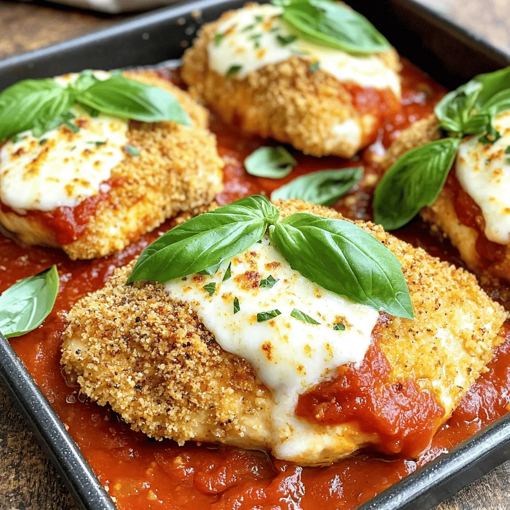 - 4 boneless, skinless chicken breasts - 1 cup seasoned breadcrumbs - 1/2 cup freshly grated Parmesan cheese - 1 cup rich marinara sauce - 1 1/2 cups shredded mozzarella cheese - 2 tablespoons extra virgin olive oil - 1 teaspoon garlic powder - 1 teaspoon Italian seasoning blend - Salt and freshly ground black pepper to taste - Fresh basil leaves for a fragrant garnish If you want to switch things up, here are some ideas: - Use panko breadcrumbs for extra crunch. - Swap regular Parmesan with Pecorino Romano for a sharper taste. - Try homemade marinara sauce for a fresh twist. - Use skin-on chicken for added richness. These options can make your dish unique while keeping it simple. - Calories: 400 - Protein: 35g - Carbohydrates: 20g - Fat: 20g - Fiber: 2g - Sodium: 600mg This meal packs flavor without too many calories. It’s a tasty way to enjoy chicken! 1. Start by preheating your oven to 375°F (190°C). This makes sure your chicken cooks evenly. 2. In a medium bowl, mix the seasoned breadcrumbs, Parmesan cheese, garlic powder, and Italian seasoning. Add salt and pepper too. Stir it well to blend all the flavors. 3. Take your chicken breasts and drizzle olive oil on them. Rub the oil in well. This adds moisture and taste. 4. Coat each chicken breast in the breadcrumb mix. Press down so the crumbs stick nicely. This gives your chicken a crispy coating. 5. Place the coated chicken on a greased baking sheet. Leave some space between the pieces. This helps them cook evenly. 6. Bake the chicken for about 20 minutes. Check if the juices run clear. This means the chicken is cooked all the way through. 7. Once cooked, take the chicken out of the oven. Spread marinara sauce on each piece. This adds a rich flavor. 8. Sprinkle mozzarella cheese over the sauced chicken. Make sure to cover it well. This will give you that gooey, cheesy goodness. 9. Put the chicken back in the oven for another 10 minutes. Wait for the cheese to melt and bubble. This creates a lovely golden crust. 10. After baking, let the chicken cool for a few minutes. This keeps the juices inside before you serve. - Use a meat thermometer if you have one. The chicken should reach an internal temperature of 165°F (75°C). - Look for clear juices when you cut into the chicken. If the juices are pink, it needs more time. - Always let the chicken rest for a few minutes after baking. This helps keep it juicy and tender. When making Easy Baked Chicken Parmesan, small errors can lead to big issues. Here are some common mistakes to avoid: - Skipping the seasoning: Don’t forget to season your breadcrumbs. It adds flavor. - Not pressing the breadcrumbs: Press the breadcrumbs onto the chicken firmly. This helps the coating stick. - Overcrowding the pan: Give each chicken piece space on the baking sheet. This ensures even cooking and crispiness. A crispy chicken Parmesan is a delight. Here are my tips to get that perfect crunch: - Use fresh breadcrumbs: Fresh breadcrumbs offer better texture and flavor. - Lightly coat with oil: A small amount of extra virgin olive oil helps the coating crisp up nicely. - Bake at the right temperature: Keep your oven at 375°F (190°C). This temperature allows for even cooking without drying out the chicken. Pairing your chicken Parmesan with the right side dishes can elevate your meal. Here are some great options: - Pasta: Serve over spaghetti or penne with extra marinara sauce. - Salad: A fresh garden salad adds a nice crunch and balances the meal. - Bread: Garlic bread or a warm baguette can soak up any leftover sauce. These tips ensure your Easy Baked Chicken Parmesan shines at the dinner table, making it a hit with family and friends. {{image_4}} You can swap chicken for turkey or pork. Both work well in this dish. Turkey cutlets are lean and cook fast. Pork chops are juicy and add flavor. Just adjust your cooking time based on thickness. If you need gluten-free, use gluten-free breadcrumbs. Many brands offer great taste. For low-carb meals, substitute breadcrumbs with crushed nuts or parmesan crisps. This keeps it crunchy without the carbs. Try eggplant or zucchini if you want a veggie version. Slice them thick, bread, and bake just like the chicken. This gives you a tasty, meat-free option. You can also use plant-based chicken for a similar taste. After enjoying your baked chicken Parmesan, you can store leftovers in the fridge. Place the chicken in an airtight container. This helps keep it fresh. It’s best to eat it within three days. Always let it cool before sealing. If you want to save leftovers for later, freezing is a great option. Wrap each piece in plastic wrap. Then place them in a freezer bag or container. Label the bag with the date. Frozen chicken Parmesan can last up to three months. When you're ready to eat, just thaw it in the fridge overnight. Reheating chicken Parmesan is easy. You can use the oven or microwave. For the oven, preheat to 350°F (175°C). Place the chicken on a baking sheet and cover it with foil. Heat for about 20 minutes until warm. If using a microwave, place a piece on a microwave-safe plate. Heat on medium power for 2-3 minutes. Check to ensure it’s hot throughout. Enjoy your tasty meal again! Yes, you can make Baked Chicken Parmesan ahead of time. After you bread the chicken, place it in a baking dish. You can cover it with plastic wrap or foil. Store it in the fridge for up to 24 hours. When ready to cook, just remove the cover and bake it. You may need to add a few extra minutes to the cooking time. This method is great for busy nights. If you don’t have breadcrumbs, don’t worry! You can use crushed crackers or cornflakes instead. Both options add a nice crunch. You can even use ground oats if you want a healthier choice. Just make sure to season them like you would breadcrumbs. This keeps the flavors bold and tasty. To know when your Chicken Parmesan is fully cooked, check the internal temperature. It should reach 165°F (75°C). You can use a meat thermometer for this. If you cut into the chicken and see clear juices, it is also a good sign. The chicken should not be pink in the middle. Always check to be safe, as undercooked chicken can be risky. This blog post covered everything you need to create Baked Chicken Parmesan. We explored ingredients, measurements, and nutrition. You learned step-by-step instructions for making the dish perfectly. I shared tips to avoid common mistakes and variations to suit different diets. You also received storage guidelines and answers to frequently asked questions. Now, with these tools, you can make a delicious meal. Enjoy experimenting in the kitchen!