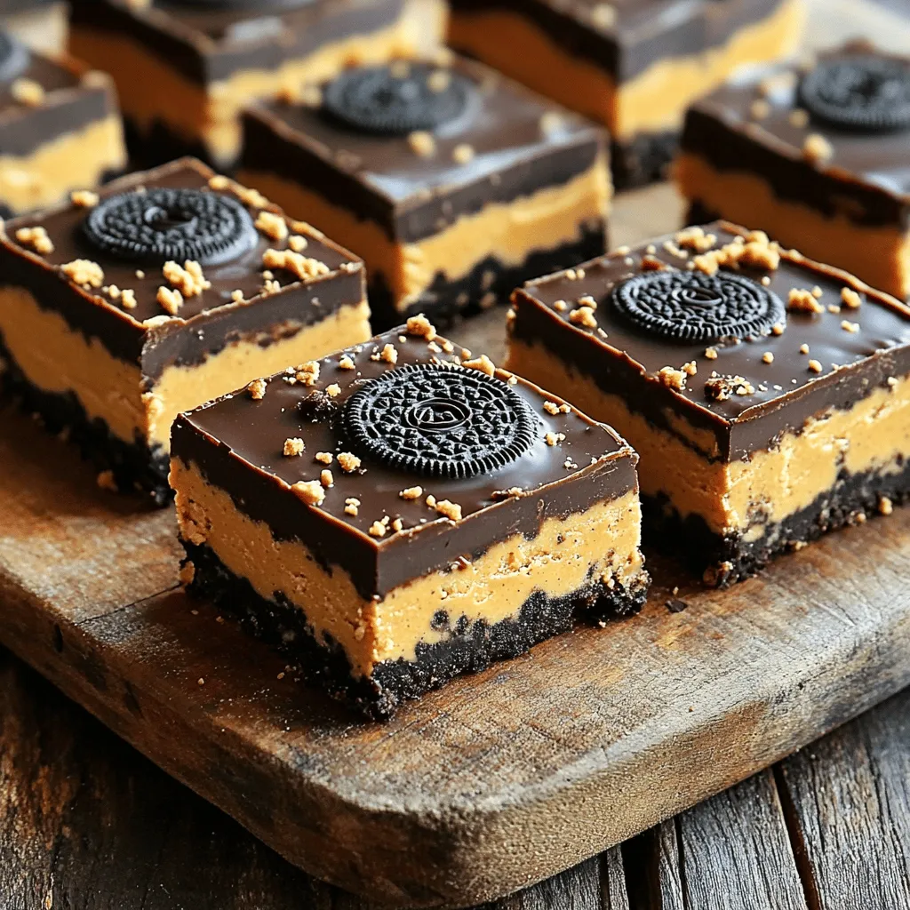 - 24 Oreo cookies, finely crushed - 1 cup creamy peanut butter - 1/2 cup unsalted butter, melted - 1 cup powdered sugar - 1 teaspoon vanilla extract - 1 cup semi-sweet chocolate chips - 2 tablespoons coconut oil (optional for a smoother chocolate layer) These simple ingredients create a treat that everyone loves. The process starts with crushed Oreo cookies, which add a nice crunch and sweet flavor. I always use creamy peanut butter for a smooth texture. Unsalted butter helps bind everything together. The powdered sugar sweetens the mix, while vanilla extract adds depth. For the chocolate layer, semi-sweet chocolate chips are perfect. If you want the chocolate to be smoother, you can add coconut oil. It makes the chocolate shine and pour easily. Each ingredient plays a key role in making these bars delicious and easy to enjoy. - Mixing Crushed Oreos and Butter: First, take 24 Oreo cookies and crush them finely. Place the crushed cookies in a large bowl. Melt 1/2 cup of unsalted butter. Pour the melted butter over the crushed Oreos. Mix them until it looks like wet sand. This mix will be the base for our bars. - Incorporating Peanut Butter & Sugar: Now, add 1 cup of creamy peanut butter to the cookie mix. Next, pour in 1 cup of powdered sugar. Add 1 teaspoon of vanilla extract for flavor. Stir well until you have a smooth mixture. Make sure there are no lumps left. - Preparing the Baking Dish: Grab an 8x8-inch baking dish. Line it with parchment paper. Leave some paper hanging over the sides to lift the bars out later. This makes it easy to cut and serve. - Pressing the Mixture into the Dish: Transfer the Oreo peanut butter mix into the dish. Use a spatula or the back of a measuring cup to press it down firmly. Spread it evenly across the bottom. Make sure to pack it tightly so it holds its shape. - Melting Chocolate and Coconut Oil: In a microwave-safe bowl, add 1 cup of semi-sweet chocolate chips. If you want, include 2 tablespoons of coconut oil for a smoother topping. Heat the bowl in the microwave for 30 seconds. Stir well and heat again until the chocolate is fully melted. - Spreading Chocolate Over the Bars: Carefully pour the melted chocolate over the peanut butter layer. Use a spatula to spread it evenly across the top. Ensure every part is covered with chocolate. Now, place the dish in the fridge for at least 2 hours. This step is key to getting your bars nice and firm. Enjoy the process! To ensure smoothness without lumps, mix the crushed Oreos and melted butter first. Stir until it looks like wet sand. When you add peanut butter, powdered sugar, and vanilla, mix well. Use a sturdy spoon or spatula to break up any lumps. Keep mixing until the mixture is creamy and smooth. For the proper packing method for the base, use a spatula or the back of a measuring cup. Press the mixture firmly into the dish. Make sure it is packed tightly. This helps the bars hold their shape when you cut them. Timing for refrigeration is key. Chill the bars for at least two hours. This time helps the bars set up well. If you want firmer bars, chill them longer. Signs the bars are ready to cut include a firm touch. They should feel solid but not rock hard. If they still feel soft, give them more time in the fridge. For serving options, arrange the bars on a nice platter. You can cut them into squares or rectangles. This makes them easy to grab. Garnishes and drizzles can enhance the look of your bars. Sprinkle some crushed Oreos on top for a fun texture. A drizzle of extra melted chocolate or peanut butter adds flair. This makes your dessert not just tasty but also beautiful! {{image_4}} You can make these bars nut-free by swapping peanut butter for sunflower seed butter. This change keeps the creamy texture while removing allergens. Sunflower seed butter has a lovely, mild flavor that pairs well with Oreos. It works perfectly in this recipe, so feel free to try it! To add a twist, think about mixing in different extracts or flavors. Almond or mint extracts can give a fun taste boost. You can also mix in chopped nuts or candies for extra crunch and flavor. Try adding mini chocolate chips or crushed candies to make it even more exciting! You have choices for the chocolate topping too. Dark chocolate offers a rich taste, while milk chocolate is sweeter. Both pair well with the creamy peanut butter. If you want something unique, consider a white chocolate layer. It adds a nice contrast and sweetness. - Storing in the Refrigerator After making your No-Bake Oreo Peanut Butter Bars, let them chill in the fridge. Wrap the bars tightly with plastic wrap or foil. This keeps them fresh and stops them from drying out. The cold helps them stay firm and tasty. - Freezing the Bars for Longer Shelf Life For longer storage, you can freeze these bars. Cut them into squares first. Then, place them in an airtight container or freezer bag. Make sure to separate layers with parchment paper. They can last up to three months in the freezer. - How Long Do They Last? In the fridge, these bars stay fresh for about one week. If you freeze them, they can last for three months. Just remember to check your bars before eating. - Signs of Spoilage to Look For Look for any change in color or smell. If the bars feel sticky or have a weird taste, it's best to throw them away. Always trust your senses when deciding if food is safe to eat. Yes, you can use gluten-free Oreos. They work just like regular Oreos. The taste and texture remain delicious. This makes the bars a great option for those with gluten allergies. Absolutely! You can swap peanut butter with sun butter or almond butter. These options give a nice flavor while keeping the bars creamy. Just ensure your choice has a similar texture to peanut butter. If your bars are too hard, let them sit at room temperature. This makes them easier to cut. You can also warm them slightly in the microwave for a few seconds. Be careful not to melt them. You can use granulated sugar blended until fine. This creates a similar texture. You can also try coconut sugar for a different flavor. Just make sure it dissolves well in the mixture. Yes, you can easily double the recipe. Just use a larger baking dish to hold more mixture. Keep the same ratios for all ingredients. This way, everyone gets more of these tasty bars! These no-bake Oreo peanut butter bars are easy and fun to make. You mix Oreos, peanut butter, and a few other simple ingredients. Then, you chill them for the perfect treat. Remember, you can experiment with flavors and toppings. Store them well for lasting taste. Enjoy these bars at gatherings or just for yourself. With this guide, you can whip up a tasty dessert in no time!