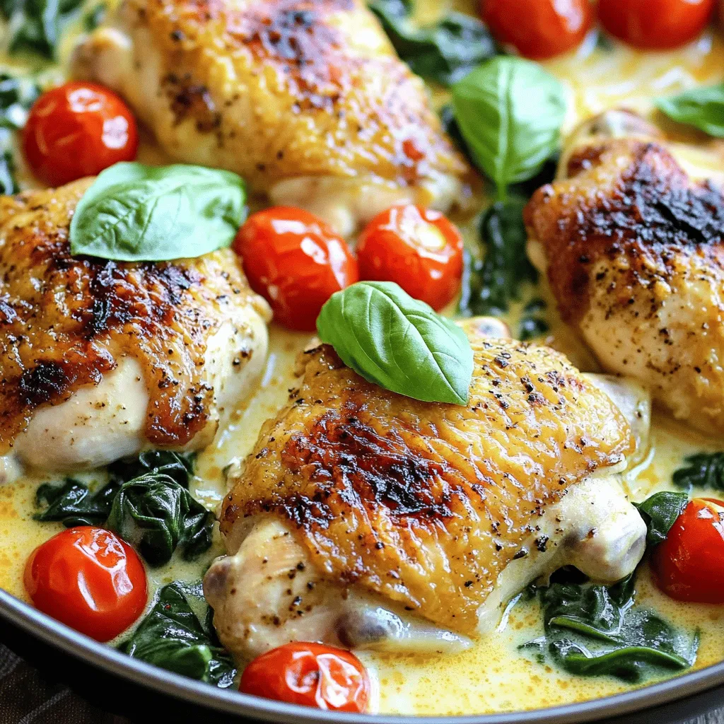 - 4 boneless, skinless chicken breasts - 3 cups fresh spinach, rinsed and patted dry - 1 cup cherry tomatoes, halved - 1/2 cup sun-dried tomatoes, coarsely chopped - 2 tablespoons extra virgin olive oil - 1 teaspoon Italian seasoning blend - Sea salt and freshly cracked black pepper to taste - 1 teaspoon garlic powder - 1 cup heavy cream - 1/2 cup finely grated Parmesan cheese When cooking One-Pan Tuscan Chicken, the right ingredients make all the difference. The chicken breasts serve as the main star, bringing protein and heartiness to the dish. Fresh spinach adds a bright, green touch, while cherry and sun-dried tomatoes provide sweetness and tang. For seasoning, I always use extra virgin olive oil. It adds depth and richness to the dish. The Italian seasoning blend brings herbs together, creating a warm flavor. Don't forget salt and pepper; they elevate the taste. Garlic powder adds a lovely aroma, making this dish even more appetizing. The sauce is where the magic happens. Heavy cream gives the dish its creamy texture, while Parmesan cheese adds a nutty, savory note. Together, these ingredients create a sauce that clings to the chicken and vegetables, making every bite delightful. Gather these ingredients, and you are ready to start your culinary adventure! Drizzle 2 tablespoons of extra virgin olive oil over 4 boneless, skinless chicken breasts. Season both sides with 1 teaspoon of Italian seasoning blend, sea salt, and freshly cracked black pepper. Make sure the chicken is coated well. This step adds flavor and helps the chicken stay juicy. Heat a large skillet over medium-high heat. Once hot, add the seasoned chicken breasts. Cook for about 6-7 minutes on each side. The chicken should be golden brown and reach an internal temperature of 165°F (75°C). When done, carefully remove the chicken from the skillet and set it aside on a plate. In the same skillet, add 3 cups of fresh spinach. Sauté for 1-2 minutes until it wilts. Next, add 1 cup of halved cherry tomatoes and 1/2 cup of chopped sun-dried tomatoes. Cook for another 2-3 minutes until the tomatoes soften and become juicy. This step adds vibrant color and flavor to the dish. Lower the heat to medium. Pour in 1 cup of heavy cream. Sprinkle in 1 teaspoon of garlic powder and add 1/2 cup of finely grated Parmesan cheese. Stir well to mix everything. Let this simmer for about 3-4 minutes, stirring occasionally until the sauce thickens slightly. The creamy sauce is the heart of this dish. Gently return the browned chicken breasts to the skillet. Position them in the creamy sauce. Let the chicken simmer for another 2-3 minutes. This reheats the chicken and allows it to soak up some of the sauce's flavor. Once ready, transfer the chicken to serving plates. Garnish with torn fresh basil leaves for added color and aroma. For a nice touch, serve the Tuscan chicken over a bed of cooked pasta or polenta. Spoon the creamy sauce and vegetables on top. A sprinkle of extra Parmesan cheese and a drizzle of olive oil can elevate the dish even more. - Importance of seasoning: Seasoning makes your chicken shine. I use sea salt and cracked black pepper to enhance the flavors. Italian seasoning brings warmth and depth. Make sure you coat your chicken evenly with these spices. - Achieving perfect chicken doneness: Cook your chicken until it reaches 165°F (75°C). This ensures it's safe and juicy. Use a meat thermometer to check the thickest part. Allow it to rest for a few minutes before slicing. This keeps the juices inside. - Storing leftovers and reheating: For leftovers, place the chicken and sauce in an airtight container. It stays fresh in the fridge for about three days. When reheating, use low heat on the stove. This helps avoid dryness and keeps it creamy. - Caloric content and macronutrients: Each serving of One-Pan Tuscan Chicken has about 450 calories. It's rich in protein, with around 35 grams per serving. The heavy cream adds fat, while spinach and tomatoes provide fiber and vitamins. This dish is balanced and satisfying. {{image_4}} You can easily change the veggies and proteins in One-Pan Tuscan Chicken. If you want, try using zucchini or bell peppers instead of spinach. They add great color and flavor. For protein, turkey or even tofu works well. Just make sure to adjust cooking times for different proteins. To make this dish gluten-free, simply check that your chicken broth is gluten-free. If you want it dairy-free, swap the heavy cream with coconut milk. You can also use nutritional yeast instead of Parmesan cheese for a cheesy flavor without dairy. Want to spice things up? You can add crushed red pepper flakes for heat. Fresh herbs like thyme or oregano can also bring a new taste to the sauce. Experiment with a squeeze of lemon juice for brightness. Each change can create a unique twist on this classic dish. To keep your One-Pan Tuscan Chicken fresh, store it in an airtight container. Place it in the fridge within two hours of cooking. This helps maintain safety and flavor. Enjoy your leftovers within three days for the best taste. If you want to avoid sogginess, separate the chicken from the sauce before storing. Freezing is a great option for longer storage. To freeze, let the chicken cool completely. Place the chicken and sauce in a freezer-safe container. Use plastic wrap or foil to wrap it tightly. This prevents freezer burn. You can freeze it for up to three months. When ready to eat, thaw it overnight in the fridge or use the microwave for a quicker option. Reheat your Tuscan Chicken using gentle heat. The best method is on the stove. Place it in a skillet over low heat. Stir occasionally until warmed through. Adding a splash of cream or broth can help keep it moist. If using a microwave, cover it loosely and heat in short bursts. This helps avoid drying out the chicken. Enjoy your tasty meal! You can use several options for a lighter sauce. Some popular replacements include: - Half-and-half - Coconut cream - Greek yogurt (thinned with a little milk) - Silken tofu blended until smooth These options give you a creamy texture with fewer calories. Each choice adds a unique flavor, too. For instance, coconut cream gives a tropical touch. Greek yogurt adds protein and tang. To ensure your chicken is safe to eat, check its internal temperature. Use a meat thermometer for best results. Insert it into the thickest part of the chicken. The temperature should read 165°F (75°C). If you don’t have a thermometer, cut the chicken in the thickest part. The juices should run clear, and the meat must be white, not pink. Yes, you can prepare One-Pan Tuscan Chicken ahead of time. Cook and cool the chicken and sauce, then store them separately in airtight containers. In the fridge, they last up to 3 days. When ready to eat, reheat gently on the stove. This helps keep the chicken moist and flavorful. This blog post gave you a clear path to a tasty chicken dish. We covered the best ingredients, steps to cook, and ways to store. You learned how to perfect your chicken and make a creamy sauce. Remember, you can swap ingredients for your taste or dietary needs. Whether you follow my tips or try your own twist, cooking this meal can be fun. Enjoy sharing your delicious creation with family and friends. You have all you need to impress them!