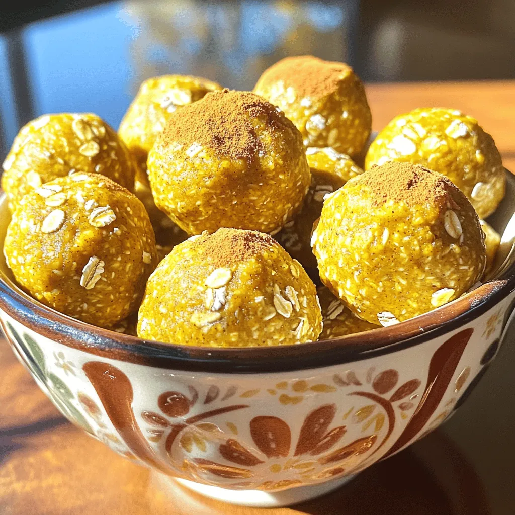To make these tasty Pumpkin Spice Energy Bites, you'll need: - 1 cup rolled oats - 1/2 cup pumpkin puree - 1/4 cup almond butter (or peanut butter) - 1/4 cup honey or maple syrup - 1 teaspoon pumpkin spice blend - 1/2 teaspoon pure vanilla extract - 1/4 cup ground flaxseed - Pinch of sea salt - 1/4 cup mini chocolate chips (optional) These ingredients work together to create a yummy and healthy snack. The oats give you energy, while the pumpkin puree adds moisture and flavor. Almond butter provides protein and healthy fats. Honey or maple syrup adds sweetness without refined sugar. You can easily adjust the recipe for allergies. Instead of almond butter, use sunflower seed butter for a nut-free option. If you can't have honey, maple syrup works just as well. For oats, you can use gluten-free rolled oats if needed. Always check labels to ensure safety. These swaps make it simple for everyone to enjoy these bites! Want to make your energy bites even more fun? Here are some great add-ins: - Chopped nuts for crunch - Dried fruit for sweetness - Protein powder for an extra boost - Seeds like chia or pumpkin seeds Adding these extras not only enhances flavor but also boosts nutrition. Mix and match to find your favorite combo! First, gather all your ingredients. You will need: - 1 cup rolled oats - 1/2 cup pumpkin puree - 1/4 cup almond butter (or peanut butter) - 1/4 cup honey or maple syrup - 1 teaspoon pumpkin spice blend - 1/2 teaspoon pure vanilla extract - 1/4 cup ground flaxseed - 1/4 cup mini chocolate chips (optional) - Pinch of sea salt In a large mixing bowl, combine the rolled oats, pumpkin puree, almond butter, and honey. Stir in the pumpkin spice, vanilla extract, ground flaxseed, and sea salt. Use a wooden spoon or your hands to mix everything well. The dough should feel sticky and hold together. If you like chocolate, gently fold in mini chocolate chips. Next, cover the bowl with plastic wrap. Place it in the fridge for about 30 minutes. This helps the mixture firm up. After chilling, take small portions of the dough. Roll them into bite-sized balls, about 1 inch in diameter. Place the balls on a baking sheet lined with parchment paper. Refrigerate again for another 30 minutes. This step helps them hold their shape. Once the energy bites are firm, transfer them to an airtight container. You can store them in the fridge for up to a week. For a fun presentation, serve them in a decorative bowl. If you want a snack on the go, wrap a few in parchment paper and tie them with twine. Enjoy your tasty, healthy snack! To get the best texture for your energy bites, mix until sticky. The rolled oats should blend well with the pumpkin puree and nut butter. If the mix is too dry, add a bit more pumpkin puree or nut butter. If it's too wet, add more oats or flaxseed. Chilling the dough helps it firm up, making it easier to shape. Using the right spices makes all the difference. A good pumpkin spice blend includes cinnamon, nutmeg, and ginger. You can also add a pinch of allspice for extra warmth. If you love more heat, try adding a dash of cayenne pepper. This will give your bites a fun kick. You can change the recipe to fit your taste. For a tropical twist, add dried coconut or chopped nuts. If you want a chocolate boost, mix in cocoa powder or use dark chocolate chips. For extra protein, consider adding protein powder to the mix. Feel free to experiment and make these bites your own! {{image_4}} You can easily turn your energy bites into protein balls. To do this, add protein powder. A scoop of vanilla or plant-based protein works well. This boosts the protein content. It makes a great snack post-workout. Simply mix the protein powder with the other ingredients. Keep the same ratios for the other items. If you want vegan options, swap honey for maple syrup. This keeps the bites sweet and plant-based. For gluten-free energy bites, ensure your oats are certified gluten-free. You can also use almond butter or sunflower seed butter. These options keep the bites smooth and tasty. Get creative with different flavors. Try adding cocoa powder for a chocolate twist. You can also use cinnamon or nutmeg for a spicier bite. Adding dried fruit, like cranberries or apricots, gives a nice chew. Seasonal flavors keep your snacks fresh and exciting. Experiment with what you love! To keep your pumpkin spice energy bites fresh, use an airtight container. This prevents moisture from getting in. Store them in your fridge right after making them. If you want a longer shelf life, consider freezing them. These energy bites stay fresh in the fridge for up to one week. After that, they may lose their tasty flavor and texture. If you freeze them, they can last up to three months. To freeze, first shape the bites and place them on a baking sheet. Make sure they are not touching each other. Freeze them for about two hours. Once firm, transfer them to a freezer-safe bag or container. Be sure to label the bag with the date. This way, you know when they were made. When you want to eat them, just thaw them in the fridge overnight. Yes, you can use rolled oats. They give a great texture to the bites. Rolled oats hold their shape well in the mixture. They add a nice chewiness, which I really enjoy. Just make sure to mix well so everything combines smoothly. Pumpkin spice is more than just tasty. It often has cinnamon, nutmeg, and ginger. These spices help with digestion and may lower blood sugar. They also have antioxidants, which help keep you healthy. Plus, the warm flavors can boost your mood during the fall. You can easily make nut-free bites. Replace almond butter with sunflower seed butter. This keeps the texture creamy and rich. You can also try soy nut butter or tahini. Just use the same amount in the recipe, and you’ll get a great snack. Yes, you can use different sweeteners. If you want to avoid honey, maple syrup works well. You can also try agave nectar or coconut nectar. Just keep the amount similar to ensure the bites stay sweet and tasty. Adjust based on your taste! Pumpkin spice energy bites are simple, tasty, and healthy snacks. We explored essential ingredients and options for allergies. I shared step-by-step instructions to make them with ease. Tips for perfect texture and flavor help you customize to your liking. You can even try different flavors and variations. Remember to store them properly for the best taste. Enjoy these bites as an snack or a quick boost. Get creative and have fun with your own twists!