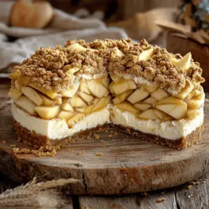 - 1 ½ cups Graham cracker crumbs - ½ cup unsalted butter, melted - 1 tablespoon sugar - 450 grams cream cheese, softened - ¾ cup sugar - 3 large eggs - 1 teaspoon vanilla extract - 2 cups whipped cream - 3 medium apples, peeled and diced - 1 teaspoon cinnamon - 2 tablespoons sugar - 1 tablespoon lemon juice - ½ cup oats - ½ cup flour - ½ cup brown sugar - ½ cup cold butter, diced - 1 teaspoon cinnamon - A pinch of salt This apple crumble cheesecake combines sweet and tart flavors. Each ingredient adds its own magic. For the crust, Graham cracker crumbs give a nice crunch. The melted butter helps hold it all together while sugar adds a touch of sweetness. The cheesecake filling is creamy and rich. Softened cream cheese blends well with sugar. Eggs add structure and stability. A hint of vanilla extract brightens the flavor, and whipped cream gives it a light texture. The apple filling brings freshness. Apples add sweetness and texture. Cinnamon adds warmth, while sugar enhances the apples' natural sweetness. Lemon juice balances the flavors and keeps the apples from browning. For the crumble topping, oats provide a hearty base. Flour and brown sugar add sweetness and help bind. Cold butter makes the topping crumbly and rich. A dash of cinnamon ties it all together, while salt balances the sweetness. Gather these ingredients to create a dessert that is sure to impress! Set your oven to 350°F (175°C). This step is key for perfect baking. In a bowl, mix together: - 1 ½ cups graham cracker crumbs - ½ cup unsalted butter, melted - 1 tablespoon sugar Press this mixture into the bottom of a 9-inch springform pan. Bake for 10 minutes. Let it cool while you prepare the fillings. In a medium pot, combine: - 3 medium apples, peeled and diced - 1 teaspoon cinnamon - 2 tablespoons sugar - 1 tablespoon lemon juice Cook this mixture over medium heat for about 5-7 minutes. You want the apples to be slightly tender. Once cooked, remove from heat and let cool. In a large bowl, blend: - 450 grams cream cheese, softened - ¾ cup sugar Mix until smooth. Add in 3 large eggs, one at a time. Stir well after each one. Finally, add 1 teaspoon vanilla extract and 2 cups whipped cream. Mix until everything is smooth. Pour half of the cheesecake filling onto the cooled crust. Spread the apple filling evenly over this layer. Then, pour the remaining cheesecake filling on top. Smooth the surface with a spatula. In a separate bowl, mix together: - ½ cup oats - ½ cup flour - ½ cup brown sugar - ½ cup cold butter, diced - 1 teaspoon cinnamon - A pinch of salt Use your fingers or a pastry cutter to blend until it looks crumbly. Sprinkle the crumble topping over the cheesecake filling. Bake for 50-60 minutes. The center should be firm but still slightly wobbly. Turn off the oven and leave the cheesecake inside for an hour. This helps it set properly. After baking, take the cheesecake out and let it cool at room temperature. Once cool, refrigerate for at least 4 hours or overnight. This cooling time is important for the best texture and flavor. To get a great crust, mix the graham cracker crumbs, melted butter, and sugar. Press the mixture firmly into the bottom of your springform pan. Use the flat bottom of a measuring cup to make it even. This helps the crust hold together when you slice the cheesecake. Bake it for 10 minutes to set. Cracks in your cheesecake can ruin its look. To avoid this, mix the cream cheese and sugar well until smooth. Add the eggs one at a time, mixing gently after each. This keeps air out, which causes cracks. Don’t rush this step. Slow and steady wins the race! For the best apple flavor, choose your apples wisely. I like using Granny Smith apples for their tartness. They balance the sweet cheesecake. You can also mix in some Honeycrisp for sweetness. Dice the apples small, so they cook evenly and blend well with the cheesecake. The crumble topping should be crumbly but not dry. Mix oats, flour, brown sugar, and cold butter until it looks like coarse crumbs. Use your fingers to break up the butter. If it's too wet, add a bit more flour. The right texture adds a nice crunch to your cheesecake. {{image_4}} You can swap apples for other fruits. Pears are sweet and juicy. Cherries add a tart flavor. Peaches bring a nice fruity taste. Berries like blueberries or raspberries work well too. Each fruit adds its own twist to the dessert. You just need to adjust the sugar based on the fruit sweetness. To make your cheesecake even better, add flavor boosts. A drizzle of caramel on top makes it rich. Just warm the caramel before using it. You can also sprinkle in some nutmeg for warmth. Nutmeg pairs well with apples and adds depth. Both options will make your cheesecake stand out. If you need a gluten-free version, it’s easy to adapt. Use gluten-free graham cracker crumbs for the crust. Swap regular flour with almond flour in the topping. Make sure all other ingredients are gluten-free too. This way, everyone can enjoy your delicious cheesecake without worry. To store leftover cheesecake, first let it cool completely. Wrap the cheesecake tightly in plastic wrap. Place it in an airtight container or a cake box. This keeps it fresh and moist. Always store it in the refrigerator. This way, it stays tasty for later. You can freeze cheesecake for longer storage. First, let the cheesecake cool and set in the fridge. Then, slice it into pieces. Wrap each slice in plastic wrap. After that, place the wrapped slices in a freezer bag. Make sure to remove as much air as possible. To thaw, move a slice to the fridge. Let it sit overnight before serving. The cheesecake lasts about 5 to 7 days in the fridge. Keep it covered to prevent it from drying out. If you notice any changes in smell or texture, it's best to toss it. Enjoy your apple crumble cheesecake while it’s fresh for the best taste. Yes, you can. I suggest using tart apples for the best taste. Varieties like Granny Smith and Honeycrisp work well. They hold their shape and add a nice contrast to the creamy cheesecake. You can mix different apples too. This will give you a unique flavor. To prevent cracks, don’t overmix the batter. Mix just enough to combine ingredients. Also, bake it in a water bath. This keeps the heat even. If it cracks anyway, don’t worry! You can cover cracks with the crumble topping. It looks nice and hides any flaws. Absolutely! You can make this cheesecake a day before. Just bake it, cool it, and chill it in the fridge. This helps the flavors blend and makes it taste even better. It’s a great idea for parties or gatherings. Check for a slight jiggle in the center. The edges should look firm. If you insert a toothpick, it should come out mostly clean. The cheesecake will set as it cools. Don’t overbake it. This can lead to cracks and a dry texture. Serve it chilled for the best taste. Cut into wedges and place on plates. Add a dollop of whipped cream on top. You can also garnish with thin apple slices. This adds a nice touch and looks great for guests. Enjoy every bite! You learned how to make a delicious apple crumble cheesecake with easy steps. We covered crust, filling, and topping ingredients. I shared tips for perfect texture and flavor. You can even try different fruit fillings. With these details, you can create a tasty dessert that everyone will love. Enjoy exploring variations or adapting the recipe to your taste. This cheesecake is a great way to impress your family and friends. Get baking and have fun!