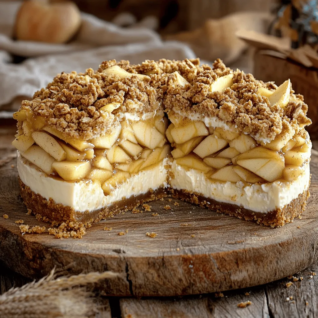 - 1 ½ cups Graham cracker crumbs - ½ cup unsalted butter, melted - 1 tablespoon sugar - 450 grams cream cheese, softened - ¾ cup sugar - 3 large eggs - 1 teaspoon vanilla extract - 2 cups whipped cream - 3 medium apples, peeled and diced - 1 teaspoon cinnamon - 2 tablespoons sugar - 1 tablespoon lemon juice - ½ cup oats - ½ cup flour - ½ cup brown sugar - ½ cup cold butter, diced - 1 teaspoon cinnamon - A pinch of salt This apple crumble cheesecake combines sweet and tart flavors. Each ingredient adds its own magic. For the crust, Graham cracker crumbs give a nice crunch. The melted butter helps hold it all together while sugar adds a touch of sweetness. The cheesecake filling is creamy and rich. Softened cream cheese blends well with sugar. Eggs add structure and stability. A hint of vanilla extract brightens the flavor, and whipped cream gives it a light texture. The apple filling brings freshness. Apples add sweetness and texture. Cinnamon adds warmth, while sugar enhances the apples' natural sweetness. Lemon juice balances the flavors and keeps the apples from browning. For the crumble topping, oats provide a hearty base. Flour and brown sugar add sweetness and help bind. Cold butter makes the topping crumbly and rich. A dash of cinnamon ties it all together, while salt balances the sweetness. Gather these ingredients to create a dessert that is sure to impress! Set your oven to 350°F (175°C). This step is key for perfect baking. In a bowl, mix together: - 1 ½ cups graham cracker crumbs - ½ cup unsalted butter, melted - 1 tablespoon sugar Press this mixture into the bottom of a 9-inch springform pan. Bake for 10 minutes. Let it cool while you prepare the fillings. In a medium pot, combine: - 3 medium apples, peeled and diced - 1 teaspoon cinnamon - 2 tablespoons sugar - 1 tablespoon lemon juice Cook this mixture over medium heat for about 5-7 minutes. You want the apples to be slightly tender. Once cooked, remove from heat and let cool. In a large bowl, blend: - 450 grams cream cheese, softened - ¾ cup sugar Mix until smooth. Add in 3 large eggs, one at a time. Stir well after each one. Finally, add 1 teaspoon vanilla extract and 2 cups whipped cream. Mix until everything is smooth. Pour half of the cheesecake filling onto the cooled crust. Spread the apple filling evenly over this layer. Then, pour the remaining cheesecake filling on top. Smooth the surface with a spatula. In a separate bowl, mix together: - ½ cup oats - ½ cup flour - ½ cup brown sugar - ½ cup cold butter, diced - 1 teaspoon cinnamon - A pinch of salt Use your fingers or a pastry cutter to blend until it looks crumbly. Sprinkle the crumble topping over the cheesecake filling. Bake for 50-60 minutes. The center should be firm but still slightly wobbly. Turn off the oven and leave the cheesecake inside for an hour. This helps it set properly. After baking, take the cheesecake out and let it cool at room temperature. Once cool, refrigerate for at least 4 hours or overnight. This cooling time is important for the best texture and flavor. To get a great crust, mix the graham cracker crumbs, melted butter, and sugar. Press the mixture firmly into the bottom of your springform pan. Use the flat bottom of a measuring cup to make it even. This helps the crust hold together when you slice the cheesecake. Bake it for 10 minutes to set. Cracks in your cheesecake can ruin its look. To avoid this, mix the cream cheese and sugar well until smooth. Add the eggs one at a time, mixing gently after each. This keeps air out, which causes cracks. Don’t rush this step. Slow and steady wins the race! For the best apple flavor, choose your apples wisely. I like using Granny Smith apples for their tartness. They balance the sweet cheesecake. You can also mix in some Honeycrisp for sweetness. Dice the apples small, so they cook evenly and blend well with the cheesecake. The crumble topping should be crumbly but not dry. Mix oats, flour, brown sugar, and cold butter until it looks like coarse crumbs. Use your fingers to break up the butter. If it's too wet, add a bit more flour. The right texture adds a nice crunch to your cheesecake. {{image_4}} You can swap apples for other fruits. Pears are sweet and juicy. Cherries add a tart flavor. Peaches bring a nice fruity taste. Berries like blueberries or raspberries work well too. Each fruit adds its own twist to the dessert. You just need to adjust the sugar based on the fruit sweetness. To make your cheesecake even better, add flavor boosts. A drizzle of caramel on top makes it rich. Just warm the caramel before using it. You can also sprinkle in some nutmeg for warmth. Nutmeg pairs well with apples and adds depth. Both options will make your cheesecake stand out. If you need a gluten-free version, it’s easy to adapt. Use gluten-free graham cracker crumbs for the crust. Swap regular flour with almond flour in the topping. Make sure all other ingredients are gluten-free too. This way, everyone can enjoy your delicious cheesecake without worry. To store leftover cheesecake, first let it cool completely. Wrap the cheesecake tightly in plastic wrap. Place it in an airtight container or a cake box. This keeps it fresh and moist. Always store it in the refrigerator. This way, it stays tasty for later. You can freeze cheesecake for longer storage. First, let the cheesecake cool and set in the fridge. Then, slice it into pieces. Wrap each slice in plastic wrap. After that, place the wrapped slices in a freezer bag. Make sure to remove as much air as possible. To thaw, move a slice to the fridge. Let it sit overnight before serving. The cheesecake lasts about 5 to 7 days in the fridge. Keep it covered to prevent it from drying out. If you notice any changes in smell or texture, it's best to toss it. Enjoy your apple crumble cheesecake while it’s fresh for the best taste. Yes, you can. I suggest using tart apples for the best taste. Varieties like Granny Smith and Honeycrisp work well. They hold their shape and add a nice contrast to the creamy cheesecake. You can mix different apples too. This will give you a unique flavor. To prevent cracks, don’t overmix the batter. Mix just enough to combine ingredients. Also, bake it in a water bath. This keeps the heat even. If it cracks anyway, don’t worry! You can cover cracks with the crumble topping. It looks nice and hides any flaws. Absolutely! You can make this cheesecake a day before. Just bake it, cool it, and chill it in the fridge. This helps the flavors blend and makes it taste even better. It’s a great idea for parties or gatherings. Check for a slight jiggle in the center. The edges should look firm. If you insert a toothpick, it should come out mostly clean. The cheesecake will set as it cools. Don’t overbake it. This can lead to cracks and a dry texture. Serve it chilled for the best taste. Cut into wedges and place on plates. Add a dollop of whipped cream on top. You can also garnish with thin apple slices. This adds a nice touch and looks great for guests. Enjoy every bite! You learned how to make a delicious apple crumble cheesecake with easy steps. We covered crust, filling, and topping ingredients. I shared tips for perfect texture and flavor. You can even try different fruit fillings. With these details, you can create a tasty dessert that everyone will love. Enjoy exploring variations or adapting the recipe to your taste. This cheesecake is a great way to impress your family and friends. Get baking and have fun!