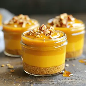 - 1 cup pumpkin puree - 1/2 cup cream cheese, softened to room temperature - 1/2 cup whipped topping (store-bought or homemade) - 1/3 cup pure maple syrup - 1 teaspoon vanilla extract - 1 teaspoon pumpkin pie spice - 1/2 teaspoon ground cinnamon - 1 cup graham cracker crumbs - 1/4 cup unsalted butter, melted - 1/4 cup crushed pecans You can make some simple swaps to fit your needs: - Alternative sweeteners: Use honey or agave syrup instead of maple syrup. - Non-dairy options for cream cheese: Try a cashew-based cream cheese or silken tofu. - Gluten-free graham cracker alternatives: Look for gluten-free graham crackers or use ground almonds. These swaps help keep the recipe fun and flexible. You can enjoy it your way! To start, grab a medium bowl. Combine 1 cup of pumpkin puree and 1/2 cup of softened cream cheese. Use a whisk to mix them well. Add in 1/3 cup of maple syrup, 1 teaspoon of vanilla extract, 1 teaspoon of pumpkin pie spice, and 1/2 teaspoon of ground cinnamon. Keep whisking until the mixture is smooth and creamy. Make sure there are no lumps from the cream cheese. Gently fold in 1/2 cup of whipped topping with a spatula. This makes the filling light and fluffy. Set this aside. Now, in another bowl, mix 1 cup of graham cracker crumbs with 1/4 cup of melted unsalted butter. Stir until the crumbs are evenly coated. This step helps the base hold together. Next, take small dessert cups or mini mason jars. Place about 2 tablespoons of the graham cracker mixture at the bottom of each cup. Press it down slightly to form a solid base. Time to build your cups! Spoon the pumpkin filling over the graham cracker base. Fill each cup about three-quarters full. If you have larger cups, you can add another layer. Just repeat the graham cracker mixture and then more pumpkin filling. Finally, sprinkle 1/4 cup of crushed pecans on top of each cup. This adds a nice crunch and flavor. Cover the cups with plastic wrap or lids. Refrigerate them for at least 2 hours. This lets the flavors mix and the filling set. Serve these cool and enjoy the creamy, delicious dessert! To make your pumpkin filling smooth, whip the cream cheese well. Start with softened cream cheese at room temperature. Whisk it until you have a creamy base with no lumps. This step is key for a great texture. When you add the whipped topping, do it gently. Use a spatula to fold it in. Be careful not to mix too hard. This keeps the filling light and fluffy. Letting your pie cups chill is important. Aim for at least 2 hours in the fridge. This time allows flavors to blend and the filling to set. For covering, use plastic wrap or lids. This helps keep the cups fresh and tasty. For a pretty finish, consider garnishing each cup. A dollop of whipped topping adds a nice touch. You can also sprinkle a bit of cinnamon on top. Choose clear, small cups or mini mason jars for serving. This way, guests can see the layers. It makes the dessert look inviting and fun! {{image_4}} You can easily change the flavor of your No-Bake Pumpkin Pie Cups. Adding chocolate or caramel gives a sweet twist. Just drizzle melted chocolate or caramel sauce over the top. This adds a rich layer of taste that pairs well with pumpkin. You can also add chocolate chips to the filling for extra indulgence. Spiced variations can also enhance the filling. Try adding a pinch of nutmeg or ginger for a warm kick. You can even mix in some apple pie spice for a fun twist. These small changes create a unique dessert for every occasion. Making your pumpkin cups vegan is simple. Swap cream cheese for a non-dairy version, like cashew cream. Use coconut whipped cream instead of regular whipped topping. Replace maple syrup with agave nectar for a vegan sweetener. These swaps keep the taste while meeting dietary needs. If you're looking for low-sugar options, you can use sugar substitutes. Stevia or monk fruit sweetener works well in this recipe. Just adjust the amount to match your taste. This way, you maintain the sweet flavor without the extra sugar. Pairing drinks with your cups can enhance the dessert experience. A warm chai tea or spiced cider complements the flavors well. If you prefer something colder, a vanilla-flavored soda works too. For plating ideas, consider using clear dessert cups to show off the layers. You can also add a cinnamon stick for decoration. This gives a festive look to your gathering. Using colorful napkins or plates can make your dessert stand out even more. To keep your No-Bake Pumpkin Pie Cups fresh, store them in the refrigerator. Place the cups in an airtight container or cover them with plastic wrap. They stay good for about 3 to 5 days. Make sure to keep them chilled until you are ready to serve. This helps maintain their creamy texture and flavor. If you want to save some for later, you can freeze the pumpkin pie cups. First, cover each cup tightly with plastic wrap or foil. Then, place them in a freezer-safe bag or container. They can last up to 2 months in the freezer. When you’re ready to eat them, move the cups to the fridge to thaw overnight. These cups are best served cold. If you want to enjoy them slightly warmer, let them sit out for about 10 minutes before serving. This way, they soften a bit, but don’t heat them in the microwave. That might change their texture and taste. Enjoy them straight from the fridge for the best flavor! No-Bake Pumpkin Pie Cups last about 3 to 5 days in the fridge. Store them in an airtight container. This keeps them fresh and tasty for when you want a quick treat. Yes, you can make these cups ahead of time. They taste even better after chilling for a few hours. You can prepare them a day before serving. Just cover them well in the fridge. If you don’t have graham crackers, you can use crushed cookies or oats. Some people like to use vanilla wafers or even gluten-free options. Just mix them with melted butter to form a base. Yes, you can use fresh pumpkin. Just cook and puree it until smooth. Be sure to drain any excess water. Canned pumpkin is often easier and saves time, but fresh can add a special taste. To make these cups healthier, use less maple syrup or a sugar substitute. You can also swap cream cheese for a low-fat version. Consider adding yogurt instead of whipped topping for a lighter touch. The blog post covered all you need for delicious No-Bake Pumpkin Pie Cups. We explored essential ingredients and helpful substitutes. Step-by-step instructions made the process easy to follow. Key tips ensured the perfect consistency and tasty results. We looked at fun variations and smart storage options. In conclusion, these Pumpkin Pie Cups are not just simple to make; they are flexible and tasty. Try your own spin, and enjoy this treat throughout the season!