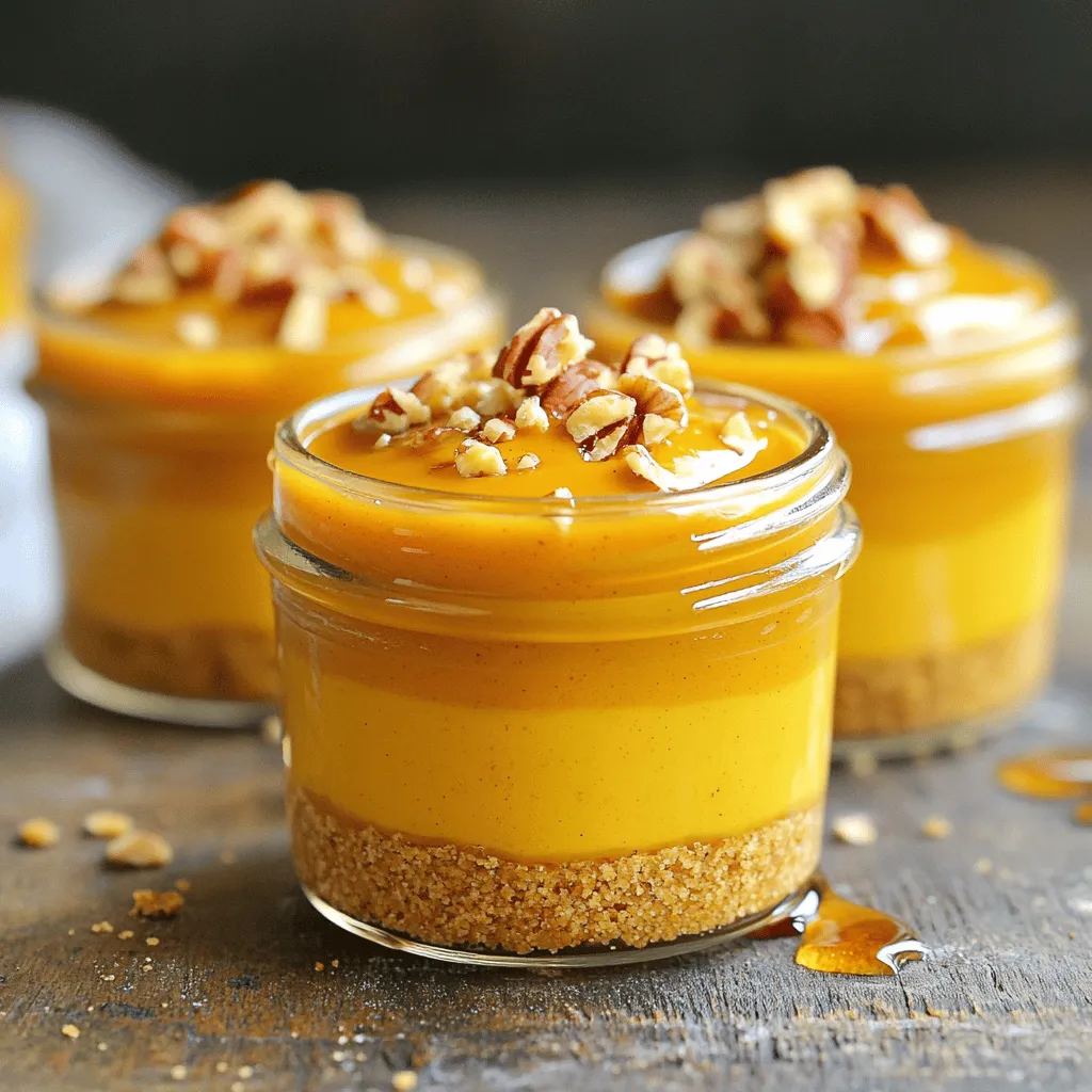 - 1 cup pumpkin puree - 1/2 cup cream cheese, softened to room temperature - 1/2 cup whipped topping (store-bought or homemade) - 1/3 cup pure maple syrup - 1 teaspoon vanilla extract - 1 teaspoon pumpkin pie spice - 1/2 teaspoon ground cinnamon - 1 cup graham cracker crumbs - 1/4 cup unsalted butter, melted - 1/4 cup crushed pecans You can make some simple swaps to fit your needs: - Alternative sweeteners: Use honey or agave syrup instead of maple syrup. - Non-dairy options for cream cheese: Try a cashew-based cream cheese or silken tofu. - Gluten-free graham cracker alternatives: Look for gluten-free graham crackers or use ground almonds. These swaps help keep the recipe fun and flexible. You can enjoy it your way! To start, grab a medium bowl. Combine 1 cup of pumpkin puree and 1/2 cup of softened cream cheese. Use a whisk to mix them well. Add in 1/3 cup of maple syrup, 1 teaspoon of vanilla extract, 1 teaspoon of pumpkin pie spice, and 1/2 teaspoon of ground cinnamon. Keep whisking until the mixture is smooth and creamy. Make sure there are no lumps from the cream cheese. Gently fold in 1/2 cup of whipped topping with a spatula. This makes the filling light and fluffy. Set this aside. Now, in another bowl, mix 1 cup of graham cracker crumbs with 1/4 cup of melted unsalted butter. Stir until the crumbs are evenly coated. This step helps the base hold together. Next, take small dessert cups or mini mason jars. Place about 2 tablespoons of the graham cracker mixture at the bottom of each cup. Press it down slightly to form a solid base. Time to build your cups! Spoon the pumpkin filling over the graham cracker base. Fill each cup about three-quarters full. If you have larger cups, you can add another layer. Just repeat the graham cracker mixture and then more pumpkin filling. Finally, sprinkle 1/4 cup of crushed pecans on top of each cup. This adds a nice crunch and flavor. Cover the cups with plastic wrap or lids. Refrigerate them for at least 2 hours. This lets the flavors mix and the filling set. Serve these cool and enjoy the creamy, delicious dessert! To make your pumpkin filling smooth, whip the cream cheese well. Start with softened cream cheese at room temperature. Whisk it until you have a creamy base with no lumps. This step is key for a great texture. When you add the whipped topping, do it gently. Use a spatula to fold it in. Be careful not to mix too hard. This keeps the filling light and fluffy. Letting your pie cups chill is important. Aim for at least 2 hours in the fridge. This time allows flavors to blend and the filling to set. For covering, use plastic wrap or lids. This helps keep the cups fresh and tasty. For a pretty finish, consider garnishing each cup. A dollop of whipped topping adds a nice touch. You can also sprinkle a bit of cinnamon on top. Choose clear, small cups or mini mason jars for serving. This way, guests can see the layers. It makes the dessert look inviting and fun! {{image_4}} You can easily change the flavor of your No-Bake Pumpkin Pie Cups. Adding chocolate or caramel gives a sweet twist. Just drizzle melted chocolate or caramel sauce over the top. This adds a rich layer of taste that pairs well with pumpkin. You can also add chocolate chips to the filling for extra indulgence. Spiced variations can also enhance the filling. Try adding a pinch of nutmeg or ginger for a warm kick. You can even mix in some apple pie spice for a fun twist. These small changes create a unique dessert for every occasion. Making your pumpkin cups vegan is simple. Swap cream cheese for a non-dairy version, like cashew cream. Use coconut whipped cream instead of regular whipped topping. Replace maple syrup with agave nectar for a vegan sweetener. These swaps keep the taste while meeting dietary needs. If you're looking for low-sugar options, you can use sugar substitutes. Stevia or monk fruit sweetener works well in this recipe. Just adjust the amount to match your taste. This way, you maintain the sweet flavor without the extra sugar. Pairing drinks with your cups can enhance the dessert experience. A warm chai tea or spiced cider complements the flavors well. If you prefer something colder, a vanilla-flavored soda works too. For plating ideas, consider using clear dessert cups to show off the layers. You can also add a cinnamon stick for decoration. This gives a festive look to your gathering. Using colorful napkins or plates can make your dessert stand out even more. To keep your No-Bake Pumpkin Pie Cups fresh, store them in the refrigerator. Place the cups in an airtight container or cover them with plastic wrap. They stay good for about 3 to 5 days. Make sure to keep them chilled until you are ready to serve. This helps maintain their creamy texture and flavor. If you want to save some for later, you can freeze the pumpkin pie cups. First, cover each cup tightly with plastic wrap or foil. Then, place them in a freezer-safe bag or container. They can last up to 2 months in the freezer. When you’re ready to eat them, move the cups to the fridge to thaw overnight. These cups are best served cold. If you want to enjoy them slightly warmer, let them sit out for about 10 minutes before serving. This way, they soften a bit, but don’t heat them in the microwave. That might change their texture and taste. Enjoy them straight from the fridge for the best flavor! No-Bake Pumpkin Pie Cups last about 3 to 5 days in the fridge. Store them in an airtight container. This keeps them fresh and tasty for when you want a quick treat. Yes, you can make these cups ahead of time. They taste even better after chilling for a few hours. You can prepare them a day before serving. Just cover them well in the fridge. If you don’t have graham crackers, you can use crushed cookies or oats. Some people like to use vanilla wafers or even gluten-free options. Just mix them with melted butter to form a base. Yes, you can use fresh pumpkin. Just cook and puree it until smooth. Be sure to drain any excess water. Canned pumpkin is often easier and saves time, but fresh can add a special taste. To make these cups healthier, use less maple syrup or a sugar substitute. You can also swap cream cheese for a low-fat version. Consider adding yogurt instead of whipped topping for a lighter touch. The blog post covered all you need for delicious No-Bake Pumpkin Pie Cups. We explored essential ingredients and helpful substitutes. Step-by-step instructions made the process easy to follow. Key tips ensured the perfect consistency and tasty results. We looked at fun variations and smart storage options. In conclusion, these Pumpkin Pie Cups are not just simple to make; they are flexible and tasty. Try your own spin, and enjoy this treat throughout the season!