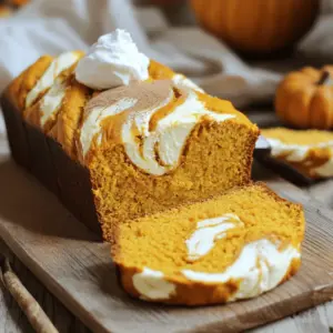 - 1 cup all-purpose flour - 1 cup whole wheat flour - 1 teaspoon baking powder - 1 teaspoon baking soda - 1/2 teaspoon salt - 1 teaspoon ground cinnamon - 1/2 teaspoon ground nutmeg - 1/4 teaspoon ground ginger - 1/2 cup granulated sugar - 1/2 cup brown sugar, packed - 1/2 cup vegetable oil - 3/4 cup canned pumpkin puree - 2 large eggs - 1 teaspoon vanilla extract - 4 oz cream cheese, softened - 1/4 cup powdered sugar - 1 tablespoon lemon juice The main star of this recipe is canned pumpkin puree. It gives the bread its rich flavor and moist texture. You can also use fresh pumpkin, but canned is easier. Flours play a big role too. I use both all-purpose and whole wheat flour. The mix gives a nice texture and adds some health benefits. Spices like cinnamon, nutmeg, and ginger bring warmth and depth to the bread. They make each bite taste like fall. Cream cheese adds a lovely tang and richness. The cream cheese swirl makes the bread even more special. If you don’t have all-purpose flour, use just whole wheat flour. The bread will be denser but still tasty. For sugar, you can swap granulated sugar with coconut sugar. It gives a different flavor but works well. If you prefer oil, melted butter is a great alternative. It adds a rich taste to the bread. You can replace the eggs with flax eggs for a vegan option. Use 1 tablespoon of ground flaxseed mixed with 2.5 tablespoons of water for each egg. If you’re out of lemon juice, vinegar can do the trick. It helps balance the sweetness of the cream cheese. First, turn on your oven. Set it to 350°F (175°C). While it heats, grab a 9x5-inch loaf pan. Grease it or line it with parchment paper. This step helps the bread come out easily later. In a medium bowl, mix the all-purpose flour and whole wheat flour. Add baking powder, baking soda, salt, cinnamon, nutmeg, and ginger. Whisk these dry ingredients until they blend well. Set this bowl aside for now. Take a large bowl and add granulated sugar and brown sugar. Pour in vegetable oil. Whisk this mixture until it looks smooth. Next, add pumpkin puree, eggs, and vanilla extract. Beat these together until they form a nice, smooth mix. Now, take your dry mix and slowly add it to the wet mix. Use a spatula to fold them together gently. Stir just until combined. Be careful not to mix too much, as this helps keep the bread soft and fluffy. In a small bowl, mix softened cream cheese, powdered sugar, and lemon juice. Stir until the cream cheese is smooth. This mixture will create a rich swirl in your bread. Pour half of the pumpkin batter into the loaf pan. Spread it evenly. Then, scoop spoonfuls of the cream cheese mix on top. Use a knife to swirl it into the batter. Pour the rest of the pumpkin batter over the cream cheese layer. Create another swirl on top. Place the loaf pan in the oven and bake for 60-65 minutes. Check if it’s done by inserting a toothpick in the center. If it comes out clean, your bread is ready. Let it cool in the pan for about 10 minutes. After that, move it to a wire rack. Allow it to cool completely before slicing. Enjoy your warm, soft pumpkin cream cheese bread! To keep your pumpkin cream cheese bread soft, mix gently. After adding dry ingredients, use a spatula to fold. Stop mixing as soon as you see no dry flour. Overmixing makes bread dense. For the best swirl, use softened cream cheese. Blend it with powdered sugar and lemon juice until smooth. When layering, spread cream cheese in dollops. Use a knife to swirl gently but don't overdo it. This creates a lovely marbled look. A moist pumpkin bread needs perfect baking. Preheat your oven to 350°F. Bake for 60-65 minutes. Test doneness with a toothpick; it should come out clean. Let the bread cool in the pan for about 10 minutes to keep it moist. Serve pumpkin cream cheese bread warm or at room temperature. For a fun touch, add a sprinkle of cinnamon on top. Pair it with coffee or tea for a cozy feel. A dollop of whipped cream cheese makes it even better! {{image_4}} You can easily change the flavor of your pumpkin cream cheese bread. Adding nuts gives it a nice crunch. Try 1/2 cup of chopped walnuts or pecans. Mix them into the batter before pouring it into the pan. If you love chocolate, add 1/2 cup of chocolate chips. They will melt and add a sweet surprise in each bite. Both options make the bread even more delightful and rich. If you need a gluten-free version, it's simple. Use 2 cups of gluten-free flour instead of all-purpose and whole wheat flour. Make sure your baking powder is gluten-free, too. This way, everyone can enjoy this tasty treat without worry. The bread will still taste great and remain soft. You can enhance the flavor with more spices. Try adding 1/4 teaspoon of ground cloves for a warm taste. You can also add 1/2 teaspoon of pumpkin pie spice for extra flavor. If you want a hint of sweetness, add 1 teaspoon of almond extract. These small changes can make a big difference. They will take your pumpkin cream cheese bread to the next level. To keep your pumpkin cream cheese bread fresh, wrap it tightly in plastic wrap or aluminum foil. Place it in an airtight container if you have one. Store it at room temperature for up to three days. If you want to keep it longer, refrigeration is a good option, but it may change the texture a bit. You can freeze this bread for later enjoyment. First, let it cool completely. Then, wrap it tightly in plastic wrap. After that, place it in a freezer bag or container. This bread can freeze well for up to three months. When you’re ready to eat it, simply thaw it in the fridge overnight. To reheat your pumpkin cream cheese bread, slice it first. Place the slices in the microwave for about 15-20 seconds. If you prefer, you can toast it in a toaster oven for a few minutes. This will warm it up and enhance its flavors. Enjoy it warm for the best taste! Yes, you can use fresh pumpkin. First, cook the pumpkin until soft. Then, puree it until smooth. Measure out 3/4 cup of the puree for your recipe. This gives a fresh taste. Just note, it may have more moisture than canned pumpkin. To check if the bread is done, insert a toothpick in the center. If it comes out clean, your bread is ready. If it has batter on it, bake for a few more minutes. The bread should also spring back when lightly touched. This bread pairs well with many items. You can serve it with coffee or tea for a warm drink. A dollop of whipped cream cheese on the side adds a nice touch. You can also enjoy it with honey or maple syrup. The bread stays fresh for about 3 to 4 days at room temperature. Store it in an airtight container to keep it moist. If you want to keep it longer, you can freeze it. Wrapped well, it can last for up to 3 months in the freezer. Yes, you can make this bread in mini loaf pans. Divide the batter evenly among the pans. Bake for about 25-30 minutes. Check for doneness with a toothpick. Mini loaves are perfect for sharing or gifting! This blog post covered how to make delicious Pumpkin Cream Cheese Bread. We explored key ingredients, mixing steps, and baking tips. You can try different flavors or gluten-free options. Store it properly for long-lasting freshness. Final thoughts: This recipe is fun and easy. Enjoy each slice with family and friends!