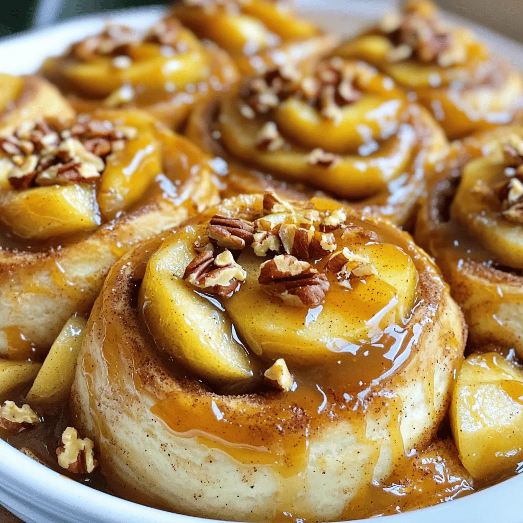 For this easy and delicious treat, you'll need: - 2 cans (12.4 oz each) of refrigerated cinnamon rolls - 2 large apples, peeled, cored, and diced - 1/2 cup packed brown sugar - 1/4 cup granulated sugar - 2 teaspoons ground cinnamon - 1/2 teaspoon ground nutmeg - 1/4 cup pecans or walnuts, chopped (optional) - 1 cup caramel sauce - 1 tablespoon unsalted butter, melted - 1/2 teaspoon pure vanilla extract - 1/4 teaspoon salt Use apples that are crisp and slightly tart. I recommend: - Granny Smith: They add a nice sour kick. - Honeycrisp: They’re sweet and crunchy, perfect for baking. These apples hold their shape well as they cook. They balance the sweetness of the caramel and cinnamon. You can add more texture and flavor with these options: - Chopped pecans or walnuts: They add crunch. - Diced dried fruit: Think raisins or cranberries for extra sweetness. - Chocolate chips: Drizzle some on top for a sweet twist. Feel free to mix and match to suit your taste! Preheat your oven to 350°F (175°C). This step is key for even baking. Take a 9x13-inch baking dish and lightly grease it. You can use cooking spray or melted butter. This helps the bake come out easily. In a large bowl, mix diced apples, brown sugar, granulated sugar, ground cinnamon, and ground nutmeg. If you like nuts, add chopped pecans or walnuts for crunch. Toss everything until the apples are coated in the sweet mix. This makes the apples soft and tasty. Open both cans of cinnamon rolls. With a sharp knife or kitchen scissors, cut each roll into quarters. Place these pieces evenly in the greased baking dish. Spreading them out helps them bake nice and even. Once the cinnamon rolls are in place, pour the apple mixture over them. Use a spatula or the back of a spoon to spread the mixture evenly. This way, every roll gets some apple goodness on top. Put the baking dish in the oven and bake for 25-30 minutes. Watch for the rolls to turn golden brown. The apples should be soft. After baking, let it cool for a few minutes. This lets the flavors blend nicely. Whisk together melted butter, vanilla extract, and salt in a small bowl. Drizzle this mix over the bake. Then, pour half of the caramel sauce on top. After cooling, drizzle the reserved caramel sauce for extra sweetness. Serve warm, and if you want, add a scoop of vanilla ice cream for a special treat. To make sure your rolls are just right, follow these tips: - Preheat your oven to 350°F (175°C) before you start. - Grease your baking dish well. Use cooking spray or melted butter. - Bake for 25-30 minutes. Look for a golden brown color. - If you want extra crispness, you can bake a few minutes longer. Add depth to your bake with these flavor tips: - Use tart apples like Granny Smith or Honeycrisp. They balance sweet flavors well. - For more spice, add a pinch of ground cloves or allspice. - Mix in chopped nuts for crunch. Pecans or walnuts work great. - Drizzle extra caramel sauce on top before serving for added richness. Make your dish eye-catching with these ideas: - Sprinkle whole nuts on top for a rustic look. - Lightly dust with powdered sugar for a sweet touch. - Add a scoop of vanilla ice cream in the center before serving. - Use a large spoon to serve, making sure each piece has apple and roll. {{image_4}} You can switch apples for other fruits. Try pears or peaches for a twist. Berries add a nice pop of flavor too. Mix and match to find your favorite. Each fruit brings its own taste and texture. While cinnamon and nutmeg shine here, you can try other spices. Add ginger for warmth or cardamom for a hint of floral notes. A touch of cloves can also work wonders. Adjust the spices to match your taste buds. To make this dish gluten-free, use gluten-free cinnamon rolls. Many stores sell them now, so they’re easy to find. For a dairy-free option, swap the butter for a plant-based version. Use dairy-free caramel sauce to keep it creamy and delicious. Enjoy this treat without worry! To store leftovers, let the bake cool completely. Cover it tightly with plastic wrap or foil. You can also use an airtight container. Store it in the fridge for up to three days. This keeps it fresh and tasty. When you want to enjoy it again, preheat your oven to 350°F (175°C). Place the bake in a baking dish. Cover it with foil to keep the moisture in. Heat for about 15-20 minutes. Check if it’s warm throughout before serving. You can also microwave individual pieces for 30-60 seconds. If you want to freeze it, first cool it completely. Cut it into portions for easy serving later. Wrap each piece in plastic wrap, then in foil. This prevents freezer burn. You can freeze it for up to two months. To enjoy, thaw it overnight in the fridge. Reheat as mentioned above. Yes, you can prep this dish ahead. Prepare the apple mixture and cinnamon rolls. Layer them in the baking dish. Cover and store it in the fridge for up to 24 hours. When ready, bake it as directed. If you don’t have caramel sauce, try butterscotch or chocolate sauce. You can also make a simple caramel using sugar and butter. Just melt them together until smooth for a quick fix. To avoid soggy rolls, make sure to bake them until golden brown. Use less liquid in the apple mixture. You can also cut the apples larger to keep some crunch. Absolutely! Using homemade cinnamon rolls adds a personal touch. Just cut them into quarters as you would with store-bought. Follow the same steps for baking and assembly. You can serve this bake with whipped cream or a drizzle of heavy cream. Try pairing it with yogurt for a lighter option. Adding nuts on top also gives it a nice crunch. This recipe lets you enjoy warm, tasty cinnamon rolls in a new way. You learned about the best apple types and add-ins for flavor. I shared tips on baking, storing, and presenting your dish. You can even switch things up with fruits or spices. Now that you're ready, go bake your own tasty treat! Enjoy each bite and share it with others.