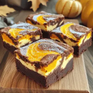 - 1 cup unsalted butter, melted - 2 cups granulated sugar - 4 large eggs - 1 teaspoon pure vanilla extract - 1 cup all-purpose flour - 1/2 cup unsweetened cocoa powder - 1/2 teaspoon baking powder - 1/4 teaspoon fine sea salt - 1 cup pumpkin puree - 8 oz cream cheese, softened to room temperature - 1/2 cup powdered sugar - 1 teaspoon ground cinnamon - 1/4 teaspoon ground nutmeg Gathering the right ingredients is key. Start with unsalted butter. It adds richness. Melting it helps blend flavors better and makes mixing easier. You need two cups of granulated sugar. This adds sweetness and helps the brownies rise. Next, use four large eggs. They make the brownies fluffy and moist. One teaspoon of pure vanilla extract gives a lovely aroma and taste. For the dry mix, you need one cup of all-purpose flour. This forms the base. Half a cup of unsweetened cocoa powder gives that chocolate flavor. Add half a teaspoon of baking powder. This helps the brownies rise. One-fourth teaspoon of fine sea salt enhances all the flavors. For the pumpkin cream cheese swirl, you need one cup of pumpkin puree. It adds moisture and a nice fall flavor. You will also need eight ounces of softened cream cheese. This makes the swirl creamy and rich. Add half a cup of powdered sugar to sweeten the cream cheese mixture. Lastly, one teaspoon of ground cinnamon and one-fourth teaspoon of ground nutmeg give warmth and spice, making these brownies truly special. These ingredients work together to create a rich, moist brownie with a delightful pumpkin swirl. - Preheat the oven to 350°F (175°C). - Grease a 9x13-inch baking dish. Start by preheating your oven. This helps the brownies cook evenly. Greasing the baking dish prevents sticking. You can use cooking spray or butter. Lining it with parchment paper is also a great option. Leave some paper hanging over the edges to lift the brownies out easily. - Combine melted butter and sugar. - Incorporate eggs and vanilla extract. In a large mixing bowl, combine the melted butter and granulated sugar. Whisk these together until smooth. Add in the eggs one by one. Make sure each egg blends in well before adding the next. Finally, stir in the vanilla extract. This adds a nice flavor to the brownies. - Sift together flour, cocoa powder, baking powder, and salt. - Gradually mix dry ingredients into wet ingredients. In another bowl, sift the flour, cocoa powder, baking powder, and salt. Sifting helps remove lumps and mixes the dry ingredients well. Gradually add this mix to your wet ingredients. Stir gently until combined. Be careful not to overmix, or your brownies may turn out tough. - Mix pumpkin puree, cream cheese, powdered sugar, cinnamon, and nutmeg. - Ensure mixture is smooth and creamy. In a separate bowl, mix the pumpkin puree and softened cream cheese. Add the powdered sugar, cinnamon, and nutmeg. Blend everything until it’s smooth and creamy. This mixture will create a sweet and spiced swirl in your brownies. - Layer brownie batter and pumpkin mixture. - Swirl together for a marbled effect. Pour half of the brownie batter into the greased dish. Smooth it out with a spatula. Next, dollop spoonfuls of the pumpkin mixture over the brownie batter. Then, carefully add the remaining brownie batter on top. Using a knife or toothpick, swirl the batters together gently. This creates a lovely marbled effect. - Bake for 30-35 minutes. - Check doneness with a toothpick. Place the dish in the oven and bake for 30-35 minutes. To check if they’re done, insert a toothpick into the center. If it comes out mostly clean, the brownies are ready. Let them cool in the pan for at least 15 minutes before slicing. To get that perfect brownie, do not overmix your batter. Overmixing makes brownies tough. Stir just until you combine the wet and dry ingredients. This keeps your brownies fudgy and moist. After baking, let the brownies cool for at least 15 minutes before slicing. This helps them set and makes cutting easier. Use a large mixing bowl for the wet ingredients. A separate bowl works best for the dry ones. For baking, a 9x13-inch dish is perfect. A spatula helps spread the batter evenly. When swirling the pumpkin and brownie batters, a knife or toothpick works well for a pretty design. Want to make your brownies even richer? Add chocolate chips to the batter. They melt and create delightful pockets of chocolate. You can also mix in nuts for a crunchy texture. Choose walnuts or pecans for the best flavor. These little tweaks can take your brownies from good to amazing! {{image_4}} You can switch things up with these fun ideas. Try using butterscotch instead of chocolate. This change gives your brownies a sweet twist. You can also play with spices. Adding ginger or cloves can bring warmth and depth to the flavor. Think about mixing in some chopped nuts for crunch. Each variation adds a new layer of delight. If you need a gluten-free option, almond flour or oat flour works well. Both flours give a nice texture without gluten. For a vegan version, replace eggs with flaxseed meal and use vegan butter. These swaps keep the taste rich and satisfying. You can enjoy your favorite treat while sticking to your diet. To keep your Pumpkin Cream Cheese Swirl Brownies fresh, store them in an airtight container at room temperature. This keeps them soft and tasty. For longer freshness, pop the container in the fridge. The cool air helps slow down spoilage. Just make sure to let them come to room temperature before enjoying them again. Freezing is a great way to save brownies for later. Cut them into squares and wrap each piece tightly in plastic wrap. Place the wrapped brownies in a freezer bag. This keeps them fresh for up to three months. When you’re ready to enjoy a brownie, take it out of the freezer. Let it thaw in the fridge overnight. If you're in a hurry, you can warm it in the microwave for about 10-15 seconds. This makes the brownie soft and gooey again. Enjoying these treats later is super easy! You should not use pumpkin pie filling for this recipe. Pumpkin pie filling has added sugar and spices. This can change the flavor and texture of our brownies. Stick to plain pumpkin puree for the best results. It gives a rich taste and smooth texture. You can find pumpkin puree in cans at the store. To check if the brownies are done, use a toothpick. Insert it into the center of the brownies. If it comes out mostly clean with a few moist crumbs, they're ready! If it has wet batter, bake them a few more minutes. Keep an eye on them to avoid overbaking. The edges should look set, while the center can be slightly soft. To cut brownies neatly, use a sharp knife. First, let them cool for at least 15 minutes. For best results, run the knife under hot water. Wipe it dry before slicing. This helps prevent sticking. Cut gently in straight lines. You can also use parchment paper overhangs to lift the brownies out. This way, you can cut them on a flat surface. These brownies blend rich chocolate with warm pumpkin spice. You have learned how to make them from scratch, step by step. We've covered tips to ensure perfect results and explored fun variations. Remember, you can adjust the recipe to suit your tastes and dietary needs. Enjoy them fresh or store them for later. Whether you share or savor them alone, these brownies will delight. Happy baking, and may your kitchen fill with delicious scents!