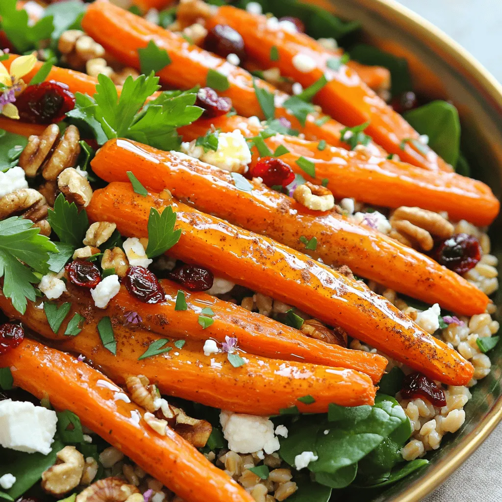 - 1 cup farro - 4 large carrots, peeled and cut into sticks - 3 tablespoons olive oil, divided - 2 tablespoons pure maple syrup - 1 teaspoon ground cinnamon - Sea salt and freshly cracked black pepper to taste - 1 cup baby spinach - 1/2 cup feta cheese, crumbled - 1/4 cup walnuts, roughly chopped - 1/4 cup dried cranberries - 2 tablespoons apple cider vinegar - Fresh parsley, chopped for garnish Farro is the star of this salad. You need one cup. It adds a nutty flavor and chewy texture. For the carrots, use four large ones. Peel them and cut them into sticks. This shape helps them roast evenly. You will also need three tablespoons of olive oil. This adds richness to the dish. Mix in two tablespoons of pure maple syrup. It brings a sweet touch that pairs well with the carrots. For spice, add one teaspoon of ground cinnamon. It gives warmth to each bite. Use sea salt and black pepper to taste. These will enhance the salad's flavors. Next, grab one cup of baby spinach for freshness. You'll also want half a cup of crumbled feta cheese. It adds creaminess and a salty kick. Use a quarter cup of roughly chopped walnuts for crunch. They provide a nice texture contrast. Finally, include a quarter cup of dried cranberries. They add sweetness and color. Drizzle two tablespoons of apple cider vinegar over the salad. This brightens the flavors. Don’t forget fresh parsley for a pop of green on top! 1. Preheat your oven to 400°F (200°C). This helps the carrots get a nice caramel color. 2. Boil water in a medium saucepan, using 4 cups. Add 1 cup of farro with a pinch of sea salt. Cover and let it simmer on low for 30 minutes. The farro should be tender but still chewy. Drain it and let it cool a bit. 3. Prepare the carrots by peeling and cutting them into sticks. On a large baking sheet, mix the carrot sticks with 2 tablespoons of olive oil, 2 tablespoons of maple syrup, 1 teaspoon of ground cinnamon, sea salt, and pepper. Make sure all pieces are coated well. 4. Roast the carrots for 25-30 minutes, stirring halfway. They should become tender and caramelized. 5. Combine ingredients in a big bowl. Add the cooked farro, roasted carrots, 1 cup of baby spinach, 1/2 cup of crumbled feta cheese, 1/4 cup of chopped walnuts, and 1/4 cup of dried cranberries. Gently mix to avoid bruising the spinach. 1. Whisk the dressing in a small bowl. Use 1 tablespoon of olive oil and 2 tablespoons of apple cider vinegar. Make sure to mix until it is well combined. 2. Adjust seasoning if needed. Taste the salad before serving. Add more salt or pepper to enhance the flavors. To get the best caramelization from your carrots, cut them into sticks. This helps them cook evenly. Toss them with olive oil, maple syrup, and ground cinnamon. Make sure every piece is coated well. Roast at 400°F (200°C) for 25-30 minutes. Stir halfway through to ensure even cooking. The carrots should be tender and lightly browned. For farro, start by boiling 4 cups of water with a pinch of sea salt. Add 1 cup of farro and reduce the heat. Cover and let it cook for about 30 minutes. You want it chewy but tender. Drain well and let it cool before adding it to your salad. To make your salad look great, use a large, shallow bowl. Place the roasted carrots on top in a nice pattern. This creates a beautiful display. For extra flair, add edible flowers or soft greens around the edges. Fresh parsley on top adds color and freshness. These small touches make your dish stand out at any table. {{image_4}} If you want to change things up, you can swap feta cheese. Try goat cheese or even a vegan cheese. Both options bring their own tasty twist. For nuts, consider almonds or pecans instead of walnuts. They add great crunch and flavor. Dried apricots or cherries can replace cranberries. This adds a fruity touch to your salad. Use seasonal veggies to keep your salad fresh. In spring, add fresh peas or asparagus for a pop of green. Summer is perfect for cherry tomatoes or zucchini. In fall, roasted sweet potatoes or beets can add color and sweetness. For winter, add kale or Brussels sprouts to give it a hearty feel. You can also adapt this salad for special events. Serve it at potlucks or holiday dinners. Add a splash of citrus for summer gatherings. Use spices like nutmeg for cozy winter meals. This salad is flexible and delicious for any occasion! To store your Maple Roasted Carrot & Farro Salad, place it in an airtight container. This helps keep it fresh longer. You can enjoy the salad for up to four days in the fridge. Just make sure to check for any signs of spoilage before serving. If the salad looks or smells off, it’s best to toss it. Can this dish be frozen? Yes, you can freeze this salad, but it’s not ideal. The farro and carrots may lose some texture after thawing. If you want to freeze it, do so without the spinach, feta, and walnuts. Add those fresh before serving. For freezing, place the salad in a freezer-safe container. Make sure to remove as much air as possible to prevent freezer burn. When ready to eat, thaw it overnight in the fridge. Reheat gently in a pan or microwave. Add fresh spinach and feta after reheating for best results. Can I make this salad vegan? Yes, you can make this salad vegan. Simply leave out the feta cheese. You can add extra nuts or seeds for creaminess. Use more veggies for a hearty bite. How to cook farro in a rice cooker? To cook farro in a rice cooker, rinse 1 cup of farro first. Add it to the cooker with 2 cups of water and a pinch of salt. Turn it on and let it cook until tender, about 30 minutes. Can I use other grains instead of farro? Yes, you can use other grains. Quinoa, barley, or brown rice work well. Just adjust cooking times based on the grain you choose. Is this salad gluten-free? No, this salad is not gluten-free because farro contains gluten. If you need a gluten-free option, use quinoa or rice. How to enhance the flavors without added sugar? To enhance flavors without sugar, try using more spices like cumin or garlic. Fresh herbs like basil or mint can add brightness too. Lemon juice can give a nice zing without any sweetness. This post shared an easy recipe for a tasty farro salad. We covered the ingredients, preparation steps, and essential tips. You learned how to roast carrots and create a flavorful dressing. We also explored storage methods and variations for different seasons and diets. Try this recipe to impress your family and friends. With simple tweaks, you can customize it to your liking. Enjoy making this salad an exciting part of your meals!