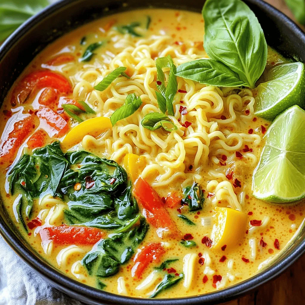 - 2 packs of fresh ramen noodles - 1 can (400ml) full-fat coconut milk - 2 cups vegetable broth - 2 tablespoons red curry paste - 1 tablespoon soy sauce - 1 tablespoon lime juice - 1 teaspoon brown sugar - 1 cup bell peppers, sliced - 1 cup baby spinach leaves - 1 cup mushrooms, sliced - 1 can (15 oz) chickpeas, rinsed - Fresh basil leaves for garnish - Lime wedges for serving - Optional: chili flakes or fresh chili For the best flavors, I recommend using Thai Kitchen for red curry paste and Native Forest for coconut milk. Both brands provide rich flavors that enhance your dish. For soy sauce, Kikkoman offers a great choice, or go for Tamari if you need a gluten-free option. You can customize your ramen in many ways. Try adding tofu for protein or zucchini for extra veggies. For a unique twist, consider adding a splash of fish sauce or a dash of sesame oil. If you're a spice lover, fresh chilies or sriracha can really amplify the heat in your bowl. Start by taking a large saucepan. Heat it over medium heat. Pour in one can of full-fat coconut milk and two cups of vegetable broth. Whisk them together gently until they mix well. Bring the mixture to a gentle simmer. This step is key. The warm broth will help release the flavors as you add more ingredients. Next, add two tablespoons of red curry paste. You can adjust this based on your spice preference. Then, stir in one tablespoon of soy sauce and one tablespoon of freshly squeezed lime juice. Don’t forget to add one teaspoon of brown sugar. This will balance the heat from the curry paste. Keep stirring until everything is smooth and fragrant. Once your broth is ready, add one cup of thinly sliced bell peppers. A mix of red and yellow adds color and taste. Then, toss in one cup of sliced mushrooms. Shiitake or button mushrooms work best. Let the mixture simmer for about five minutes. This will soften the veggies and meld the flavors beautifully. After five minutes, add one can of drained and rinsed chickpeas. Stir well to combine. Let it cook for three more minutes. This will heat the chickpeas and let them soak up the broth's tasty flavors. Lastly, stir in one cup of rinsed baby spinach leaves. Allow them to wilt for about one to two minutes. This adds a fresh touch to your dish. While your broth is simmering, prepare the ramen noodles. Cook them according to the package instructions. This usually takes just a few minutes. Once cooked, drain the noodles and set them aside. Now, it’s time to serve! Place a generous amount of cooked ramen noodles in each bowl. Ladle the aromatic coconut curry broth over the noodles. Make sure to include the vibrant vegetables and chickpeas. Finish each bowl with fresh basil leaves for garnish. Serve hot, with lime wedges on the side. If you want extra heat, add chili flakes or sliced fresh chili. Enjoy your tasty Thai coconut curry ramen! To adjust spice levels, start with less red curry paste. You can use 1 tablespoon if you prefer mild flavors. Taste the broth after adding the paste. If you want more heat, add more paste or chili flakes. Remember, you can always add more, but it’s hard to take away. This recipe is almost vegan. Just use soy sauce or tamari for gluten-free. For a vegan option, ensure your red curry paste has no fish sauce. Most brands make vegan options. You can also swap chickpeas with tofu for extra protein. Tofu will soak up flavors well. To boost flavor, add fresh herbs like cilantro or basil. These bring brightness to the dish. A splash of lime juice before serving adds a fresh zing. You can also experiment with spices like ginger or garlic. They add depth and warmth to the overall taste. {{image_4}} You can add protein to your Thai coconut curry ramen for a heartier meal. Here are some options: - Chicken: Slice cooked chicken breast and add it to the broth. Use rotisserie chicken for quick prep. - Shrimp: Add peeled shrimp during the last few minutes of cooking. They cook quickly and add great flavor. - Tofu: Cube firm tofu and sauté it before adding. This gives a nice texture and absorbs the curry flavors well. - Egg: Soft-boiled eggs make a perfect topping. Just cook them separately and place on top when serving. Feel free to swap in different veggies based on what you have at home. Here are some tasty ideas: - Carrots: Thinly slice or julienne carrots for added crunch and sweetness. - Zucchini: Cut zucchini into small rounds or half-moons. They cook fast and add a nice texture. - Broccoli: Use small florets for a fresh crunch. Just add them a bit earlier so they cook through. - Snap Peas: Toss in snap peas for a burst of color and sweetness. They only need a minute or two to cook. How you serve your ramen can change the whole experience. Here are some ideas: - Bowls: Use deep bowls to hold the broth and noodles. This keeps everything warm and cozy. - Garnishes: Top with fresh basil and lime wedges. You can also add sliced green onions or sesame seeds for extra flavor. - Side Dishes: Serve with a light salad or spring rolls. This adds variety and rounds out the meal. - Drinks: Pair with Thai iced tea or a light beer. These drinks complement the curry’s rich flavors nicely. After you make your Thai coconut curry ramen, let it cool first. Once cool, place it in an airtight container. Store it in the fridge for up to three days. This will keep the flavors fresh. If you want the best taste, eat it within two days. You can freeze the leftovers too. But, avoid freezing the noodles. They become mushy when thawed. Instead, freeze the curry broth and veggies together. Use a freezer-safe container. It can last for up to three months. When you are ready to eat, thaw it in the fridge overnight. To reheat, pour the curry into a pot. Heat it on low until warm. If it's too thick, add a splash of vegetable broth or coconut milk. Cook until it's steaming hot. For the noodles, boil them fresh or microwave them for a quick fix. Combine them with the reheated broth and enjoy! Yes, you can use different types of noodles. If you want a gluten-free option, try rice noodles. Soba noodles also work well and add a nutty flavor. Just follow the package instructions for cooking times. You can even use pasta if you’re in a pinch. If you don’t have coconut milk, you can use almond milk or soy milk. These will change the taste slightly but still add creaminess. For a thicker texture, mix in some cashew cream. If you like it rich, try heavy cream or half-and-half. To make your ramen spicier, add more red curry paste. You can also toss in sliced fresh chili or chili flakes. Try adding a dash of sriracha or hot sauce. Adjust the spice level to your taste, but start small. You can always add more! This blog post explored each step in creating delicious ramen. We covered the ingredients, cooking instructions, and helpful tips. You learned how to customize flavors and adjust spice levels. I also shared storage tips and answered common questions. Embrace these ideas and make ramen that suits your taste. Enjoy cooking!