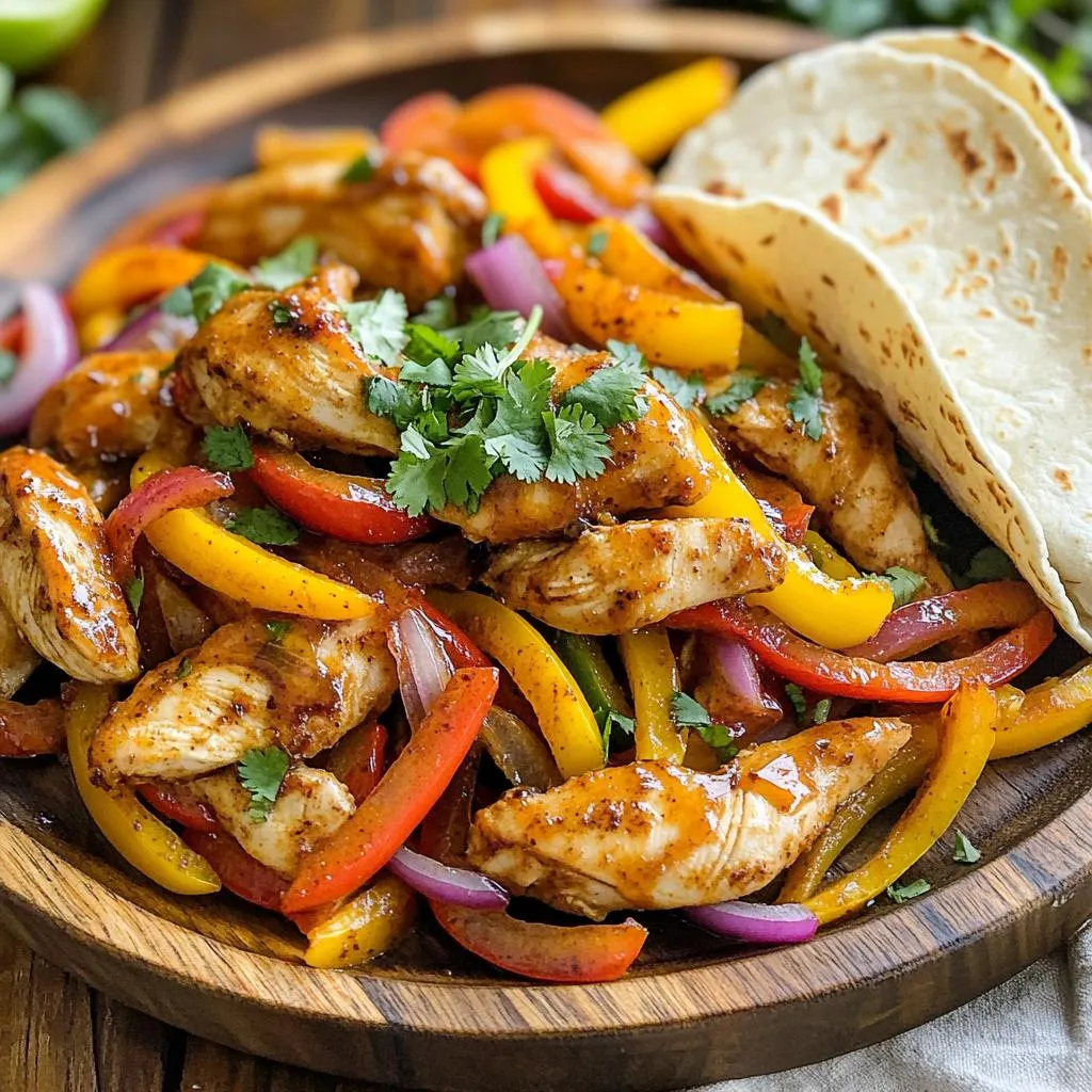 - 1.5 lbs boneless, skinless chicken thighs, cut into strips - 1 red bell pepper, sliced into strips - 1 yellow bell pepper, sliced into strips - 1 red onion, sliced into thin wedges - 3 tablespoons sweet chili sauce - 2 tablespoons freshly squeezed lime juice - 1 tablespoon olive oil - 1 teaspoon garlic powder - 1 teaspoon ground cumin - 1 teaspoon smoked paprika - Salt and black pepper to taste - Small flour tortillas - Fresh cilantro, chopped (for garnish) When I cook these fajitas, I love the blend of fresh flavors. The chicken thighs are juicy and tender, perfect for this dish. The bell peppers add sweetness, while the red onion gives a nice crunch. The marinade is key to making them flavorful. Sweet chili sauce mixes well with lime juice, creating a perfect balance. Olive oil keeps everything moist, and spices like garlic powder and cumin add depth. For serving, I wrap the warm fajitas in small flour tortillas. A sprinkle of fresh cilantro on top adds a burst of color and taste. These fajitas impress everyone at the table. Enjoy making this dish that is easy, fun, and delicious! First, preheat your oven to 400°F (200°C). This step is key for even cooking. While the oven heats up, grab 1.5 lbs of boneless, skinless chicken thighs. Cut them into strips. Next, slice one red bell pepper and one yellow bell pepper into strips. Also, slice one red onion into thin wedges. Put all these fresh ingredients into a large mixing bowl. In a smaller bowl, mix together 3 tablespoons of sweet chili sauce, 2 tablespoons of lime juice, 1 tablespoon of olive oil, 1 teaspoon of garlic powder, 1 teaspoon of ground cumin, and 1 teaspoon of smoked paprika. Add salt and black pepper to taste. Whisk this until fully combined. Pour this flavorful marinade over the chicken and vegetables. Toss everything gently until all pieces are coated. Now, spread the marinated chicken and veggies on the sheet pan. Make sure to lay them out in a single layer for even roasting. Place the pan in your preheated oven. Bake for 20-25 minutes. Stir halfway through to ensure even cooking. The fajitas are ready when the chicken is no longer pink and the veggies are tender. Once done, carefully remove the pan from the oven. Allow it to cool for a few minutes. To get even roasting, spread the chicken and veggies in a single layer on the sheet pan. This helps them cook evenly. Stir them halfway through baking to ensure all sides get nice and crispy. For juicy chicken, cook it until the center is no longer pink. This usually takes about 20-25 minutes at 400°F (200°C). Letting the chicken rest for a few minutes after baking also helps keep it moist. Serve your fajitas in warm flour tortillas. This makes them easy to hold and eat. You can also add lime wedges on the side. For extra flavor, try toppings like sour cream, guacamole, or sliced jalapeños. These add creaminess and heat, making each bite even better. For a beautiful display, arrange the fajitas on a large platter. Use bright, colorful ingredients to catch the eye. Garnish with freshly chopped cilantro to add a pop of green. This not only looks good but also boosts the flavor. Serve the fajitas wrapped in tortillas for a fun and tasty meal. {{image_4}} You can change the protein in this dish. Instead of chicken thighs, try shrimp or tofu. Both options add unique flavors and textures. For veggies, get creative! Use zucchini, mushrooms, or corn. Each vegetable brings its own taste and color to the plate. To boost the flavor, mix in spices like cayenne or chili powder. These spices add warmth and depth to your fajitas. Fresh herbs also enhance taste. Think about adding cilantro or oregano for fresh notes. If you love heat, toss in jalapeños or serrano peppers. They add a spicy kick that many enjoy. Switch up your tortillas! You can use corn tortillas for a gluten-free option. Or try whole wheat tortillas for a healthier choice. If you want a lighter meal, serve fajita bowls. Just pile the chicken and veggies over rice or lettuce. Top with salsa and avocado for a delicious bowl. To store your leftover fajitas, first let them cool. Place them in an airtight container. Store them in the fridge. They will stay fresh for up to three days. If you want them to last longer, you can freeze them. To freeze fajitas, wrap them tightly in plastic wrap. Place them in a freezer-safe bag. They can last for up to three months in the freezer. When it’s time to enjoy your leftovers, reheating is easy. The best way to reheat fajitas is in the oven. Preheat your oven to 350°F (175°C). Spread the fajitas on a baking sheet. Heat for about 10-15 minutes. You can also use a microwave. Just heat in short bursts to avoid overcooking. To keep the chicken juicy, add a splash of water before heating. This helps prevent dryness. Leftovers last in the fridge for about three days. After that, they may spoil. Signs of spoilage include a strange smell or change in color. If you see any mold, throw them away. Always check your food before eating to ensure it’s safe. Sheet pan sweet chili lime chicken fajitas take about 20 to 25 minutes to cook in the oven. Preheat your oven to 400°F (200°C) before you start. Once it’s hot, spread the chicken and veggies on a pan. Bake them for 20 to 25 minutes. Stir halfway through for even cooking. Check that the chicken is no longer pink in the center. The veggies should be tender and vibrant. Yes, you can make this recipe ahead of time. Prepare the chicken and vegetables in the marinade. Store them in the fridge for up to 24 hours. This helps the flavors blend well. When you're ready to cook, just spread everything on a sheet pan and bake. Meal prepping makes dinner quick and easy! Fajitas pair well with many side dishes. Consider serving them with: - Rice or quinoa for a filling option - Black beans or refried beans for protein - Fresh guacamole or sour cream for creaminess - A simple salad for crunch and freshness - Tortilla chips for a fun snack These sides add flavor and variety to your meal! In this blog post, we explored how to make delicious Sheet Pan Sweet Chili Lime Chicken Fajitas. You learned about key ingredients like chicken thighs, bell peppers, and a tasty marinade. We went through step-by-step instructions for prepping, baking, and serving. Remember, using fresh toppings and following storage tips can enhance your fajita experience. You can also experiment with ingredient swaps and different serving styles. Enjoy creating your tasty fajitas, and don’t hesitate to add your own twist!