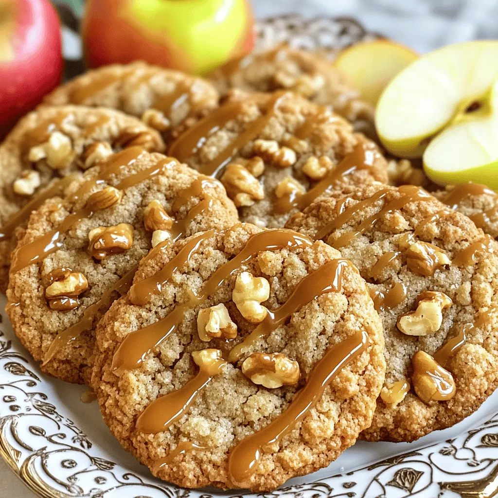 To make Crumbl Copycat Caramel Apple Cookies, gather these ingredients: - 1 cup unsalted butter, softened to room temperature - 1 cup packed brown sugar - 1/2 cup granulated sugar - 1 large egg - 1 teaspoon pure vanilla extract - 2 1/2 cups all-purpose flour - 1 teaspoon baking soda - 1/2 teaspoon baking powder - 1/2 teaspoon salt - 1 teaspoon ground cinnamon - 1 cup grated apple (about 1 medium apple, skin removed) - 1/2 cup caramel sauce (store-bought or homemade) - 1/2 cup chopped walnuts or pecans (optional) - 1/2 cup semi-sweet or milk chocolate chips (optional) If you lack some ingredients, here are smart swaps: - Replace unsalted butter with margarine or coconut oil. - Use light brown sugar instead of dark for a milder flavor. - For a vegan option, use a flax egg in place of the large egg. - Apples can vary; try Granny Smith for tartness or Fuji for sweetness. - Substituting caramel sauce with honey can offer a different taste. Using fresh ingredients makes a big difference. Fresh apples add a crisp flavor that dried or old fruit cannot match. Quality butter enhances the cookies’ texture and taste. Fresh spices, like cinnamon, bring out the best in each bite. This focus on freshness ensures your cookies are not only tasty but also enjoyable to share. Always check your ingredients before you start baking. First, set your oven to 350°F (175°C). This is a good temperature for baking. Next, take a baking sheet and line it with parchment paper. This helps the cookies not stick. In a large bowl, add 1 cup of softened butter, 1 cup of brown sugar, and 1/2 cup of granulated sugar. Grab an electric mixer and beat the mix on medium speed. You want it to be light and fluffy. This usually takes about 3 minutes. Now, crack 1 large egg into the bowl. Pour in 1 teaspoon of pure vanilla extract next. Keep mixing until everything is smooth. In another bowl, whisk together 2 1/2 cups of flour, 1 teaspoon of baking soda, 1/2 teaspoon of baking powder, 1/2 teaspoon of salt, and 1 teaspoon of ground cinnamon. Gradually add the dry mix to the wet ingredients. Mix on low speed until just combined. Don’t overmix! It can change the cookie's texture. Now, gently fold in 1 cup of grated apple and 1/2 cup of caramel sauce. If you like, add 1/2 cup of chopped walnuts or pecans and 1/2 cup of chocolate chips. Use a tablespoon to scoop out cookie dough and place them on your baking sheet. Keep them 2 inches apart. Bake in the oven for 10-12 minutes. The edges should be lightly golden, and the centers soft. After baking, let them cool on the sheet for 5 minutes. Then, move them to a wire rack to cool completely. Enjoy your cookies! When baking Crumbl Copycat Caramel Apple Cookies, avoid these pitfalls: - Overmixing the Dough: Mix just until combined. Too much mixing makes tough cookies. - Not Measuring Ingredients Properly: Use a scale or measuring cups. This ensures the right texture. - Using Cold Butter: Softened butter creams well with sugar. Cold butter won’t mix properly. - Baking on an Unlined Sheet: Always line your baking sheet. It prevents sticking and makes clean-up easy. To get that soft and chewy texture, follow these steps: - Use Room Temperature Ingredients: This includes butter and egg. They mix better for a smooth dough. - Bake Until Just Set: Look for lightly golden edges. The centers should appear soft and slightly underbaked. - Cool on a Wire Rack: This allows air to circulate. It helps maintain the cookie's ideal texture. For a flavor boost, consider these spices: - Nutmeg: Add a pinch for warmth. It pairs well with apple and caramel. - Allspice: This adds a hint of clove and cinnamon. It enriches the cookie's flavor. - Ginger: A small amount brings a nice zing. It complements the sweetness of caramel. Feel free to experiment with these tips. They can help you create cookies that impress! {{image_4}} You can change up your Crumbl copycat caramel apple cookies with fun toppings. Here are some ideas: - Drizzle melted chocolate on top for a sweet touch. - Sprinkle sea salt for a salty-sweet mix. - Add crushed graham crackers for a crunchy base. - Use dried fruit like cranberries or raisins for added chewiness. - Try different nuts like almonds or pecans for variety. Each change can give your cookies a new flavor. Get creative and find your favorite mix-ins! Want to make these cookies gluten-free? It's easy! Here’s how: - Swap the all-purpose flour for a gluten-free blend. - Make sure the baking powder is gluten-free as well. - Check all packaged ingredients to ensure they are gluten-free. This way, you can enjoy the same delicious cookies without gluten! If you want a vegan version, here’s what to do: - Replace the butter with coconut oil or vegan butter. - Use a flax egg instead of a large egg. To make this, mix 1 tablespoon of ground flaxseed with 3 tablespoons of water. Let it sit for 5 minutes to thicken. - Choose a vegan caramel sauce or make your own with coconut milk and sugar. These swaps keep the flavor and texture while making it vegan-friendly! After baking your Crumbl Copycat Caramel Apple Cookies, let them cool completely. Once cool, place them in an airtight container. This keeps them fresh and moist. You can store them at room temperature for up to five days. If you want to keep them longer, consider freezing. Freezing cookies is simple and effective. First, ensure the cookies are fully cooled. Then, wrap each cookie in plastic wrap. Place them in a freezer-safe bag or container. This method prevents freezer burn. You can freeze the cookies for up to three months. When ready to enjoy, thaw them at room temperature. Reheating cookies can bring back their fresh-baked taste. Preheat your oven to 350°F (175°C). Place cookies on a baking sheet. Heat for about 5-7 minutes. This warms them up and softens any firmness. For a quick option, you can use a microwave. Heat each cookie for about 10-15 seconds. Enjoy those warm, gooey bites! To soften butter, take it out of the fridge. Let it sit at room temp for about 30 minutes. You can also cut it into small pieces to speed up the process. If you're in a hurry, use a microwave. Heat it for just a few seconds. Watch closely to avoid melting. Yes, you can use different apples. Sweet apples like Fuji or Gala work well. Tart apples like Granny Smith add a nice balance. Just make sure to peel and grate them. This helps blend the flavor into the dough. To keep cookies soft, do not overbake them. Look for lightly golden edges and soft centers. Let them cool on the baking sheet for a few minutes before moving. You can also add a bit more brown sugar for moisture. If you need a substitute for caramel sauce, try using dulce de leche. It has a similar sweet and creamy taste. You can also make your own caramel with sugar, butter, and cream. This way, you control the flavor and texture. These cookies stay fresh for about a week at room temp. Store them in an airtight container to keep them soft. If you want them to last longer, freeze them. They can stay good for up to three months in the freezer. Yes, you can make the dough ahead of time. Chill it in the fridge for up to 24 hours. If you want to save it longer, freeze the dough. Just thaw it in the fridge before baking. This makes for easy cookie prep when you’re ready to bake. This blog post covered key points for baking cookies. We explored essential ingredients, tips for substitutions, and the importance of freshness. I shared step-by-step instructions, common mistakes, and how to achieve the perfect cookie texture. You learned about variations for different diets and smart storage methods. Baking cookies can be fun and rewarding. With the right approach, you can make delicious treats every time. Enjoy your baking journey and share your creations!