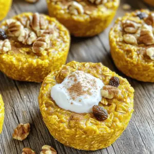 To make Pumpkin Spice Baked Oatmeal Cups, gather these simple ingredients: - 2 cups rolled oats - 1 cup pumpkin puree - 2 cups almond milk (or any milk of choice) - 1/4 cup maple syrup - 1/4 cup brown sugar - 1/4 cup melted coconut oil - 2 teaspoons vanilla extract - 2 teaspoons baking powder - 1 teaspoon cinnamon - 1/2 teaspoon nutmeg - 1/4 teaspoon ginger - 1/4 teaspoon salt - Optional: 1/2 cup chopped nuts (walnuts or pecans) - Optional: 1/2 cup raisins or chocolate chips These ingredients come together to create a warm and tasty breakfast. The oats give a hearty base. Pumpkin puree adds flavor and nutrition. Almond milk keeps it creamy. Sweeteners bring sweetness without being overpowering. The spices create that cozy pumpkin spice taste. Optional add-ins like nuts or chocolate chips let you customize your cups. You can mix and match according to your taste. This recipe is flexible and fun! - Preheat your oven to 350°F (175°C). - Prepare a muffin tin by greasing it or lining it with paper liners. - In a large bowl, combine the rolled oats, baking powder, cinnamon, nutmeg, ginger, and salt. Mix them well. - In a separate bowl, whisk together the pumpkin puree, almond milk, maple syrup, brown sugar, melted coconut oil, and vanilla extract until smooth. - Gradually pour the wet mixture into the dry ingredients. - Stir gently until everything is well combined. - If you want, fold in the chopped nuts and raisins or chocolate chips for extra flavor. - Using a spoon, fill each muffin cup about 3/4 full with the mixture. - Bake in the oven for about 25-30 minutes. - Check for doneness by inserting a toothpick in the center. It should come out clean. - Let the oatmeal cups cool in the pan for 5 minutes before moving them to a wire rack. To achieve the perfect texture, watch the baking time closely. Each oven is unique. Check the cups at 25 minutes. They should look golden and firm. If they jiggle too much, bake for a few more minutes. This will help you avoid dry or soggy spots. I love serving these cups warm. A dollop of Greek yogurt adds a nice creaminess. You can also try almond butter for a nutty twist. If you want a warm, inviting look, sprinkle extra cinnamon on top. For a vegan option, use almond milk or any plant-based milk. You can also substitute maple syrup with agave syrup. If you like it less sweet, cut back on the brown sugar. Adjusting sweetness works well with your taste. {{image_4}} You can change the taste of your pumpkin spice baked oatmeal cups. Adding cardamom gives it a warm, spicy twist. You can also mix in different nuts. Try almonds or hazelnuts for a crunchy bite. Each nut adds a unique flavor, making your cups even more enjoyable. If you want your oatmeal cups less sweet, reduce the brown sugar. You can also use sugar alternatives like honey or agave syrup. These options keep the flavor rich without the extra sugar. Adjusting sweetness helps tailor the recipe to your taste and health goals. Incorporating seasonal fruits or nuts can keep your oatmeal interesting. During fall, try adding diced apples or pears for a fresh touch. In winter, walnuts or dried cranberries add a festive feel. These modifications let you enjoy the flavors of each season in every bite. To keep your pumpkin spice baked oatmeal cups fresh, store them in the fridge. Place the cooled cups in an airtight container. This helps keep them moist and tasty. If you want to save some for later, freezing is a great option. Wrap each cup tightly in plastic wrap or foil. Then, place them in a freezer-safe bag or container. Reheating these oatmeal cups is easy. You can use the microwave for quick warming. Heat each cup for about 30 seconds to 1 minute. Alternatively, you can use the oven. Preheat it to 350°F (175°C). Place the cups on a baking sheet and warm them for about 10 minutes. This method helps maintain their texture. In the fridge, the oatmeal cups last about 5 days. Make sure they are well-sealed to prevent drying out. If you freeze them, they can last up to 3 months. Just remember to label your containers with the date. This way, you’ll know when to enjoy them! Yes, you can make these oatmeal cups ahead of time. Prepare the batter and fill the muffin tin. Cover it and store it in the fridge overnight. Bake the next morning for a quick breakfast. You can tell the oatmeal cups are done when they turn golden brown on top. Insert a toothpick in the center. If it comes out clean, they are ready to enjoy. Yes, you can swap pumpkin puree with applesauce or mashed banana. Both options add moisture and sweetness, but they will change the flavor slightly. If you don’t have maple syrup, honey or agave syrup works well. You can also use coconut sugar or any sweetener you prefer. Yes, these oatmeal cups can be gluten-free. Just use certified gluten-free rolled oats. This way, you can enjoy a safe and tasty breakfast. These oatmeal cups are easy to make and taste great. You learned about the ingredients, steps to bake, and tips to get it right. You can change flavors and even store them for later. Enjoy serving them warm or with your favorite toppings. Baking these cups is a fun way to enjoy healthy food at home. Try them out and share with friends and family. You’ll love how simple and tasty they are!