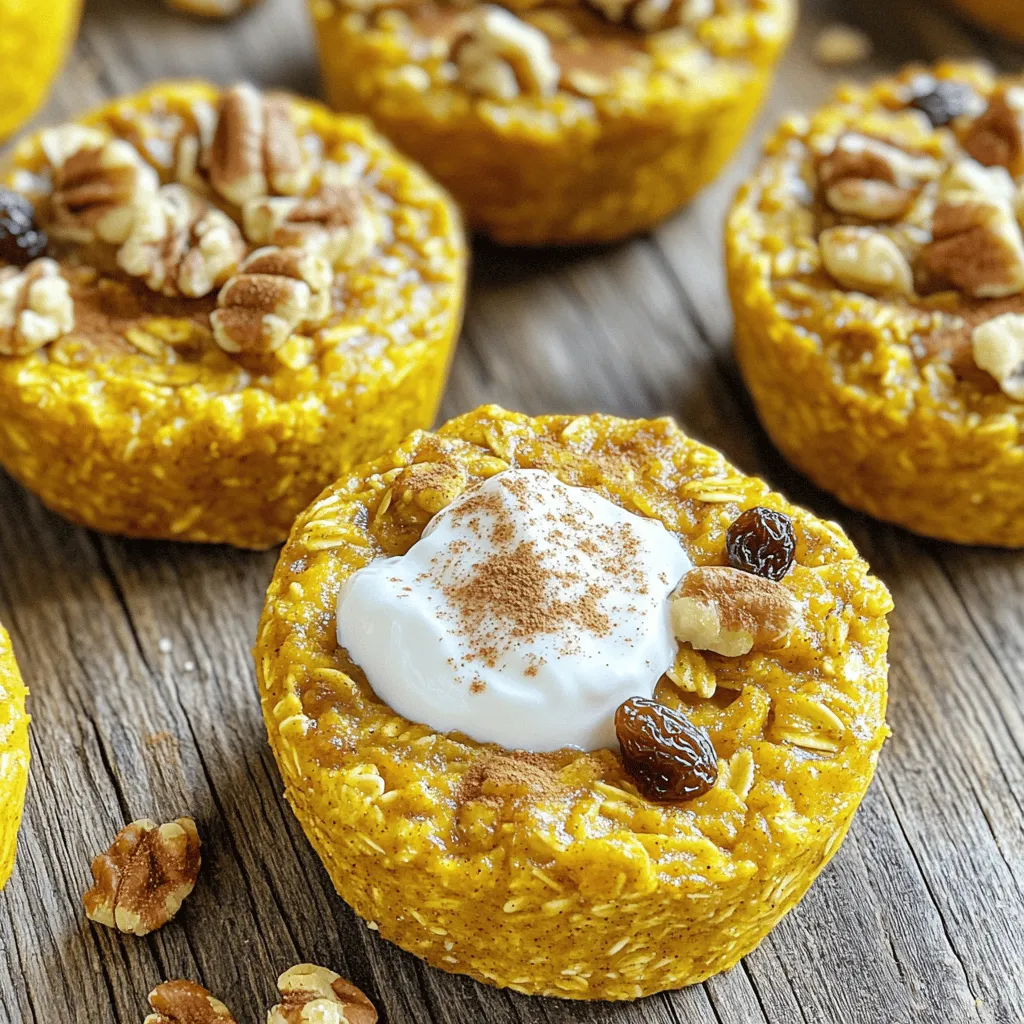 To make Pumpkin Spice Baked Oatmeal Cups, gather these simple ingredients: - 2 cups rolled oats - 1 cup pumpkin puree - 2 cups almond milk (or any milk of choice) - 1/4 cup maple syrup - 1/4 cup brown sugar - 1/4 cup melted coconut oil - 2 teaspoons vanilla extract - 2 teaspoons baking powder - 1 teaspoon cinnamon - 1/2 teaspoon nutmeg - 1/4 teaspoon ginger - 1/4 teaspoon salt - Optional: 1/2 cup chopped nuts (walnuts or pecans) - Optional: 1/2 cup raisins or chocolate chips These ingredients come together to create a warm and tasty breakfast. The oats give a hearty base. Pumpkin puree adds flavor and nutrition. Almond milk keeps it creamy. Sweeteners bring sweetness without being overpowering. The spices create that cozy pumpkin spice taste. Optional add-ins like nuts or chocolate chips let you customize your cups. You can mix and match according to your taste. This recipe is flexible and fun! - Preheat your oven to 350°F (175°C). - Prepare a muffin tin by greasing it or lining it with paper liners. - In a large bowl, combine the rolled oats, baking powder, cinnamon, nutmeg, ginger, and salt. Mix them well. - In a separate bowl, whisk together the pumpkin puree, almond milk, maple syrup, brown sugar, melted coconut oil, and vanilla extract until smooth. - Gradually pour the wet mixture into the dry ingredients. - Stir gently until everything is well combined. - If you want, fold in the chopped nuts and raisins or chocolate chips for extra flavor. - Using a spoon, fill each muffin cup about 3/4 full with the mixture. - Bake in the oven for about 25-30 minutes. - Check for doneness by inserting a toothpick in the center. It should come out clean. - Let the oatmeal cups cool in the pan for 5 minutes before moving them to a wire rack. To achieve the perfect texture, watch the baking time closely. Each oven is unique. Check the cups at 25 minutes. They should look golden and firm. If they jiggle too much, bake for a few more minutes. This will help you avoid dry or soggy spots. I love serving these cups warm. A dollop of Greek yogurt adds a nice creaminess. You can also try almond butter for a nutty twist. If you want a warm, inviting look, sprinkle extra cinnamon on top. For a vegan option, use almond milk or any plant-based milk. You can also substitute maple syrup with agave syrup. If you like it less sweet, cut back on the brown sugar. Adjusting sweetness works well with your taste. {{image_4}} You can change the taste of your pumpkin spice baked oatmeal cups. Adding cardamom gives it a warm, spicy twist. You can also mix in different nuts. Try almonds or hazelnuts for a crunchy bite. Each nut adds a unique flavor, making your cups even more enjoyable. If you want your oatmeal cups less sweet, reduce the brown sugar. You can also use sugar alternatives like honey or agave syrup. These options keep the flavor rich without the extra sugar. Adjusting sweetness helps tailor the recipe to your taste and health goals. Incorporating seasonal fruits or nuts can keep your oatmeal interesting. During fall, try adding diced apples or pears for a fresh touch. In winter, walnuts or dried cranberries add a festive feel. These modifications let you enjoy the flavors of each season in every bite. To keep your pumpkin spice baked oatmeal cups fresh, store them in the fridge. Place the cooled cups in an airtight container. This helps keep them moist and tasty. If you want to save some for later, freezing is a great option. Wrap each cup tightly in plastic wrap or foil. Then, place them in a freezer-safe bag or container. Reheating these oatmeal cups is easy. You can use the microwave for quick warming. Heat each cup for about 30 seconds to 1 minute. Alternatively, you can use the oven. Preheat it to 350°F (175°C). Place the cups on a baking sheet and warm them for about 10 minutes. This method helps maintain their texture. In the fridge, the oatmeal cups last about 5 days. Make sure they are well-sealed to prevent drying out. If you freeze them, they can last up to 3 months. Just remember to label your containers with the date. This way, you’ll know when to enjoy them! Yes, you can make these oatmeal cups ahead of time. Prepare the batter and fill the muffin tin. Cover it and store it in the fridge overnight. Bake the next morning for a quick breakfast. You can tell the oatmeal cups are done when they turn golden brown on top. Insert a toothpick in the center. If it comes out clean, they are ready to enjoy. Yes, you can swap pumpkin puree with applesauce or mashed banana. Both options add moisture and sweetness, but they will change the flavor slightly. If you don’t have maple syrup, honey or agave syrup works well. You can also use coconut sugar or any sweetener you prefer. Yes, these oatmeal cups can be gluten-free. Just use certified gluten-free rolled oats. This way, you can enjoy a safe and tasty breakfast. These oatmeal cups are easy to make and taste great. You learned about the ingredients, steps to bake, and tips to get it right. You can change flavors and even store them for later. Enjoy serving them warm or with your favorite toppings. Baking these cups is a fun way to enjoy healthy food at home. Try them out and share with friends and family. You’ll love how simple and tasty they are!