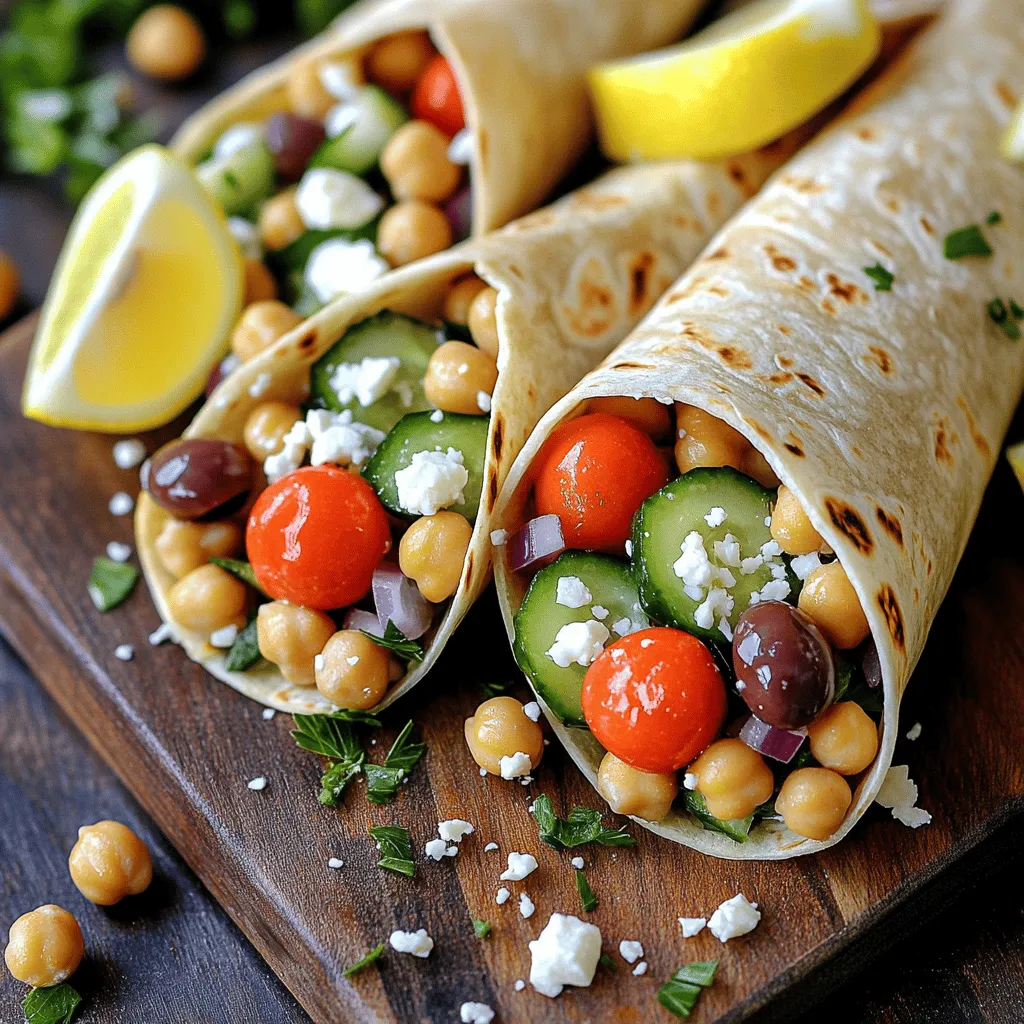 - 15 oz can of chickpeas - 1 cup cherry tomatoes - 1 cucumber - ½ red onion - ½ cup kalamata olives - ½ cup feta cheese - 2 tablespoons fresh parsley - 2 tablespoons olive oil - 1 tablespoon lemon juice - 1 teaspoon dried oregano - Salt and pepper to taste - 4 large whole wheat tortillas or wraps These ingredients create a fresh and tasty meal. Each item adds its unique flavor. Chickpeas give protein and heartiness. Cherry tomatoes bring a sweet burst. Cucumber adds a crunchy bite. The red onion offers a hint of sweetness. Kalamata olives give a salty, briny touch. Feta cheese adds creaminess, while parsley freshens the dish. For the dressing, olive oil creates richness. Lemon juice brings brightness to the salad. Dried oregano adds a lovely herb flavor. Salt and pepper balance all the tastes. Whole wheat tortillas wrap everything up. They make it easy to eat. You can switch them out for other wraps if you like. Enjoy the mix of flavors and textures in every bite! - Mixing base ingredients: Start by rinsing and draining the chickpeas. In a large bowl, combine the chickpeas, cherry tomatoes, diced cucumber, chopped red onion, sliced kalamata olives, crumbled feta, and parsley. Use a spoon to mix gently. This keeps the veggies whole and fresh. - Preparing the dressing: In a small bowl, whisk together olive oil, lemon juice, and dried oregano. Add salt and pepper to taste. This dressing adds brightness and flavor to the salad. - Spoon salad mixture onto tortillas: Take a whole wheat tortilla and lay it flat. Spoon a generous amount of the chickpea salad mixture into the center. Make sure it is colorful and full of flavor. - Folding and rolling technique: Fold the sides of the tortilla gently. Then, roll it from the bottom up. Make sure it is tight enough to hold the filling but not too tight to break the tortilla. - Presentation tips: Serve the wraps on a rustic wooden board. Sprinkle extra crumbled feta on top for a nice look. You can also add a small bowl of hummus for dipping. Fresh lemon wedges around the platter add a zesty touch. - Cutting and serving options: When ready to serve, cut each wrap in half diagonally. This makes them easy to hold and eat. Enjoy your fresh and tasty meal! To get a great mix, combine all the ingredients gently. This step keeps your chickpeas whole. You want a nice balance of flavors without squishing everything. For tortillas, I recommend using large whole wheat ones. They hold the filling well and add a nutty taste. You can also try spinach or herb wraps for added flavor. You can easily swap ingredients to fit your taste. If you don’t have feta, try goat cheese or a dairy-free option. For a kick, add diced jalapeños or chopped bell peppers. Fresh herbs, like mint or dill, can also brighten your dish. Don’t forget to taste as you go; this helps you adjust the salt and pepper. Store any leftovers in an airtight container in the fridge. They’ll stay fresh for about three days. If you want to reheat, unwrap the wrap and heat it in a pan for a few minutes. This way, the tortilla stays crispy. Enjoy your wraps cold or warm; both options taste great! {{image_4}} You can easily boost your wraps with protein. Adding grilled chicken or tofu gives a hearty touch. Just slice the chicken or cube the tofu, then grill until golden. This addition keeps the wraps filling and satisfying. You can also incorporate tuna or shrimp for a seafood twist. Drain canned tuna or cook fresh shrimp until pink. Mix any of these protein options right in with the chickpea salad. These simple swaps will enhance flavor and nutrition. If you need a gluten-free wrap, look for rice or corn tortillas. These options work great and still hold the filling well. You won’t feel like you’re missing out. For a dairy-free alternative to feta cheese, try using almond or cashew-based cheese. These options offer creaminess without dairy. You can also sprinkle nutritional yeast for a cheesy taste that fits a vegan diet. Feel free to get creative with your ingredients. Adding different veggies or beans can change the whole salad. Try bell peppers, carrots, or even black beans for a fun twist. Each new ingredient brings unique flavors and textures. Experimenting with different dressings can also elevate your wraps. Try tahini, balsamic vinaigrette, or even a spicy harissa. These dressings add layers of flavor that keep your meal exciting. To keep your Mediterranean Chickpea Salad Wraps fresh, wrap them tightly in plastic wrap or foil. Place them in an airtight container. This will help prevent them from drying out. Store the wraps in the fridge. They stay good for about three days. After that, the flavors may fade, and the texture may change. You can freeze these wraps for later. If you want to freeze them, do it before adding the dressing. Wrap each one in plastic wrap, then place them in a freezer bag. They can last for up to three months in the freezer. When you're ready to eat, take them out and let them thaw in the fridge overnight. For a quick heat, unwrap and microwave for about one minute. Check for signs of spoilage before eating. If you see mold or a strange smell, toss them out. The veggies may become mushy, and the cheese may smell sour. Always follow good food safety practices. If in doubt, it's better to throw it away than to risk getting sick. You can try non-dairy cheese options like almond or cashew cheese. These options have a nice texture. For a tangy flavor, use a mix of lemon juice and nutritional yeast. This gives a cheesy taste without dairy. Yes, you can make these wraps ahead of time. Just store the salad and wraps separately. This keeps the wraps fresh and not soggy. Wrap them in foil or plastic wrap. Store them in the fridge for up to two days. These wraps can last for about three days in the fridge. Make sure they are in an airtight container. Check for any signs of spoilage, like a bad smell or slimy texture. If they look good, they are safe to eat. This blog post covered how to make Mediterranean Chickpea Salad Wraps from fresh ingredients. You learned about the base ingredients, dressing, and assembly steps. We also shared tips for flavor and storage, and variations to customize your wraps. In summary, these wraps are simple to prepare, tasty, and versatile. Feel free to mix and match ingredients based on your taste. Enjoy making these wraps that are both healthy and fun to eat!