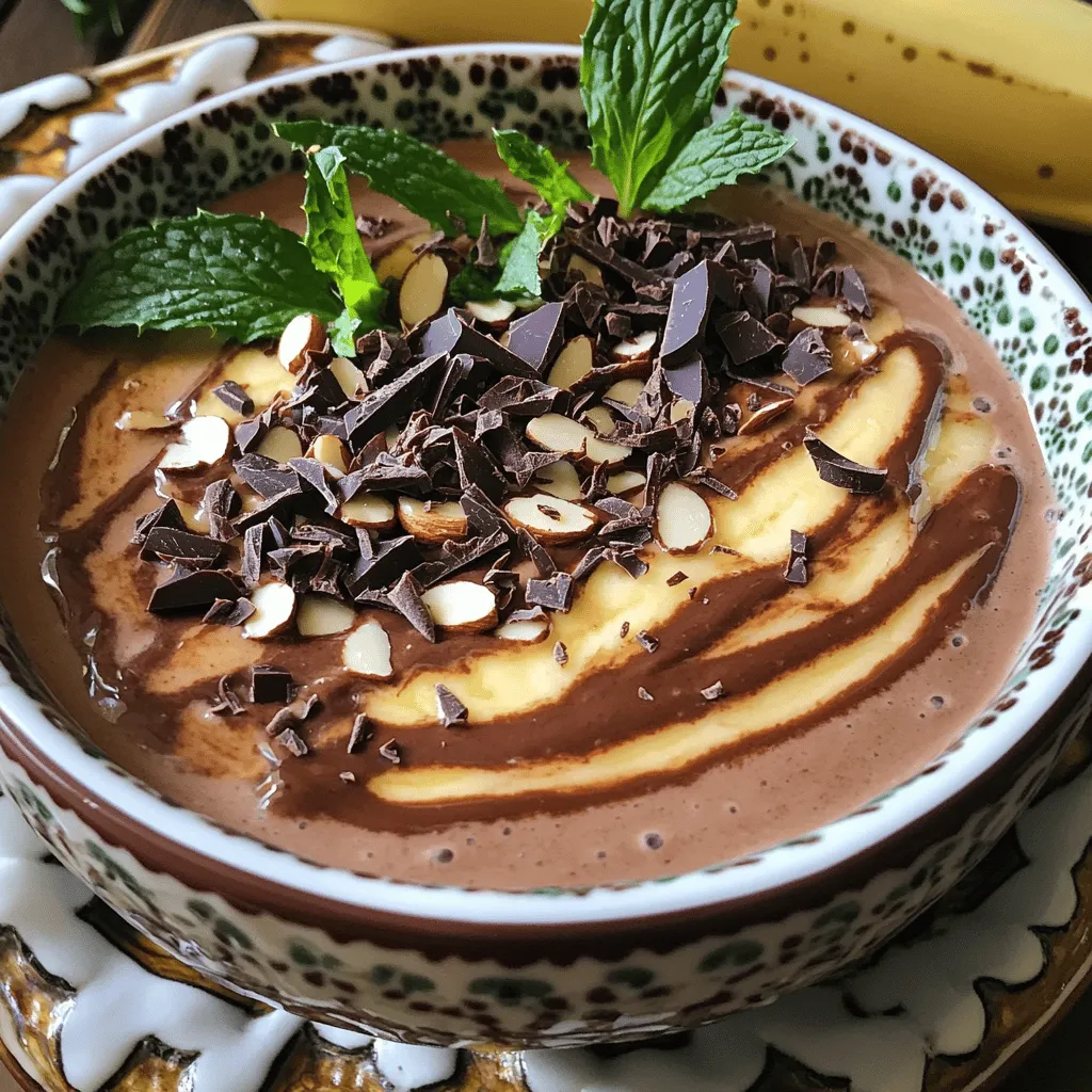 This smoothie bowl is rich in protein and flavor. You will need the following main ingredients: - 1 frozen banana - 1 cup unsweetened almond milk - 1 scoop chocolate protein powder - 1 tablespoon unsweetened cocoa powder - 1/4 teaspoon peppermint extract - 2 tablespoons Greek yogurt - 1 tablespoon chia seeds These ingredients come together to create a smooth, creamy base that packs a protein punch. The frozen banana adds natural sweetness and a nice texture. Almond milk keeps it light and dairy-free. The chocolate protein powder and cocoa powder give it a deep chocolate flavor. Greek yogurt adds creaminess and extra protein. Chia seeds provide fiber and healthy fats. If you want to make your smoothie bowl sweeter, you can add one of these optional ingredients: - 1 tablespoon honey - 1 tablespoon maple syrup Adding honey or maple syrup is a great way to enhance the flavor. You can adjust the sweetness to your taste. Just blend it in with the other ingredients. Toppings make this bowl even more fun and tasty. Here are some great options: - Fresh peppermint leaves - Dark chocolate shavings - Sliced almonds - Granola Garnishing with fresh peppermint leaves gives a nice pop of color. Dark chocolate shavings add richness and a touch of luxury. Sliced almonds or granola provide a lovely crunch. These toppings not only look great but add different textures and flavors to your smoothie bowl. To start, gather all your ingredients. You need one frozen banana, one cup of unsweetened almond milk, and one scoop of chocolate protein powder. Next, add one tablespoon of unsweetened cocoa powder and a quarter teaspoon of peppermint extract. Then, include two tablespoons of Greek yogurt and one tablespoon of chia seeds. If you want it sweeter, add one tablespoon of honey or maple syrup. Place all of this in your high-speed blender. Turn on your blender at high speed. Blend until the mixture is smooth and creamy. Stop every so often to scrape down the sides. This helps mix everything well. If the mix feels too thick, add more almond milk, one tablespoon at a time. Keep blending until you reach your desired consistency. After blending, taste it. If you want it sweeter, add more honey or maple syrup. Blend again for a few seconds to mix it in. Once your smoothie is ready, carefully pour it into a bowl. Aim for an even layer across the bowl for a nice look. Now comes the fun part: decorating! Start by topping with dark chocolate shavings. Then, sprinkle sliced almonds or granola for some crunch. Finally, add fresh peppermint leaves on top. They give a nice splash of color and flavor. Enjoy your beautiful and tasty high-protein chocolate peppermint smoothie bowl! To get the best texture for your smoothie bowl, use a frozen banana. It adds creaminess and chill. Blend all your ingredients on high speed. Stop to scrape the sides often to mix everything well. If it feels too thick, add almond milk slowly. This keeps it smooth and easy to eat. You can sweeten your smoothie bowl to fit your taste. I like honey for a warm flavor. Maple syrup gives a nice touch too. Add these sweeteners when blending. Taste it after blending and adjust if needed. Just blend a bit more if you add more sweetener. Make your smoothie bowl look great! Use a colorful bowl or a fun shape. When you pour your smoothie in, make it even on top. For toppings, arrange them nicely. Spread dark chocolate shavings, almonds, and peppermint in sections. This makes your bowl pop on Instagram! {{image_4}} You can change flavors in your smoothie bowl easily. Swap the chocolate protein powder for vanilla or berry flavor. Use coconut milk instead of almond milk for a tropical taste. Instead of peppermint extract, try vanilla extract for a sweeter aroma. You can also add a spoonful of peanut butter for a nutty twist. To boost protein, use silken tofu instead of Greek yogurt. You can also mix in some cottage cheese for creaminess and protein. If you want a dairy-free option, try using a plant-based protein powder. Each option will keep your smoothie bowl rich in protein and delicious. Use seasonal fruits for extra flavor and nutrition. In fall, add pumpkin puree for a cozy taste. In summer, toss in some fresh berries for a burst of color and sweetness. In winter, try adding some cinnamon for warmth. Seasonal swaps make your smoothie bowl fresh and fun all year round. You might have some smoothie bowl left after enjoying it. Store the leftovers in an airtight container. Keep it in the fridge for up to 24 hours. The bowl may separate slightly, but it will still taste great. When ready to eat, give it a good stir to mix everything back together. If you want to make your smoothie bowl ahead, freeze individual parts. Pour leftover smoothie into ice cube trays for easy use later. Once frozen, pop the cubes into a bag. You can also freeze ripe bananas before using them. They add great texture and flavor to your future smoothies. To enjoy your leftover smoothie, reblend it for a fresh taste. Add a splash of almond milk if it seems thick. Blend until smooth and creamy again. If you prefer, you can serve it cold without blending. Just stir it well and add fresh toppings to make it appealing. You can use any plant-based milk. Coconut, soy, or oat milk work great. Each type adds its own flavor. If you're not dairy-free, regular milk is also fine. Just make sure it’s unsweetened for the best taste. Yes, you can swap the chocolate protein powder. Vanilla or unflavored powder also works well. Just know that it may change the taste slightly. If you have a favorite brand, give it a try! To make it vegan, use plant-based yogurt instead of Greek yogurt. Check that your protein powder is vegan too. Use maple syrup instead of honey for sweetness. With these swaps, you’ll enjoy a tasty vegan treat. Chia seeds add fiber, protein, and healthy fats. They help keep you full longer. They also add a nice texture to your smoothie bowl. Plus, they are a great source of omega-3 fatty acids. This blog post covered the key steps to making a smooth and tasty smoothie bowl. We explored main and optional ingredients, along with perfect toppings. I shared how to blend for the best texture and presented helpful tips for making it visually appealing. As you try this at home, remember to have fun with flavors and toppings. Enjoy each bowl as a canvas for your creativity and taste. You can make it healthy and delicious every time!