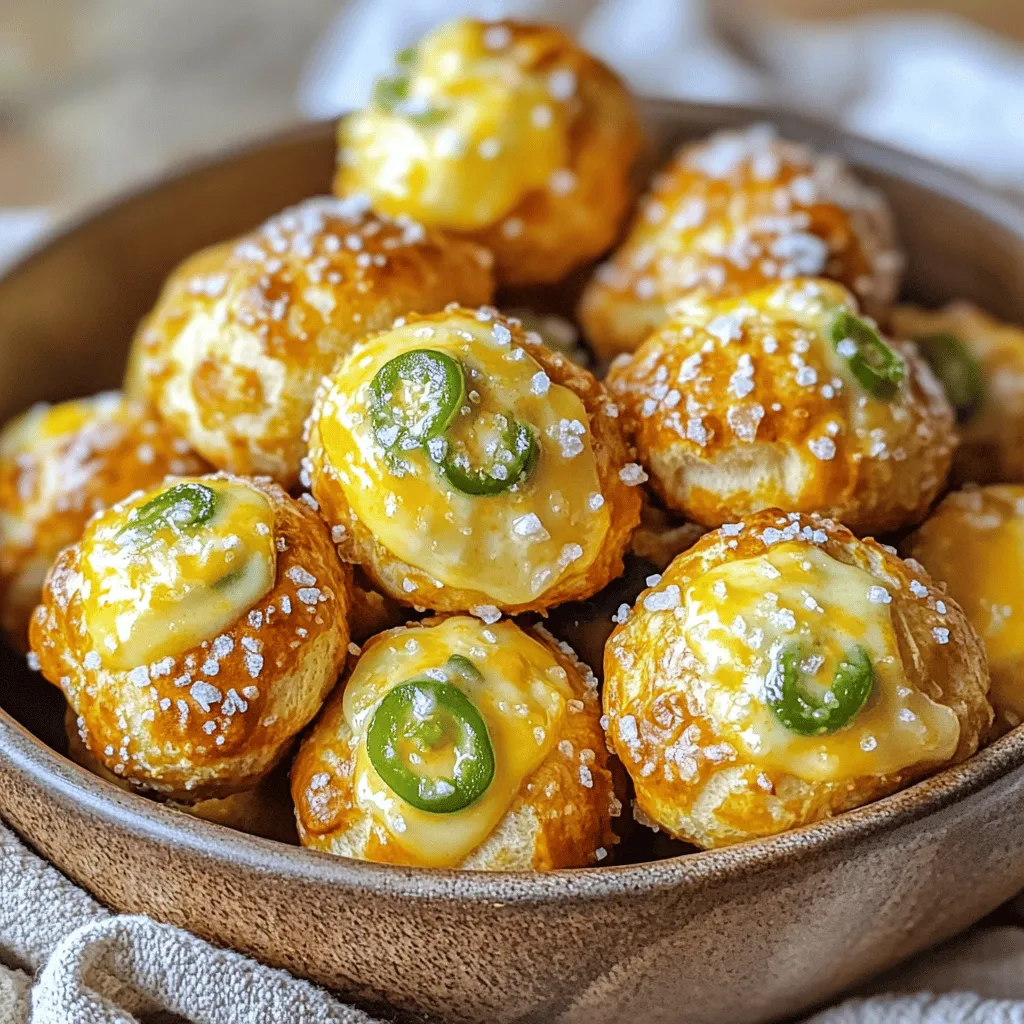 To make Air Fryer Jalapeño Cheddar Pretzel Bites, you need the following: - 1 ½ cups warm water (around 110°F/43°C) - 1 packet (2 ¼ teaspoons) active dry yeast - 1 tablespoon sugar - 4 cups all-purpose flour - ½ cup baking soda - 1 teaspoon salt - 1 cup sharp cheddar cheese, finely shredded - 2 jalapeños, seeds removed and finely chopped - Coarse sea salt for finishing - 1 egg, beaten (for egg wash) You can swap some ingredients if needed: - Use whole wheat flour for a healthier bite. - If you don’t have jalapeños, try green bell peppers. - Use a different cheese, like pepper jack, for a spicy twist. - For a vegan option, use a flax egg instead of the real egg. Quality makes a big difference in flavor. Here’s what to look for: - Choose fresh jalapeños; they should be firm and bright. - Select sharp cheddar for a bold taste; it enhances the bites. - Use active dry yeast that is not expired for best results. - Opt for unbleached all-purpose flour for better texture and taste. By focusing on these quality ingredients, you set the stage for delicious pretzel bites that impress. To start, grab a large mixing bowl. Pour in 1 ½ cups of warm water. The water should feel warm, like a cozy bath, around 110°F. Add 1 tablespoon of sugar to the water. This sugar feeds the yeast. Next, sprinkle 1 packet of active dry yeast over the top. Stir gently. Let it sit for about 5 minutes. You want it to become frothy and bubbly. This means your yeast is activated and ready to work. Now, let’s mix the dough. Slowly add 4 cups of all-purpose flour and 1 teaspoon of salt to the yeast mixture. Use your hands or a wooden spoon to mix until a rough dough forms. Then, it's time to add flavor! Fold in 1 cup of finely shredded sharp cheddar cheese and 2 finely chopped jalapeños. Make sure they’re spread evenly throughout the dough. This will give your bites that tasty kick! Once your dough is ready, it needs to rise. Cover the bowl with a damp cloth. Place it in a warm spot for about 30 minutes. You want it to double in size. After that, punch the dough down to release the air. Now, divide it into small pieces, about the size of a marble. Roll each piece into a small log shape or twist the ends together for classic pretzel shapes. For simpler bites, leave them as logs. Next, we prepare the baking soda solution. In a separate bowl, dissolve ½ cup of baking soda in a cup of hot water. Dip each pretzel bite in this solution for about 30 seconds. This step is key for that beautiful golden color. After soaking, place them on a lightly greased surface. Finally, brush each bite with a beaten egg for shine. Sprinkle coarse sea salt over them. Now they are ready to air fry! Place them in a single layer in the air fryer basket. Make sure not to overcrowd them. Air fry for 8-10 minutes. When they turn golden brown, they are done! Let them cool slightly on a wire rack before serving. Enjoy these delightful bites warm and fresh! To make great pretzel bites, the dough needs the right feel. It should be soft and slightly sticky. When mixing, add flour slowly to avoid a dry dough. If it's too sticky, sprinkle a little more flour while kneading. Knead the dough for about five minutes. This helps develop gluten, giving your bites that chewy texture we love. Air frying is fast and fun! Always preheat your air fryer to 375°F (190°C). This step makes sure your bites cook evenly. Don't overcrowd the basket. Give them space to puff up. Cook in batches if needed. Keep an eye on them; they usually take 8-10 minutes. Look for that golden brown color! Serving can be part of the fun! Place your pretzel bites on a rustic board. A basket lined with parchment paper makes for a nice touch too. Pair them with zesty mustard or spicy cheese sauce. These dips enhance the flavor and add a tasty kick. Enjoy them warm for the best experience! {{image_4}} If you love heat, add more jalapeños! Try using a mix of fresh and pickled jalapeños for a tangy kick. You can also add diced serrano peppers or a splash of hot sauce to the dough. This adds fire and flavor, making your pretzel bites even more exciting. Want a twist on the cheese? Swap sharp cheddar for pepper jack or gouda. You can also mix in fresh herbs, like rosemary or thyme. These herbs add a great aroma and taste. For a richer flavor, consider using a blend of cheeses, such as cream cheese or feta. To make these pretzel bites gluten-free, use a gluten-free flour blend. Look for one that contains xanthan gum; it helps the dough rise. For a vegan version, replace the egg wash with plant milk. You can also use vegan cheese instead of cheddar. These swaps keep the taste fantastic while catering to different diets. To keep your pretzel bites fresh, store them in an airtight container. Let them cool first. This keeps them from getting soggy. If you have leftover pretzel bites, place a paper towel on the bottom of the container. This helps absorb any moisture. Store them at room temperature for up to two days. For longer storage, consider freezing. Reheat pretzel bites for the best taste. Use your air fryer to bring back their crunch. Set the air fryer to 350°F (175°C). Heat for about 3-5 minutes. This will keep them warm and crisp. If you don’t have an air fryer, use the oven. Preheat it to 350°F (175°C) and bake for 5-7 minutes. Freezing is a great way to save pretzel bites. After shaping and egg washing, place them on a baking sheet. Freeze them for about an hour until firm. Then, transfer them to a freezer bag. They can last up to three months in the freezer. When you want to eat them, no need to thaw. Just air fry them straight from the freezer for about 10-12 minutes. Enjoy freshly made bites again! You can tell if the yeast is activated when it becomes frothy. After mixing the warm water and sugar, sprinkle the yeast on top. Wait about five minutes. If the mixture bubbles up, your yeast is ready. This means it can help your dough rise well. If it doesn’t froth, your yeast may be old. Try with fresh yeast for best results. Yes, you can make the dough ahead of time. After mixing the dough, let it rise as usual. Once it has doubled in size, cover it and place it in the fridge. This keeps the dough fresh for up to 24 hours. When you’re ready to bake, just take it out, shape the bites, and let them rest. This saves time on busy days. Most air fryers work well for this recipe. I recommend models with adjustable temperature settings. Look for a basket style that allows air to flow around the pretzel bites. This helps them cook evenly. Brands like Philips, Cosori, and Ninja are great choices. Always check the size of your air fryer. Make sure it fits all the pretzel bites in a single layer for best results. In this article, we explored how to make delicious pretzel bites from scratch. We covered essential ingredients, tips for selecting quality items, and substitutions. I detailed each step of the process, from activating yeast to shaping the dough. You learned key techniques for air frying and serving your pretzel bites. With variations for spice lovers and those needing gluten-free options, there's something for everyone. Remember, storing and reheating your pretzels correctly ensures you enjoy them longer. Dive into this fun recipe, and enjoy your tasty creation!